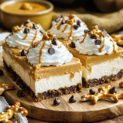 Here’s what you need to whip up these no-bake peanut butter pretzel cheesecake bars: - 1 ½ cups crushed pretzels - ½ cup unsalted butter, melted - ⅓ cup brown sugar - 1 cup cream cheese, softened - 1 cup smooth peanut butter - 1 cup powdered sugar - 1 teaspoon vanilla extract - ¾ cup whipped cream (store-bought or homemade) - ¼ cup chocolate chips (optional) - Extra pretzel pieces for topping (optional) Each ingredient plays a key role. The crushed pretzels give a salty crunch. The melted butter helps bind the crust. Brown sugar adds a slight caramel note. Cream cheese and peanut butter create a rich filling. Powdered sugar sweetens it. Vanilla extract gives a warm touch. Whipped cream keeps the filling light and fluffy. Feel free to add chocolate chips for extra sweetness. Extra pretzel pieces on top make for a fun crunch. 1. In a large bowl, combine the crushed pretzels, melted butter, and brown sugar. 2. Stir until the mixture resembles wet sand. 3. Press the pretzel mixture firmly into the bottom of a lined 9x9 inch baking pan. 4. Use the back of a measuring cup or your hands to pack it down tightly. 1. In another bowl, mix the softened cream cheese, smooth peanut butter, powdered sugar, and vanilla extract. 2. Use an electric mixer to blend until smooth and creamy. 3. Gently fold in the whipped cream until just combined. This keeps it light and fluffy. 1. Spread the peanut butter cheesecake mixture evenly over the pretzel crust. 2. Use a spatula to smooth the top. 3. If you want, sprinkle chocolate chips and extra pretzel pieces on top. 4. Cover the pan with plastic wrap and refrigerate for at least 4 hours, or until set. 5. For best results, let it chill overnight. 6. Once set, remove it from the pan, slice into bars, and serve chilled. To get a creamy filling, start with softened cream cheese. This helps it blend smoothly with the peanut butter. Mix these two ingredients first before adding the powdered sugar and vanilla. This step makes the filling rich and velvety. When folding in whipped cream, be gentle. Use a spatula and scoop from the bottom up. This keeps the air in the whipped cream, making your filling light and fluffy. Do not stir too hard; you want to maintain that lovely texture. For a stunning display, slice the bars neatly and place them on a pretty serving dish. Drizzle some extra peanut butter and chocolate sauce on top. This adds color and a touch of flair. Garnish with whole pretzels for that wow factor. Pair these cheesecake bars with a cold glass of milk or a hot cup of coffee. The flavors work well together. You might also serve them with fresh fruit, like strawberries or bananas, for a refreshing contrast. {{image_2}} You can switch up the flavors in these cheesecake bars easily. Try using different nut butters like almond or cashew. They add a unique taste and pair well with pretzels. You can also mix in chocolate. Melt some chocolate and swirl it into the cheesecake filling. This gives a rich flavor that many love. If you enjoy caramel, drizzle it over the top before chilling. It adds sweetness and a nice look. For a vegan version, use dairy-free cream cheese and nut butter. You can swap the whipped cream for coconut cream. This keeps the bars light and tasty. If you need gluten-free options, use gluten-free pretzels. Just check the labels to ensure they are safe. For nut allergies, try sun butter instead of peanut butter. These adjustments keep the bars delicious while meeting dietary needs. To keep your no-bake peanut butter pretzel cheesecake bars fresh, store them in the fridge. Use an airtight container or cover the baking pan tightly with plastic wrap. This prevents them from absorbing other smells in the fridge. They stay good for about 5 days. The flavors will meld beautifully during this time, making each bite even better. You can also freeze these bars if you want to enjoy them later. Cut the bars into slices before freezing. Wrap each piece in plastic wrap, then place them in a freezer-safe bag. This helps keep the texture and flavor intact. To thaw, take them out and let them sit in the fridge for a few hours. Avoid microwaving, as this can change the creamy texture. Enjoy your delicious bars at any time! How long do I need to chill the bars? Chill the bars for at least 4 hours. For the best taste and texture, let them chill overnight. This time allows the filling to set properly. Can I use crunchy peanut butter instead of smooth? Yes, you can use crunchy peanut butter. It adds a nice texture and extra flavor. Just keep in mind that it will change the creaminess of the bars a bit. What to do if the bars are too soft? If the bars are too soft, they might need more time in the fridge. If they still do not firm up, you can add more whipped cream to the mixture. This can help thicken the filling. How to fix a crust that crumbles? If the crust crumbles, it may need more butter. Melt a bit more butter and mix it with the crust. Press it down firmly again in the pan. This will help it hold together better. In this post, we covered how to make delicious cheesecake bars using pretzels and peanut butter. We discussed each step, from making the crust to adding the filling. I shared tips for the perfect texture and serving ideas to impress your guests. Remember, you can also make flavor variations and adjust for dietary needs. Store them properly to keep them fresh. These bars are not just easy to make; they are fun to enjoy! Now, grab your ingredients and start creating something special.