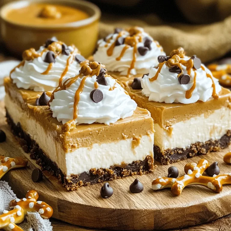 Here’s what you need to whip up these no-bake peanut butter pretzel cheesecake bars: - 1 ½ cups crushed pretzels - ½ cup unsalted butter, melted - ⅓ cup brown sugar - 1 cup cream cheese, softened - 1 cup smooth peanut butter - 1 cup powdered sugar - 1 teaspoon vanilla extract - ¾ cup whipped cream (store-bought or homemade) - ¼ cup chocolate chips (optional) - Extra pretzel pieces for topping (optional) Each ingredient plays a key role. The crushed pretzels give a salty crunch. The melted butter helps bind the crust. Brown sugar adds a slight caramel note. Cream cheese and peanut butter create a rich filling. Powdered sugar sweetens it. Vanilla extract gives a warm touch. Whipped cream keeps the filling light and fluffy. Feel free to add chocolate chips for extra sweetness. Extra pretzel pieces on top make for a fun crunch. 1. In a large bowl, combine the crushed pretzels, melted butter, and brown sugar. 2. Stir until the mixture resembles wet sand. 3. Press the pretzel mixture firmly into the bottom of a lined 9x9 inch baking pan. 4. Use the back of a measuring cup or your hands to pack it down tightly. 1. In another bowl, mix the softened cream cheese, smooth peanut butter, powdered sugar, and vanilla extract. 2. Use an electric mixer to blend until smooth and creamy. 3. Gently fold in the whipped cream until just combined. This keeps it light and fluffy. 1. Spread the peanut butter cheesecake mixture evenly over the pretzel crust. 2. Use a spatula to smooth the top. 3. If you want, sprinkle chocolate chips and extra pretzel pieces on top. 4. Cover the pan with plastic wrap and refrigerate for at least 4 hours, or until set. 5. For best results, let it chill overnight. 6. Once set, remove it from the pan, slice into bars, and serve chilled. To get a creamy filling, start with softened cream cheese. This helps it blend smoothly with the peanut butter. Mix these two ingredients first before adding the powdered sugar and vanilla. This step makes the filling rich and velvety. When folding in whipped cream, be gentle. Use a spatula and scoop from the bottom up. This keeps the air in the whipped cream, making your filling light and fluffy. Do not stir too hard; you want to maintain that lovely texture. For a stunning display, slice the bars neatly and place them on a pretty serving dish. Drizzle some extra peanut butter and chocolate sauce on top. This adds color and a touch of flair. Garnish with whole pretzels for that wow factor. Pair these cheesecake bars with a cold glass of milk or a hot cup of coffee. The flavors work well together. You might also serve them with fresh fruit, like strawberries or bananas, for a refreshing contrast. {{image_2}} You can switch up the flavors in these cheesecake bars easily. Try using different nut butters like almond or cashew. They add a unique taste and pair well with pretzels. You can also mix in chocolate. Melt some chocolate and swirl it into the cheesecake filling. This gives a rich flavor that many love. If you enjoy caramel, drizzle it over the top before chilling. It adds sweetness and a nice look. For a vegan version, use dairy-free cream cheese and nut butter. You can swap the whipped cream for coconut cream. This keeps the bars light and tasty. If you need gluten-free options, use gluten-free pretzels. Just check the labels to ensure they are safe. For nut allergies, try sun butter instead of peanut butter. These adjustments keep the bars delicious while meeting dietary needs. To keep your no-bake peanut butter pretzel cheesecake bars fresh, store them in the fridge. Use an airtight container or cover the baking pan tightly with plastic wrap. This prevents them from absorbing other smells in the fridge. They stay good for about 5 days. The flavors will meld beautifully during this time, making each bite even better. You can also freeze these bars if you want to enjoy them later. Cut the bars into slices before freezing. Wrap each piece in plastic wrap, then place them in a freezer-safe bag. This helps keep the texture and flavor intact. To thaw, take them out and let them sit in the fridge for a few hours. Avoid microwaving, as this can change the creamy texture. Enjoy your delicious bars at any time! How long do I need to chill the bars? Chill the bars for at least 4 hours. For the best taste and texture, let them chill overnight. This time allows the filling to set properly. Can I use crunchy peanut butter instead of smooth? Yes, you can use crunchy peanut butter. It adds a nice texture and extra flavor. Just keep in mind that it will change the creaminess of the bars a bit. What to do if the bars are too soft? If the bars are too soft, they might need more time in the fridge. If they still do not firm up, you can add more whipped cream to the mixture. This can help thicken the filling. How to fix a crust that crumbles? If the crust crumbles, it may need more butter. Melt a bit more butter and mix it with the crust. Press it down firmly again in the pan. This will help it hold together better. In this post, we covered how to make delicious cheesecake bars using pretzels and peanut butter. We discussed each step, from making the crust to adding the filling. I shared tips for the perfect texture and serving ideas to impress your guests. Remember, you can also make flavor variations and adjust for dietary needs. Store them properly to keep them fresh. These bars are not just easy to make; they are fun to enjoy! Now, grab your ingredients and start creating something special.