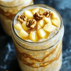 - 1 cup rolled oats - 2 cups almond milk (or any milk of choice) - 1 tablespoon chia seeds - 1 teaspoon vanilla extract - 1 teaspoon ground cinnamon - 2 tablespoons maple syrup (or honey) - 1 apple, diced (preferably a sweet variety) - 1/4 cup walnuts or pecans, chopped - A pinch of salt When making cinnamon roll overnight oats, the ingredients are key. I use rolled oats for their texture. Almond milk makes it creamy, but any milk works. Chia seeds add fiber and help thicken the oats. Vanilla extract gives a warm flavor, while ground cinnamon is a must for that sweet roll vibe. Maple syrup or honey sweetens the dish. I love using a sweet apple, like Fuji or Honeycrisp, for added flavor. Chopped walnuts or pecans give a nice crunch. Finally, a pinch of salt balances all these flavors. - Calories per serving: Approximately 350 - Macronutrient breakdown: About 10g protein, 50g carbs, 15g fat - Health benefits of key ingredients: - Rolled oats: High in fiber, good for digestion. - Chia seeds: Packed with omega-3s and protein. - Apples: Great source of vitamins and antioxidants. - Nuts: Provide healthy fats and protein. These ingredients not only taste great but also offer great nutrition. Eating this dish helps you start your day right! - Combining the base ingredients Start by taking a large mixing bowl or a mason jar. Add 1 cup of rolled oats. Pour in 2 cups of almond milk. Then, add 1 tablespoon of chia seeds. Next, include 1 teaspoon of vanilla extract and 1 teaspoon of ground cinnamon. Finally, add 2 tablespoons of maple syrup and a pinch of salt. Mix all these ingredients well. Ensure that the oats are fully coated in the liquid. - Incorporating fruits and nuts Once your base is ready, gently fold in 1 diced apple and 1/4 cup of chopped walnuts or pecans. This step adds great flavor and texture. Save a few nuts and apple pieces for topping later. - Sealing and refrigerating Cover your bowl or seal your jar with a lid. Place it in the refrigerator overnight. If you’re short on time, let it chill for at least 4 hours. This soaking time allows the oats to soften and absorb the flavors. - Stirring before serving The next morning, take your oats out of the fridge. Give the mixture a good stir. If it looks too thick, add a splash of milk to reach your preferred consistency. - Portioning into bowls or jars Serve the oats in bowls or jars. This makes for a fun presentation. You can layer the oats or simply place them in your favorite dish. - Suggested toppings and garnishes Top your oats with the reserved diced apple and chopped nuts. For extra flavor, sprinkle a bit more cinnamon on top. You can also drizzle a bit of maple syrup or add a dollop of yogurt for creaminess. Enjoy your delicious cinnamon roll overnight oats! - Importance of soaking time: Soaking oats overnight is key. It helps them absorb the liquid. This makes the oats soft and creamy. If you soak them for less time, they may be gritty. - Adjusting consistency with milk: If your oats seem too thick in the morning, add more milk. Stir well to mix it in. This small step makes them nice and smooth. - Using ripe fruits for sweetness: Choose ripe apples for your oats. They add natural sweetness. If your apples are not sweet enough, consider adding a bit more maple syrup. - Alternative sweeteners: You can swap maple syrup for honey or agave syrup. Each option gives a different taste. Experiment to find your favorite. - Additional spices and extracts: Try adding nutmeg or ginger for extra flavor. A splash of almond or coconut extract can also enhance the taste. - Customizing with different fruits or nuts: Feel free to switch the apple for bananas or berries. You could also add almonds or pecans instead of walnuts. This lets you create your own unique version. {{image_2}} You can change the taste of your cinnamon roll overnight oats in fun ways. Here are a few ideas: - Pumpkin spice version: Add 1/2 cup of pumpkin puree to the base. Mix in pumpkin pie spice instead of cinnamon. This adds warmth and a fall vibe. - Chocolate chip cinnamon rolls: Stir in 1/4 cup of mini chocolate chips before chilling. This gives a sweet twist that kids love. - Berry-infused overnight oats: Replace the apple with 1/2 cup of mixed berries. You can use fresh or frozen. This adds tartness and color. You can also adjust the recipe to fit your diet: - Gluten-free alternatives: Use certified gluten-free rolled oats. This way, you can still enjoy oats if you're avoiding gluten. - Vegan substitutions: Substitute almond milk with any plant-based milk. Replace honey with maple syrup to keep it vegan. - Low-sugar options: Reduce the maple syrup to 1 tablespoon. You can also use a sugar substitute like stevia for sweetness without extra calories. To keep your cinnamon roll overnight oats fresh, use mason jars or airtight containers. These containers help seal in flavors and moisture. You can store oats in the fridge for up to five days. Look for signs of freshness. If you see any mold or an off smell, it’s time to toss them out. The oats should stay creamy and flavorful if stored properly. You can enjoy your oats cold right out of the fridge. If you prefer warm oats, use the microwave. Heat them in short bursts of 30 seconds. Stir between bursts to avoid hot spots. If you find your oats too thick after reheating, add a splash of almond milk. This will help you reach your desired texture. How long can I store cinnamon roll overnight oats? You can store these oats in the fridge for up to five days. Just keep them in a sealed container. This way, they will stay fresh and tasty. Can I use instant oats instead of rolled oats? Yes, you can use instant oats, but they may become mushy. Rolled oats hold their shape better and give a nice texture. What can I substitute for chia seeds? Try using flaxseeds or hemp seeds instead. Both add a similar texture and boost nutrition. How to make overnight oats in bulk? To make overnight oats in bulk, multiply the recipe. Use a large bowl or multiple jars. Just make sure to mix well and refrigerate. Can I freeze overnight oats? Yes, you can freeze overnight oats. Just use freezer-safe containers. They can last up to three months. Thaw them overnight in the fridge before eating. What’s the best way to sweeten my overnight oats? Maple syrup works great, but you can also use honey or agave syrup. Adjust the amount based on your taste. This blog post covered how to make delicious overnight oats. We explored the ingredients, from rolled oats to tasty fruits and nuts. You learned how to prepare, store, and serve your oats for the best results. I shared tips for texture and flavor, plus fun variations to try. Embrace these ideas to make your mornings brighter. Enjoy a healthy dish that fits your needs and tastes. Cooking should be fun and easy, so get started on your next breakfast adventure!