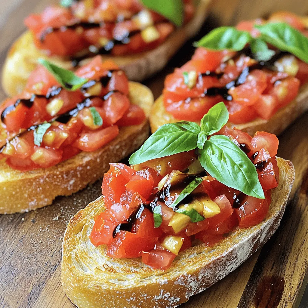 To make fresh tomato bruschetta, gather these ingredients: - 6 ripe tomatoes, diced - 1 cup fresh basil leaves, chopped - 3 cloves garlic, minced - 1/4 cup extra virgin olive oil - 2 tablespoons balsamic vinegar - Salt and pepper to taste - 1 French baguette, sliced into 1/2-inch pieces - 1/2 teaspoon red pepper flakes (optional) You can easily swap out some ingredients for a twist: - Use cherry tomatoes instead of larger ones for sweetness. - Substitute fresh basil with parsley or arugula. - Try lime juice instead of balsamic vinegar for a zesty kick. - Replace the French baguette with ciabatta or sourdough for new textures. - If you want to skip garlic, use garlic powder for a milder flavor. Choosing the right tomatoes makes your bruschetta shine. Here’s how: - Look for tomatoes that are firm but give slightly when pressed. - Choose tomatoes that are bright in color and free from blemishes. - Heirloom tomatoes offer great flavor and unique colors. - If you can, buy local tomatoes in season. They taste fresher and sweeter. - Smell the tomatoes; they should have a sweet and earthy scent. With these tips, your bruschetta will be fresh and delicious! Start by dicing 6 ripe tomatoes. I choose tomatoes that feel a bit soft. This gives a juicy mix. Next, chop 1 cup of fresh basil leaves. The smell of fresh basil is amazing! Then, mince 3 cloves of garlic. This adds a nice kick to your mix. In a mixing bowl, combine the diced tomatoes, chopped basil, and minced garlic. Pour in 1/4 cup of extra virgin olive oil and 2 tablespoons of balsamic vinegar. Add salt and pepper to taste. If you like heat, toss in 1/2 teaspoon of red pepper flakes. Gently toss everything together. Let the mixture sit for about 15 minutes. This helps the flavors blend well. While your tomato mix sits, preheat your oven to 400°F (200°C). Grab a French baguette and slice it into 1/2-inch pieces. Place the slices on a baking sheet. Brush one side of each slice lightly with olive oil. Bake the baguette slices for about 5-7 minutes. They should look crispy and golden brown. Halfway through, flip them for even toasting. Once done, let them cool a bit. Take the toasted baguette slices and place them on a serving board. Spoon the marinated tomato mixture onto the toasted side of each slice. Make sure to pile it high. For an extra touch, drizzle a little olive oil over the top. Serve the bruschetta right away. This way, you keep the bread crunchy and the tomatoes fresh. Enjoy your tasty appetizer! To make your bruschetta pop, try adding a few extras. Fresh mozzarella adds creaminess. Feta cheese gives a tangy kick. You can also mix in olives for a briny touch. For a unique twist, add diced avocados. They add creaminess and a rich flavor. If you like heat, sprinkle in more red pepper flakes. Fresh herbs like parsley or oregano can brighten the dish. The goal is to balance flavors and keep it fresh. You can prepare the tomato mixture a few hours before serving. Just mix the diced tomatoes, basil, garlic, olive oil, and vinegar. Season with salt and pepper, then cover it and chill. This helps the flavors blend. However, toast the baguette slices just before serving. Toasting them in advance can make them soft. Keeping the baguette crispy is key to a great bite. Presentation matters when serving bruschetta. Arrange it on a wooden board or colorful platter. This makes it look inviting. You can garnish with whole basil leaves for a pop of color. Serve extra balsamic vinegar and olive oil on the side. This allows guests to add more if they wish. For a fun twist, offer a selection of toppings. This way, everyone can customize their bruschetta. {{image_2}} Bruschetta is fun to change up! You can add many toppings to make it unique. Try adding cheese, like mozzarella or goat cheese, for a creamy twist. Avocado brings a rich, buttery flavor. You can also use roasted red peppers or artichokes for a tasty addition. Each topping adds its own flair. Using seasonal ingredients can take your bruschetta to the next level. In summer, include fresh corn or peaches for sweetness. Fall calls for roasted squash or pumpkin. In winter, think about using citrus fruits for brightness. Always pick what’s fresh for the best taste. Though a French baguette is classic, you have options. Try ciabatta or sourdough for a different texture. Gluten-free bread works well too. Even pita chips can be fun for a crunchy bite. Each bread gives a new taste and feel to your bruschetta, so experiment to find your favorite! To store leftover bruschetta, place it in an airtight container. Keep the tomato topping separate from the bread. This keeps the bread crisp. If you mix them, the bread will get soggy. Store the tomato mix in the fridge for up to three days. When storing the tomato mixture, use a clean, dry bowl. Cover it tightly with plastic wrap. This prevents air from getting in and keeps the flavors fresh. You can also add a little olive oil on top to seal in moisture. Make sure it cools to room temperature before storing. The shelf life of the components varies. Fresh tomatoes last about five days in the fridge. Basil stays fresh for about three days. Garlic can last up to a month if stored in a cool, dark place. The toasted baguette can be stored for two days in a bag. Always check for freshness before use! Yes, you can use canned tomatoes. However, fresh tomatoes taste best. Canned tomatoes may be softer and less flavorful. If you choose canned ones, pick high-quality, whole tomatoes. Drain the liquid before mixing them with other ingredients. This helps keep your bruschetta from getting watery. To keep bruschetta crispy, toast your bread well. Bake slices until they are golden and crunchy. Let the tomato mixture sit for a bit before adding it to the bread. This way, the bread absorbs less moisture. You can also spread a thin layer of cream cheese or ricotta on the bread. This acts as a barrier and keeps the bread from getting soggy. A light white wine pairs well with bruschetta. Look for a crisp Sauvignon Blanc or a dry Pinot Grigio. These wines enhance the fresh flavors of the tomatoes and basil. If you prefer red, try a light Chianti. Its acidity works nicely with the dish’s flavors. Enjoy your bruschetta with a glass of your favorite wine! In this post, we explored the best ingredients for bruschetta and their variations. We discussed how to prepare the tomato mix, toast the bread, and assemble the dish. You learned tips for bringing out flavors, storing leftovers, and even handling frequent questions. Remember that fresh ingredients give the best taste. Feel free to experiment with different types of bruschetta. Enjoy every bite and have fun making this tasty appetizer!