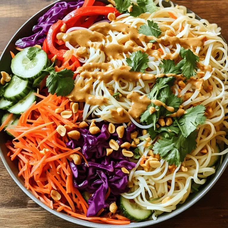 - 8 oz. rice noodles - 1 cup shredded carrots - 1 red bell pepper, thinly sliced - 1 cucumber, thinly sliced - 1 cup red cabbage, shredded - 1/4 cup fresh cilantro, chopped - 1/4 cup scallions, sliced - 1/2 cup roasted peanuts, roughly chopped In this salad, rice noodles are the star. They soak up the tasty dressing well. Shredded carrots add crunch and sweetness. The red bell pepper brings color and freshness. Cucumber adds a cool, crisp bite. Red cabbage offers a nice texture and vibrant hue. Fresh cilantro and scallions give it a burst of flavor. Lastly, roasted peanuts add a satisfying crunch. - 1/4 cup peanut butter (smooth or crunchy) - 2 tablespoons soy sauce (or tamari for gluten-free) - 2 tablespoons lime juice - 1 tablespoon honey or maple syrup - 1 teaspoon sesame oil - 1-2 teaspoons sriracha (adjust for spice preference) - 1-2 tablespoons water (to thin) The peanut dressing is key to this salad. Peanut butter provides a creamy base. Soy sauce or tamari adds saltiness and depth. Lime juice brightens the flavors, while honey or maple syrup brings sweetness. Sesame oil adds a touch of nuttiness. Sriracha gives a nice kick, so adjust it to your taste. Water helps to thin out the dressing, making it easy to mix. To cook rice noodles perfectly, start by boiling water in a large pot. Add the noodles and cook based on the package instructions. Usually, this takes about 4 to 6 minutes. Stir them gently to prevent sticking. Once they are soft, drain the noodles in a colander. Next, rinse the noodles under cold water. This stops the cooking process and cools them down quickly. Spread them out on a clean surface to make sure they don't clump together. Set the noodles aside while you prepare the dressing and veggies. Now, let's make the peanut dressing. In a medium bowl, add 1/4 cup of peanut butter. Then, pour in 2 tablespoons of soy sauce and 2 tablespoons of lime juice. Next, add 1 tablespoon of honey or maple syrup for sweetness. Include 1 teaspoon of sesame oil for depth. If you like a bit of heat, add 1 to 2 teaspoons of sriracha. Now, whisk everything together until smooth. If it's too thick, add water, a tablespoon at a time, until it reaches your desired consistency. You want it creamy but pourable. In a large bowl, combine the cooled rice noodles with shredded carrots, sliced red bell pepper, cucumber, and red cabbage. Sprinkle some chopped cilantro and scallions in too. Drizzle the peanut dressing over the noodle and veggie mix. Gently toss everything together. Make sure every piece is coated in that tasty dressing. Finally, sprinkle chopped peanuts on top for crunch. If you have extra cilantro or peanuts, feel free to add those on top for a lovely garnish. Chill the salad in the fridge for at least 15 minutes. This helps the flavors blend and makes it even more delicious! Adjust the dressing to your taste. Start with the base recipe. If you love spice, add more sriracha. For a sweeter flavor, add extra honey or maple syrup. Keep tasting as you mix. This makes sure you enjoy every bite. Mix the ingredients evenly. After combining the noodles and veggies, pour the dressing over them. Toss gently. Use your hands or tongs to mix well. This way, every piece gets coated with flavor. If you see dry spots, give it another toss. Store the salad in an airtight container. This keeps it fresh and tasty. You can keep it in the fridge for up to three days. If you want to store leftovers, keep the dressing separate. This helps prevent sogginess. To keep the dressing fresh, store it in a small jar. Seal it tightly and place it in the fridge. It should last for about a week. If it thickens, just stir in a little water to thin it out. Pair your noodle salad with protein. Grilled chicken, shrimp, or tofu work well. They add extra flavors and nutrients. You can also serve it with spring rolls for a fun meal. Get creative with presentation. Use a large bowl for sharing. Garnish with extra peanuts and cilantro on top. For individual servings, use small bowls or plates. This makes each guest feel special. {{image_2}} For a gluten-free option, use rice noodles. You can also choose tamari instead of soy sauce. This keeps the bright flavors while catering to dietary needs. If you want to customize your salad, try different veggies. You can use bell peppers, snap peas, or even shredded broccoli. Each adds a unique crunch and taste. Adding protein makes this salad more filling. You can use chicken, shrimp, or tofu. For chicken, grill or bake it until fully cooked. Slice it thinly and toss it into the salad. If using shrimp, sauté them for a few minutes until pink. For tofu, press it to remove excess water, then pan-fry until crispy. You can enhance the flavor of the salad easily. Try adding spices like ginger or garlic. Fresh herbs like mint or basil also work well. Incorporating toppings like sesame seeds or crunchy fried onions adds texture. These small changes can make your salad even more exciting. After enjoying your Thai peanut noodle salad, store any leftovers in the fridge. Use an airtight container for best results. This keeps the salad fresh and tasty. Make sure to separate the dressing from the salad. This helps prevent the noodles and veggies from getting soggy. If you want to freeze components, do it wisely. Freeze the dressing in ice cube trays. This way, you can use just what you need later. For the noodles, place them in a zip-top bag. Remove as much air as possible before sealing. This keeps them from freezing in clumps. The salad can last up to three days in the refrigerator. The dressing can last about a week. Keep an eye out for any changes in smell or texture. If the salad looks wilted or slimy, it’s best to toss it. Check for a sour smell as another sign it has gone bad. Always trust your senses when it comes to food safety. Keeping track of how long you’ve stored the salad can help you enjoy it at its best. Yes, you can make this salad ahead of time. To do this, cook your rice noodles and prepare the dressing. Keep the noodles and dressing separate until you are ready to serve. This way, the noodles stay fresh. You can mix the veggies and noodles the night before. Just make sure to store them in the fridge. To make the salad vegan, swap honey for maple syrup. Use tamari instead of soy sauce for gluten-free needs. The peanut butter is usually vegan, so you don’t need to change that. This keeps all the great flavors while making it plant-based. If you don’t have sriracha, try chili paste or hot sauce. You can also use crushed red pepper flakes for some heat. For a milder version, skip the spice altogether. This keeps the salad tasty and suits your taste buds. This Thai Peanut Noodle Salad is a mix of fresh veggies and a rich dressing. You learned how to cook rice noodles, make a delicious peanut dressing, and combine everything perfectly. Don't forget the tips for storage and serving. By trying variations, you can make this salad your own. Enjoy the balance of flavors, and feel free to get creative with your ingredients. This salad is fun to make and even better to eat. Explore different proteins and spices for an extra twist!