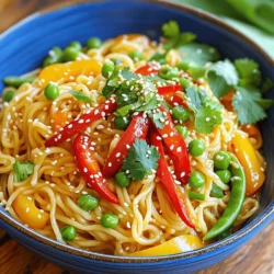 To make Spicy Garlic Chili Noodles, gather these ingredients: - 200g noodles (your choice: egg, rice, or whole wheat) - 4 tablespoons vegetable oil - 5 cloves garlic, minced - 2 red chili peppers, sliced - 2 tablespoons soy sauce - 1 tablespoon chili paste - 1 tablespoon tamari or coconut aminos (for gluten-free) - 1 teaspoon sesame oil - 1 bell pepper, julienned - 1 cup snap peas - 3 green onions, sliced - 1 tablespoon sesame seeds (for garnish) - Fresh cilantro (for garnish) You can swap some ingredients for variety: - Noodles: Use any noodles you prefer. Zucchini noodles are a great low-carb option. - Vegetable oil: Olive oil or peanut oil can work well. - Soy sauce: Use tamari for gluten-free or coconut aminos for a sweeter taste. - Chili peppers: Add jalapeños for a different heat level or omit for milder noodles. To keep your ingredients fresh: - Store garlic in a cool, dark place. Use it within a week for the best flavor. - Choose firm, bright bell peppers and snap peas. They should feel crisp. - Keep your fresh herbs like cilantro in a glass of water in the fridge. It helps them stay fresh longer. First, cook 200g of noodles. You can use egg, rice, or whole wheat. Follow the package instructions. Once cooked, drain the noodles and rinse them under cold water. This stops the cooking process. Set the noodles aside for later. Next, grab a large skillet or wok. Heat 4 tablespoons of vegetable oil over medium heat. Add 5 cloves of minced garlic and 2 sliced red chili peppers. Sauté this mixture for about 1-2 minutes. The garlic should smell great and turn slightly golden. Now, toss in 1 julienned bell pepper and 1 cup of snap peas. Fry the veggies for about 3-4 minutes. You want them to soften but still have a nice crunch. This adds color and texture to your dish. It’s time to add the cooked noodles. Stir in 2 tablespoons of soy sauce, 1 tablespoon of chili paste, and 1 tablespoon of tamari or coconut aminos. Mix everything well. Make sure the noodles are coated in that spicy sauce. This is where the magic happens! To finish, drizzle 1 teaspoon of sesame oil over the noodles. Toss everything again for good measure. Plate your spicy garlic chili noodles and garnish with sliced green onions, sesame seeds, and fresh cilantro. Enjoy this simple yet flavorful dish! To change the spice in your spicy garlic chili noodles, consider these steps: - Use fewer chili peppers. Start with one and taste. - Add more chili paste if you like it hot. - Try adding a bit of sugar. It can balance the heat. - Use milder chili varieties like Anaheim peppers for less spice. This way, you can find the heat level that feels right for you. If you have leftovers, store them properly to keep them fresh. Here are some quick tips: - Place the noodles in an airtight container. - Store them in the fridge for up to three days. - Keep the sauce separate if possible. It helps the noodles from getting too soggy. When you’re ready to eat, just reheat them on the stove or in the microwave. Here are a few common mistakes to steer clear of when making spicy garlic chili noodles: - Overcooking the noodles can make them mushy. Cook them just until tender. - Not rinsing the noodles can lead to clumping. Rinse under cold water after cooking. - Skipping the garlic oil step can miss out on flavor. The garlic adds a strong taste. - Forgetting to toss the noodles well can leave some dry. Make sure every noodle is coated. Avoid these mistakes, and your dish will be flavorful and enjoyable! {{image_2}} To make Spicy Garlic Chili Noodles vegetarian or vegan, swap out the sauces. Use tamari or coconut aminos. These options keep the dish rich in flavor without using soy sauce. You can also add extra veggies like mushrooms or carrots. They add great texture and taste. Adding protein makes this dish heartier. Chicken is a great choice. Simply slice it thin and cook it with the garlic oil. Tofu works well too. Use firm tofu for the best results. Cut it into cubes and fry until golden. Shrimp is another tasty add-in. Cook them until they turn pink. Each protein choice will bring its own flavor to the noodles. For a gluten-free version, choose rice noodles. They work perfectly with the spicy sauce. Check your soy sauce or chili paste for gluten. Tamari is a great gluten-free soy sauce. Coconut aminos is another good option. Both keep the dish flavorful without gluten. Always read labels to ensure they fit your needs. To keep your spicy garlic chili noodles fresh, place them in an airtight container. This helps prevent moisture and keeps them tasty. Make sure they cool down before storing. You can store them in the fridge for up to three days. If you want to store them longer, freezing is a great option. When you're ready to eat, you can reheat the noodles. Use a microwave or a skillet. If using a microwave, heat them for 1-2 minutes. Stir halfway to warm evenly. In a skillet, add a splash of water or oil. Heat on medium until hot, stirring often. This keeps the noodles nice and moist. To freeze your spicy garlic chili noodles, let them cool completely. Then, place them in a freezer-safe container or bag. Make sure to remove as much air as possible. Label the container with the date. You can freeze them for up to three months. When you're ready to enjoy, thaw in the fridge overnight before reheating. You can use any noodles you like. I often choose egg, rice, or whole wheat noodles. Egg noodles add a nice richness. Rice noodles soak up flavors well. Whole wheat noodles give a hearty bite. Choose based on your taste and what you have on hand. Yes, you can prep this dish in advance. Cook the noodles and store them in the fridge. Keep the sauce and veggies separate. When you’re ready to eat, heat everything together. This keeps the noodles from getting mushy. You can add several sauces for more depth. Try hoisin sauce for sweetness. Sriracha adds heat if you like it spicy. A splash of lime juice brightens the dish. Experiment with what you enjoy to make it your own. Absolutely! This dish is perfect for meal prep. It stores well and reheats easily. Portion it into containers for quick meals. Just follow the storage tips to keep it fresh and tasty. This guide covered all you need for Spicy Garlic Chili Noodles. We discussed ingredients, cooking steps, and tips to enhance your dish. You can easily swap ingredients or adjust spice levels to suit your taste. Remember to store leftovers properly and avoid common mistakes for the best results. Cooking can be fun and creative. With these tips, you can enjoy a delicious meal anytime. Now, go ahead and make this noodle dish your own!