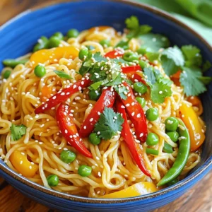 To make Spicy Garlic Chili Noodles, gather these ingredients: - 200g noodles (your choice: egg, rice, or whole wheat) - 4 tablespoons vegetable oil - 5 cloves garlic, minced - 2 red chili peppers, sliced - 2 tablespoons soy sauce - 1 tablespoon chili paste - 1 tablespoon tamari or coconut aminos (for gluten-free) - 1 teaspoon sesame oil - 1 bell pepper, julienned - 1 cup snap peas - 3 green onions, sliced - 1 tablespoon sesame seeds (for garnish) - Fresh cilantro (for garnish) You can swap some ingredients for variety: - Noodles: Use any noodles you prefer. Zucchini noodles are a great low-carb option. - Vegetable oil: Olive oil or peanut oil can work well. - Soy sauce: Use tamari for gluten-free or coconut aminos for a sweeter taste. - Chili peppers: Add jalapeños for a different heat level or omit for milder noodles. To keep your ingredients fresh: - Store garlic in a cool, dark place. Use it within a week for the best flavor. - Choose firm, bright bell peppers and snap peas. They should feel crisp. - Keep your fresh herbs like cilantro in a glass of water in the fridge. It helps them stay fresh longer. First, cook 200g of noodles. You can use egg, rice, or whole wheat. Follow the package instructions. Once cooked, drain the noodles and rinse them under cold water. This stops the cooking process. Set the noodles aside for later. Next, grab a large skillet or wok. Heat 4 tablespoons of vegetable oil over medium heat. Add 5 cloves of minced garlic and 2 sliced red chili peppers. Sauté this mixture for about 1-2 minutes. The garlic should smell great and turn slightly golden. Now, toss in 1 julienned bell pepper and 1 cup of snap peas. Fry the veggies for about 3-4 minutes. You want them to soften but still have a nice crunch. This adds color and texture to your dish. It’s time to add the cooked noodles. Stir in 2 tablespoons of soy sauce, 1 tablespoon of chili paste, and 1 tablespoon of tamari or coconut aminos. Mix everything well. Make sure the noodles are coated in that spicy sauce. This is where the magic happens! To finish, drizzle 1 teaspoon of sesame oil over the noodles. Toss everything again for good measure. Plate your spicy garlic chili noodles and garnish with sliced green onions, sesame seeds, and fresh cilantro. Enjoy this simple yet flavorful dish! To change the spice in your spicy garlic chili noodles, consider these steps: - Use fewer chili peppers. Start with one and taste. - Add more chili paste if you like it hot. - Try adding a bit of sugar. It can balance the heat. - Use milder chili varieties like Anaheim peppers for less spice. This way, you can find the heat level that feels right for you. If you have leftovers, store them properly to keep them fresh. Here are some quick tips: - Place the noodles in an airtight container. - Store them in the fridge for up to three days. - Keep the sauce separate if possible. It helps the noodles from getting too soggy. When you’re ready to eat, just reheat them on the stove or in the microwave. Here are a few common mistakes to steer clear of when making spicy garlic chili noodles: - Overcooking the noodles can make them mushy. Cook them just until tender. - Not rinsing the noodles can lead to clumping. Rinse under cold water after cooking. - Skipping the garlic oil step can miss out on flavor. The garlic adds a strong taste. - Forgetting to toss the noodles well can leave some dry. Make sure every noodle is coated. Avoid these mistakes, and your dish will be flavorful and enjoyable! {{image_2}} To make Spicy Garlic Chili Noodles vegetarian or vegan, swap out the sauces. Use tamari or coconut aminos. These options keep the dish rich in flavor without using soy sauce. You can also add extra veggies like mushrooms or carrots. They add great texture and taste. Adding protein makes this dish heartier. Chicken is a great choice. Simply slice it thin and cook it with the garlic oil. Tofu works well too. Use firm tofu for the best results. Cut it into cubes and fry until golden. Shrimp is another tasty add-in. Cook them until they turn pink. Each protein choice will bring its own flavor to the noodles. For a gluten-free version, choose rice noodles. They work perfectly with the spicy sauce. Check your soy sauce or chili paste for gluten. Tamari is a great gluten-free soy sauce. Coconut aminos is another good option. Both keep the dish flavorful without gluten. Always read labels to ensure they fit your needs. To keep your spicy garlic chili noodles fresh, place them in an airtight container. This helps prevent moisture and keeps them tasty. Make sure they cool down before storing. You can store them in the fridge for up to three days. If you want to store them longer, freezing is a great option. When you're ready to eat, you can reheat the noodles. Use a microwave or a skillet. If using a microwave, heat them for 1-2 minutes. Stir halfway to warm evenly. In a skillet, add a splash of water or oil. Heat on medium until hot, stirring often. This keeps the noodles nice and moist. To freeze your spicy garlic chili noodles, let them cool completely. Then, place them in a freezer-safe container or bag. Make sure to remove as much air as possible. Label the container with the date. You can freeze them for up to three months. When you're ready to enjoy, thaw in the fridge overnight before reheating. You can use any noodles you like. I often choose egg, rice, or whole wheat noodles. Egg noodles add a nice richness. Rice noodles soak up flavors well. Whole wheat noodles give a hearty bite. Choose based on your taste and what you have on hand. Yes, you can prep this dish in advance. Cook the noodles and store them in the fridge. Keep the sauce and veggies separate. When you’re ready to eat, heat everything together. This keeps the noodles from getting mushy. You can add several sauces for more depth. Try hoisin sauce for sweetness. Sriracha adds heat if you like it spicy. A splash of lime juice brightens the dish. Experiment with what you enjoy to make it your own. Absolutely! This dish is perfect for meal prep. It stores well and reheats easily. Portion it into containers for quick meals. Just follow the storage tips to keep it fresh and tasty. This guide covered all you need for Spicy Garlic Chili Noodles. We discussed ingredients, cooking steps, and tips to enhance your dish. You can easily swap ingredients or adjust spice levels to suit your taste. Remember to store leftovers properly and avoid common mistakes for the best results. Cooking can be fun and creative. With these tips, you can enjoy a delicious meal anytime. Now, go ahead and make this noodle dish your own!
