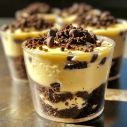 - 1 package (15 Oreos), crushed - 4 tablespoons unsalted butter, melted - 8 ounces cream cheese, softened - ½ cup powdered sugar - 1 teaspoon vanilla extract - 1 cup heavy whipping cream - 1 cup mini chocolate chips (optional for topping) - Extra crushed Oreos for garnish You can swap Oreos with any chocolate cookie. Use margarine instead of butter if needed. For a lighter option, try low-fat cream cheese. If you want a dairy-free treat, use a plant-based cream cheese. You could also use a whipped topping instead of heavy cream, but the texture may change. Start by crushing the Oreos. Place them in a zip-top bag and crush with a rolling pin. For precise measuring, use a kitchen scale for the cream cheese and powdered sugar. Soften cream cheese by leaving it out for 30 minutes. Melt the butter in the microwave in short bursts to avoid burning. Whip the heavy cream until you see stiff peaks. This helps create a light, airy cheesecake. First, take a medium bowl. Add the crushed Oreos and melted butter. Mix them well. You want this to look like wet sand. This is your crust. Now, divide this mixture into your serving cups. Press it down firmly. This helps form a solid base. Set the cups aside while you prepare the filling. Grab a large bowl. Beat the softened cream cheese with the powdered sugar and vanilla extract. Mix until it is smooth and creamy. In another bowl, whip the heavy cream. Whip it until stiff peaks form. This step is key for a light filling. Gently fold the whipped cream into the cream cheese mixture. Do this carefully to keep the air in. Now, spoon the cream cheese filling over the Oreo crust. Fill each cup about three-quarters full. This gives you room for toppings later. If you like, add mini chocolate chips on top. You can also sprinkle extra crushed Oreos for some crunch. Once your cups are assembled, it’s chilling time! Place them in the fridge. Leave them to set for at least 2 hours. This helps the flavors mix and the filling to firm up. After chilling, they are ready to serve. Enjoy your delicious Oreo Bliss Cheesecake Cups! To get a smooth cheesecake, start with soft cream cheese. Cold cream cheese can make lumps. Beat it well with sugar and vanilla until creamy. This helps mix air into the batter. When you add whipped cream, be gentle while folding. This keeps the mix light and fluffy. Chilling the cups is key. It helps the cheesecake firm up nicely. Chill your mixing bowl and beaters before whipping cream. Cold tools help the cream whip better. Start mixing on low speed, then increase to high. Stop once you see stiff peaks. Over-mixing can turn cream into butter, so watch closely. Add it slowly to the cream cheese mix to keep it light. One mistake is skipping the chill time. If you don’t let them set, they won’t hold shape. Another mistake is not pressing the crust firmly. A loose crust can crumble when you serve it. Also, don’t rush the mixing. Take your time to combine each step well. These tips will help you make perfect Oreo cheesecake cups every time! {{image_2}} You can change the flavor of your cheesecake cups easily. For a mint twist, add 1 teaspoon of mint extract to the cream cheese mix. This gives a fresh and cool taste. If you love peanut butter, mix in 1/2 cup of smooth peanut butter with the cream cheese. This adds a nutty richness to each bite. You can also try other flavors like chocolate or caramel. Just swap out some cream cheese for your favorite spread. Toppings can make your cheesecake cups extra special. Try adding fresh fruit like strawberries or raspberries on top. They add color and a touch of sweetness. Mini chocolate chips give a nice crunch too. You can sprinkle more crushed Oreos on top for extra texture. Whipped cream is another great choice. It makes your cups look fancy and adds a light feel. Serve the cheesecake cups cold for the best taste. They are perfect for parties or family gatherings. You can place them on a nice tray to show them off. For a fun twist, give each guest their own cup. This makes it easy to enjoy and share. You can also pair them with a hot drink, like coffee or tea. The flavors work well together and will impress everyone. Store your Oreo cheesecake cups in an airtight container. This keeps them fresh and tasty. If you made several cups, layer them with parchment paper. This helps prevent sticking. Keep them in the fridge for the best taste. Avoid leaving them out at room temperature for long. Oreo cheesecake cups stay good in the fridge for about five days. After that, they may lose their flavor and texture. If you notice any changes in smell or appearance, it's best to throw them away. Always check before you enjoy your treat! You can freeze these cheesecake cups too! Just cover each cup with plastic wrap. Then, place them in a freezer-safe container. They will last for up to three months in the freezer. When you want to eat them, thaw them in the fridge overnight. Enjoy your sweet treat any time! Yes, you can use whipped topping instead of heavy cream. However, keep in mind that the texture will change. Whipped topping adds a lighter feel but may lack the rich taste of heavy cream. If you choose this option, use about 2 cups of whipped topping to replace the heavy cream. To make this recipe gluten-free, use gluten-free Oreos. Check labels to ensure they meet your needs. You can also use a gluten-free cookie for the crust. Most gluten-free cookies work well in this recipe. Yes, you can prepare these cups in advance. They stay fresh in the fridge for up to three days. Just make sure to cover them well. This makes them a great choice for parties or gatherings. If you need a substitute for cream cheese, try mascarpone cheese. It has a similar texture and flavor. You can also use Greek yogurt for a lighter option. Just remember, the taste will change a bit. To check if the cheesecake has set, gently shake the cup. If the center is firm and does not jiggle, it’s ready. Refrigerate for at least two hours to ensure proper setting. The cheesecake should feel cool and firm when you touch it. We explored the key ingredients and their roles in making Oreo cheesecake cups. I shared steps for preparing the crust, filling, and putting it all together. You learned tips for perfect texture and common mistakes to avoid. We discussed variations like flavors and toppings, along with storage methods. These cheesecake cups are fun and simple. With practice, you can impress friends and family. Enjoy creating your own delicious versions!