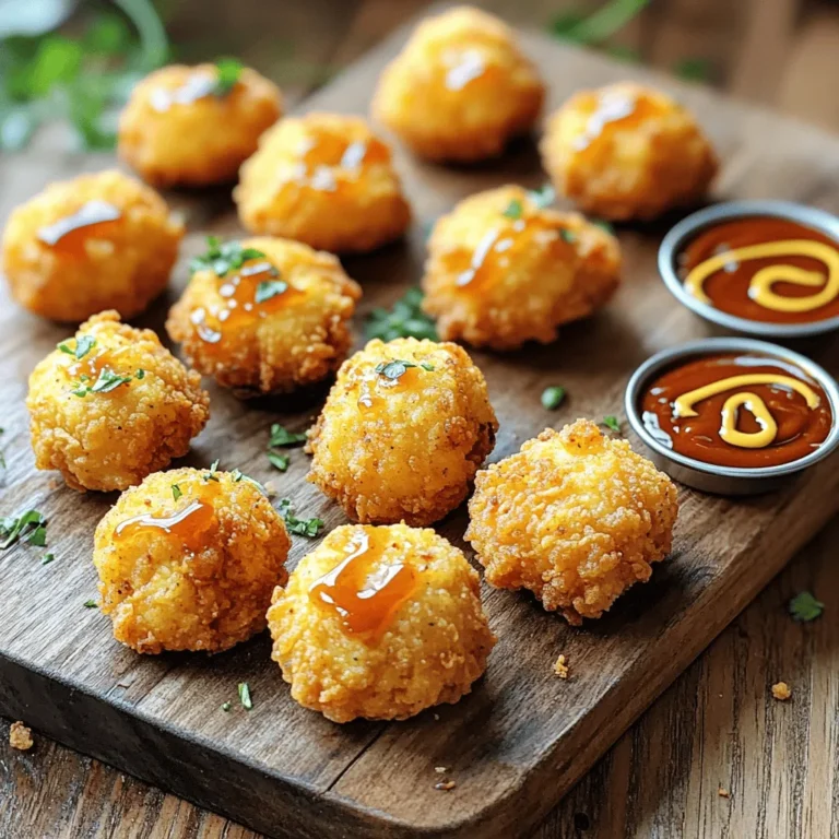 To make these tasty nuggets, you'll need the following: - 1 lb boneless, skinless chicken breasts, cut into bite-sized pieces - 1 cup buttermilk - 1 teaspoon paprika - 1 teaspoon garlic powder - 1 teaspoon onion powder - 1/2 teaspoon salt - 1/2 teaspoon black pepper - 1 cup all-purpose flour - 1/2 cup cornstarch - Oil for frying These ingredients form the base of our nuggets. The chicken gives the dish its main flavor. Buttermilk adds moisture and makes the chicken tender. The spices bring a nice taste that makes these nuggets special. You can add some extra spice if you like. Consider using: - 1/2 teaspoon cayenne pepper (for heat) This ingredient is not required, but it adds a kick. Adjust this to your spice level. If you're unsure, start with less. You can always add more. Great nuggets need great sauces! Here are some tasty choices: - Honey mustard - Barbecue sauce - Ranch dressing - Sweet and sour sauce These sauces pair well with the flavors of the nuggets. Feel free to mix and match to find your favorite. Try them all for fun! To start, grab a large bowl. Add 1 cup of buttermilk. Then, mix in 1 teaspoon of paprika, 1 teaspoon of garlic powder, 1 teaspoon of onion powder, 1/2 teaspoon of salt, and 1/2 teaspoon of black pepper. If you like heat, add 1/2 teaspoon of cayenne pepper. Stir this well. The marinade should be smooth and fragrant. Next, cut 1 pound of boneless, skinless chicken breasts into bite-sized pieces. Place the chicken into the marinade. Make sure all pieces are covered well. Cover the bowl with plastic wrap. You can refrigerate this for at least 1 hour, but overnight works best for more flavor. After marinating, it’s time to coat the chicken. In a new bowl, mix 1 cup of all-purpose flour with 1/2 cup of cornstarch. This mix gives the nuggets that perfect crunch. Heat oil in a deep frying pan or fryer to 350°F (175°C). You need enough oil to fully submerge the nuggets. Now, take the chicken pieces out of the marinade. Let the extra marinade drip off. Dredge each piece in the flour and cornstarch mixture. Make sure they are fully coated. Carefully place the nuggets into the hot oil in batches. Fry them for about 4-5 minutes, flipping halfway through. They should turn golden brown when they are done. Use a slotted spoon to take them out. Place them on paper towels to drain any excess oil. Now, you can serve your delicious nuggets hot with your favorite sauces! To get that perfect crunch, follow these tips. First, use a mix of flour and cornstarch for the coating. The cornstarch helps create a light and crisp layer. Second, heat your oil to 350°F (175°C). This high heat seals the coating quickly. Lastly, don’t overcrowd the pan. Fry in small batches to let the nuggets fry evenly and stay crispy. Marinating is key to flavor. I suggest marinating for at least 1 hour. If you have time, try marinating overnight. This lets the chicken soak up all the spices. The longer you marinate, the more flavor it will have. Just remember to keep it in the fridge so it stays fresh. Frying can be tricky, but I have some easy tips. First, make sure the oil is hot before adding the chicken. This keeps the coating from getting soggy. Fry each batch for about 4-5 minutes until golden brown. Flip the nuggets halfway through for even cooking. Use a slotted spoon to take them out, and let them drain on paper towels. This helps keep them crispy. {{image_2}} You can change the flavor of your nuggets by using different spices. Try adding a dash of cumin for a warm taste. You can also use smoked paprika for a deeper flavor. If you want some zing, add chili powder or lemon pepper. These spices can make your nuggets unique and tasty. If you want a healthier version, bake the nuggets instead of frying. After coating the chicken, place them on a baking sheet lined with parchment paper. Spray the nuggets lightly with cooking spray. Bake them at 400°F (200°C) for 20-25 minutes. Flip them halfway to ensure they cook evenly. This method cuts down on oil and still gives you a crispy finish. To make these nuggets gluten-free, swap out regular flour for a gluten-free blend. Use cornstarch as you normally would. Ensure all other ingredients are also gluten-free. This way, you can enjoy nuggets without worry. The taste will still be delicious, and you'll have a safe option for gluten-sensitive friends and family. To store leftover nuggets, first let them cool down. Place them in an airtight container. Keep the container in the fridge. They will stay fresh for about 3 days. If you want to keep them longer, freezing is a great option. When reheating your nuggets, use the oven for the best taste. Preheat your oven to 375°F (190°C). Spread the nuggets on a baking sheet. Bake for about 10 to 15 minutes, or until they are hot. This keeps them crispy. You can also use an air fryer. Set it to 350°F (175°C) and heat for 5 to 7 minutes. To freeze your nuggets, let them cool first. Line a baking sheet with parchment paper. Arrange the nuggets in a single layer. Freeze them for about 1 hour. This will make them firm. Once frozen, transfer the nuggets to a freezer bag. Seal the bag tightly, and label it with the date. They can last up to 3 months in the freezer. Yes, you can use chicken thighs. They are juicier and more tender. Thighs also have a richer flavor. Cut them into bite-sized pieces like the breasts. Keep the marinade and cooking steps the same. Your nuggets will still taste great! Buttermilk helps tenderize the chicken. It contains acids that break down proteins. This makes the chicken juicy and soft. It also adds a nice tangy flavor. The spices in the marinade mix well with the buttermilk. This creates a tasty coating on the nuggets. To add spice, increase the cayenne pepper amount. You can also add hot sauce to the marinade. Another option is to mix in some chili powder. Adjust these to fit your taste. Enjoy your spicy nuggets with your favorite dips! This guide covered everything you need for perfect chicken nuggets. We explored key ingredients, step-by-step instructions, and tips for crispy results. You learned about variations and how to store leftovers safely. Remember, customizing your nuggets can make them unique and delicious. Experiment with spices or try different cooking methods! Enjoy your cooking adventures and savor every bite of your homemade nuggets.