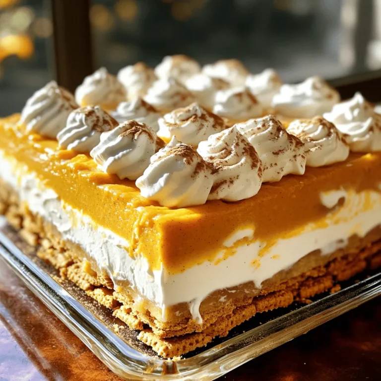 To make Pumpkin Pie Icebox Cake, gather these simple ingredients: - 1 can (15 oz) pure pumpkin puree - 1 cup heavy cream - 1 cup cream cheese, softened - 3/4 cup powdered sugar - 1/2 teaspoon vanilla extract - 1 teaspoon pumpkin pie spice - 1 package (13.7 oz) graham crackers - 1 cup milk (for dipping graham crackers) - Whipped cream and cinnamon for topping (optional) If you can't find pumpkin puree, you can use fresh pumpkin. Just cook and blend it until smooth. For a lighter version, swap heavy cream with half-and-half. Cream cheese can be replaced with mascarpone for a richer flavor. For a gluten-free option, use gluten-free graham crackers. If you prefer a dairy-free cake, use coconut cream instead of heavy cream and a dairy-free cream cheese. You can also use maple syrup instead of powdered sugar for a natural sweetener. First, grab a large mixing bowl. Add softened cream cheese, powdered sugar, vanilla extract, and pumpkin pie spice. Use a hand mixer or a spatula to mix these ingredients together. Blend until it becomes smooth and creamy. This step is key. The cream cheese adds richness, while pumpkin puree brings flavor. Next, take your graham crackers and prepare a shallow dish with milk. Dip each cracker into the milk quickly. You want them moist, but not soggy. Do this until you have enough for one layer. Lay them flat in your baking dish. A 9x13 dish works best for this. Now, it’s time to build your cake. Start with a layer of graham crackers at the bottom. Spread a layer of your pumpkin mixture on top of the crackers. Use a spatula to make it even. Repeat this process. Dip more graham crackers, layer them, then add more pumpkin mix. Keep going until you use all your ingredients. Finish with a pumpkin layer on top. Cover the dish with plastic wrap and place it in the fridge. Chill for at least six hours, or overnight for the best flavor. To make great whipped cream, start with cold cream. Cold cream whips better and faster. Use a mixing bowl that is also cold. You can chill it in the fridge for a bit. Whip the cream until you see soft peaks. This means it holds a shape but is still smooth. If you whip too long, it can turn to butter. Gently fold in your whipped cream with the pumpkin mix. This keeps the light and fluffy texture. Layering is key to a great Pumpkin Pie Icebox Cake. Begin with a solid base of graham crackers. Make sure to dip them in milk just enough to moisten them. Too much milk will make them soggy. After the first layer, spread the pumpkin mix evenly. Use a spatula for smoothness. Continue the process until you reach the top. Always finish with a pumpkin layer. This looks nice and helps the cake set better. One common mistake is over-whipping the cream. Stop when you see soft peaks. Another mistake is not chilling the cake long enough. Let it chill for at least six hours to set well. Make sure you cover your dish properly to avoid drying. Lastly, don’t rush the layers. Take your time for even layering. This makes a big difference in the final taste and look. {{image_2}} You can change the flavor of your Pumpkin Pie Icebox Cake easily. Try adding chocolate! Just mix in some cocoa powder to the pumpkin mixture. You can also use chocolate graham crackers for a richer taste. Another option is maple. Replace some powdered sugar with maple syrup for a sweet twist. Making this dessert fit your diet is simple. For a gluten-free version, use gluten-free graham crackers. They work just as well when dipped in milk. If you want a vegan option, swap cream cheese for a dairy-free alternative. Use coconut cream instead of heavy cream. This keeps the cake creamy without any dairy. Seasonal flavors can make this cake even more fun. In fall, add some apple or pear slices between the layers. You can also add a bit of nutmeg for extra warmth. In winter, try peppermint extract instead of vanilla. This gives it a festive touch. Don’t be afraid to experiment! Each season brings new ideas for your icebox cake. After you enjoy your Pumpkin Pie Icebox Cake, store leftovers in the fridge. Use an airtight container to keep it fresh. If you cover the dish tightly with plastic wrap, that works too. This dessert will stay good for about 3 to 5 days in the fridge. You can freeze this cake if you want to save some for later. First, let it chill in the fridge for a few hours. Then, cut the cake into slices. Wrap each slice in plastic wrap and place them in a freezer bag. This way, they will keep well for up to 2 months. You don’t need to reheat this cake. It tastes best when cold. Just take it out of the fridge or freezer and let it sit for a few minutes before serving. If it’s frozen, let it thaw in the fridge overnight for the best texture. Enjoy your delicious cake! Pumpkin Pie Icebox Cake stays fresh for about 3 to 5 days in the fridge. After that, it may not taste as good. Always cover it well to keep it from drying out. If you see any changes in smell or texture, it’s best to toss it. Yes, you can make this dessert ahead of time. In fact, it tastes better after chilling overnight. The flavors blend well, making each bite more delicious. Just remember to cover it tightly. This keeps it fresh and ready for your guests. If you don’t have graham crackers, you can try vanilla wafers or shortbread cookies. Both options work well and add a nice flavor. Just make sure to dip them in milk like you do with graham crackers. This helps keep your layers moist and tasty. This blog post covered all you need for a great Pumpkin Pie Icebox Cake. We looked at key ingredients and their perfect swaps. I gave you step-by-step guidance for mixing, layering, and serving. You learned tips for perfect whipped cream and common mistakes. We also explored fun variations and proper storage. Now, you are ready to create a delicious treat. Don’t hesitate to experiment with flavors and make it your own! Enjoy every bite of your creation!