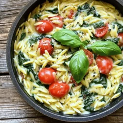 - 1 cup orzo pasta - 2 tablespoons olive oil - 3 cloves garlic, minced - 4 cups vegetable broth - 1 cup heavy cream - 1 cup grated Parmesan cheese The main ingredients for this dish come together to create a rich and creamy meal. Orzo is small and cooks quickly. It absorbs flavors well, making it perfect for this recipe. Olive oil adds a nice depth of flavor, while garlic gives a warm aroma. Vegetable broth keeps the dish light and adds richness. Heavy cream makes it creamy and luxurious, and Parmesan cheese brings in a salty kick. - 1 teaspoon dried Italian herbs - Salt and pepper to taste - 1 cup fresh spinach (or arugula) - ½ cup cherry tomatoes, halved To enhance the flavor, I use dried Italian herbs. They add warmth and complexity. Fresh spinach or arugula adds color and nutrition. Cherry tomatoes provide a juicy pop of flavor. Salt and pepper balance the dish, bringing all the flavors together. - Fresh basil leaves For a fresh touch, garnish with basil leaves. They add a lovely aroma and bright flavor. This simple addition elevates the dish and makes it more visually appealing. - Heating the olive oil Start by placing a large pot or deep skillet on the stove. Turn the heat to medium and add 2 tablespoons of olive oil. Let the oil heat for a minute. You want it hot but not smoking. - Sautéing the garlic Next, add 3 cloves of minced garlic to the pot. Stir it around for 1 to 2 minutes. Watch closely so it does not burn. The garlic should smell great and turn lightly golden. - Toasting the orzo Now, it’s time to add 1 cup of orzo pasta. Stir the orzo in the pot for about a minute. This toasting step adds a nice flavor to the pasta. - Adding vegetable broth Pour in 4 cups of vegetable broth. Bring this mix to a boil. Once it boils, reduce the heat to a simmer. Cover the pot and let it cook for about 10 minutes. Stir occasionally until the orzo is tender but still firm. - Incorporating heavy cream and cheese Remove the lid and stir in 1 cup of heavy cream and 1 cup of grated Parmesan cheese. Mix it well until the dish is creamy and smooth. The cheese should melt nicely into the mix. - Adding spinach and tomatoes Fold in 1 cup of fresh spinach and ½ cup of halved cherry tomatoes. The spinach will wilt quickly, and the tomatoes will warm through. This adds color and nutrition to your dish. - Seasoning and garnishing Finally, season with salt and pepper to taste. Garnish with fresh basil leaves for a pop of flavor. Your One Pot Creamy Garlic Parmesan Orzo is now ready to serve! Enjoy the rich, creamy goodness. To make your orzo creamy, keep the heat low when you add cream. If the heat is too high, the cream may curdle. Stir gently to mix in the cream with the cheese. This helps create a smooth texture. I suggest using a wooden spoon for better mixing. You can boost flavors with fresh herbs like thyme or parsley. They add a nice touch. Try adding a pinch of red pepper flakes for heat. If you want to swap out Parmesan, consider using goat cheese or feta. Both will give a unique twist. If you like your orzo firmer, cut the cooking time by a minute. For a softer texture, add a few extra minutes. When cooking for more people, just double the ingredients. Adjust the broth to ensure the orzo cooks evenly. {{image_2}} You can easily change the flavor of your orzo. Adding proteins like chicken or shrimp makes it heartier. Simply cook the protein first, then add the orzo and broth. If you want a vegetarian dish, use mushrooms or chickpeas. Both options add great taste and texture. If you need dairy-free options, swap heavy cream with coconut milk or cashew cream. These add creaminess without dairy. For gluten-free adjustments, use gluten-free orzo. Many brands offer tasty gluten-free pasta that cooks well in this dish. Using seasonal vegetables can make this dish exciting. In spring, add asparagus or peas. In fall, try butternut squash or kale. Changing garnishes with fresh herbs like parsley or thyme can also enhance the dish. They add color and fresh flavor, making it even more appealing. To store leftovers, let the orzo cool first. Place it in an airtight container. It will keep well in the fridge for about three to four days. Always label the container with the date. This way, you can track how long it has been stored. You can freeze One Pot Creamy Garlic Parmesan Orzo if you want to save some for later. Divide it into smaller portions and place them in freezer-safe bags. Try to remove as much air as possible. It will stay good for up to three months. To thaw, move the orzo to the fridge overnight before reheating. This helps keep its creamy texture. For the best taste and texture, reheat the orzo on the stove. Add a splash of vegetable broth or cream to the pot. This helps restore the creaminess. Stir over medium heat until warmed through. You can also use a microwave, but be careful not to overheat it. Heat in short bursts, stirring in between, to avoid drying it out. To make this dish, follow these steps: 1. Heat 2 tablespoons of olive oil in a large pot over medium heat. 2. Add 3 cloves of minced garlic and sauté for 1-2 minutes. 3. Stir in 1 cup of orzo pasta and toast for 1 minute. 4. Pour in 4 cups of vegetable broth and bring to a boil. 5. Once boiling, lower the heat, cover, and simmer for 10 minutes. 6. Remove the lid and stir in 1 cup of heavy cream. 7. Add 1 cup of grated Parmesan cheese and 1 teaspoon of dried Italian herbs. 8. Mix until creamy and smooth. 9. Fold in 1 cup of fresh spinach and ½ cup of halved cherry tomatoes. 10. Season with salt and pepper to taste. 11. Serve hot, garnished with fresh basil leaves. Yes, you can use other pasta types. Here are some good options: - Arborio rice for a risotto-like texture. - Couscous for a light and fluffy dish. - Small pasta shapes like ditalini or acini di pepe. - Quinoa for a gluten-free twist. Keep in mind that cooking times may vary. Adjust the liquid as needed to ensure a creamy outcome. This dish pairs well with many sides. Here are some great options: - Grilled chicken or shrimp for protein. - A fresh garden salad for crunch. - Roasted vegetables like zucchini or bell peppers. - Crusty bread for dipping. These pairings enhance the meal and add variety to your plate. This dish combines simple ingredients to create rich flavors. You learned the main steps to prepare creamy garlic parmesan orzo with ease. Remember the tips for creaminess and flavor! Feel free to add your favorite veggies or proteins. Store leftovers properly for a quick meal later. With this recipe, you can impress anyone at the dinner table. Enjoy making this dish your own!