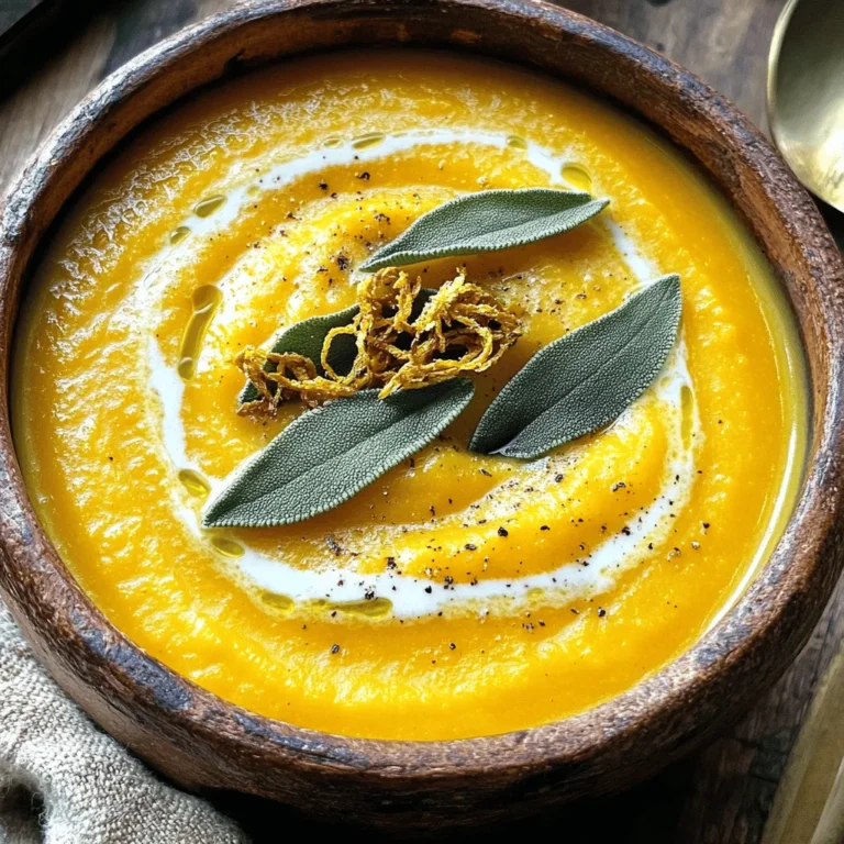 - 1 medium butternut squash, peeled and cubed - 1 tablespoon olive oil - 1 medium onion, chopped - 2 garlic cloves, minced - 4 cups vegetable broth - 1 cup coconut milk (or heavy cream) In this creamy butternut squash soup, the main stars are the butternut squash and onion. The squash gives a sweet and smooth taste. The onion adds depth and flavor. Garlic brings a lovely aroma, making each spoonful delightful. Vegetable broth makes the base rich and warm. You can use coconut milk for a touch of sweetness or heavy cream for extra richness. - 1 teaspoon ground cumin - 1/2 teaspoon nutmeg - Salt and pepper to taste Spices help enhance the flavors in the soup. Ground cumin adds a warm earthiness. Nutmeg adds a hint of sweetness. Salt and pepper are essential for balancing all the tastes. Adjust these spices to fit your preference. - 10 fresh sage leaves - 1 tablespoon butter (or vegan alternative) For garnish, fresh sage leaves become crispy and add a special touch. The butter or vegan option helps fry the sage perfectly. This crispiness contrasts nicely with the creamy soup. It not only looks good but also tastes amazing. To start, you need to prepare the squash. First, peel the butternut squash. Use a sharp knife to slice it, then scoop out the seeds. Next, cube the squash into small pieces. This helps it cook faster and blend smoothly. Next, chop the onion. Dice it finely so it cooks well. After that, mince the garlic cloves. This adds a great flavor to the soup. Now, it’s time to cook the soup. In a large pot, heat the olive oil over medium heat. Add the chopped onion and sauté until it turns translucent, about 5 minutes. Then, stir in the minced garlic and cook for another minute. You want to smell the garlic’s aroma! Add the cubed butternut squash to the pot. Stir everything together. Sprinkle in the ground cumin and nutmeg. This adds warmth and depth to the soup. Cook this mixture for about 3-4 minutes. This step helps the spices bloom and release their flavors. Pour in the vegetable broth next. Bring the soup to a boil. Once it boils, reduce the heat to a simmer. Cook until the squash is tender, which takes about 15-20 minutes. Once the squash is tender, it’s time to blend the soup. If you have a blender, carefully transfer the soup in batches. Fill the blender halfway, and hold the lid down with a kitchen towel. This prevents splatters. Blend until the soup is smooth and creamy. Return the blended soup to the pot. Stir in the coconut milk or heavy cream. This step adds richness to the soup. Season with salt and pepper to taste. Heat it gently over low heat until warmed through. For the crispy sage, melt the butter in a small pan over medium heat. Add the fresh sage leaves. Fry them until they are crispy and golden, about 2-3 minutes. Remove the crispy sage from the pan. Place it on a paper towel to drain any excess oil. Your soup is now ready to serve! Ladle it into bowls and garnish each serving with a few crispy sage leaves on top. Optionally, drizzle a bit more coconut milk or heavy cream for an extra touch. Enjoy your creamy butternut squash soup with crispy sage! For that rich, creamy texture, use coconut milk or heavy cream. Coconut milk adds a nutty taste. Heavy cream gives a smooth finish. Both options work well. When blending, make sure to blend until smooth. If using a blender, fill it halfway. This prevents splattering. A stick blender also does a great job. Frying fresh sage leaves adds a lovely crunch. Start with medium heat and melt butter in a small pan. Add the sage leaves and watch them closely. Fry until they turn crispy and golden, about 2-3 minutes. Drain them on a paper towel to remove extra oil. If you want more flavor, try crispy garlic or fried shallots as garnishes. If you follow a vegan diet, swap heavy cream for coconut milk. This keeps the soup creamy and delicious. For gluten-free options, check the vegetable broth. Most are gluten-free, but always read the label. You can enjoy this soup in many ways! {{image_2}} You can easily make this soup vegan. Simply substitute coconut milk for heavy cream. This keeps the soup rich and creamy without using dairy. Use a good vegetable broth to enhance the flavors. This swap makes it friendly for those avoiding animal products. To make the soup heartier, consider adding protein. Lentils or beans can boost the nutrition and keep you full. They also add texture and flavor. Serve this soup with crusty bread or sprinkle toasted seeds on top. Both options add crunch and make the meal more satisfying. Want to add some heat? Try adding a touch of chili. A small amount can transform the soup into a spicy delight. You can also explore different herbs. Fresh thyme or rosemary can add unique flavors. Each option will keep your soup exciting and new. To keep your creamy butternut squash soup fresh, store it in an airtight container. This will help keep moisture and odors out. You can enjoy the soup for up to five days in the fridge. If you want to save leftovers, let the soup cool before sealing it. This keeps the soup from getting soggy. Freezing the soup is a great option for later meals. To do this, pour the cooled soup into freezer-safe bags or containers. Leave some space at the top, as liquids expand when frozen. When you’re ready to enjoy it, thaw the soup in your fridge overnight. Reheat it gently on the stove over low heat. Make sure to stir often to keep it smooth. You can prepare ingredients ahead of time for an easy cooking day. Chop the onion and garlic, and cube the butternut squash. Store these in the fridge for up to three days. When you’re ready to cook, just follow the steps. This way, you can enjoy a hearty meal even on busy days! Yes, you can make this soup ahead of time. Here are some best practices: - Cool and Store: Let the soup cool completely before storing. - Use Airtight Containers: Transfer the soup to airtight containers. This keeps it fresh. - Refrigerate: The soup lasts for about 4-5 days in the fridge. - Reheat Gently: When ready to eat, reheat on low heat. Stir often to prevent sticking. If you don't have butternut squash, try these options: - Pumpkin: It has a similar texture and taste. - Sweet Potato: This adds a sweet flavor and creamy texture. - Acorn Squash: Another great alternative with a mild taste. - Carrots: They can add sweetness and a nice color. To add some heat to your soup, consider these suggestions: - Chili Powder: Add a teaspoon for a mild kick. - Cayenne Pepper: A small pinch will spice things up. - Fresh Jalapeños: Chop and sauté them with the onion for fresh heat. - Hot Sauce: Drizzle some in just before serving for an extra punch. This blog post shared how to make a creamy butternut squash soup. We covered the key ingredients, spices, and garnishes. The step-by-step instructions made it easy to prepare, cook, and blend the soup. Tips helped you achieve a creamy texture and offered variations for dietary needs. Finally, we discussed storage and meal prep ideas. Making this soup is simple, rewarding, and delicious. Enjoy your cooking adventure and share this tasty recipe with others!