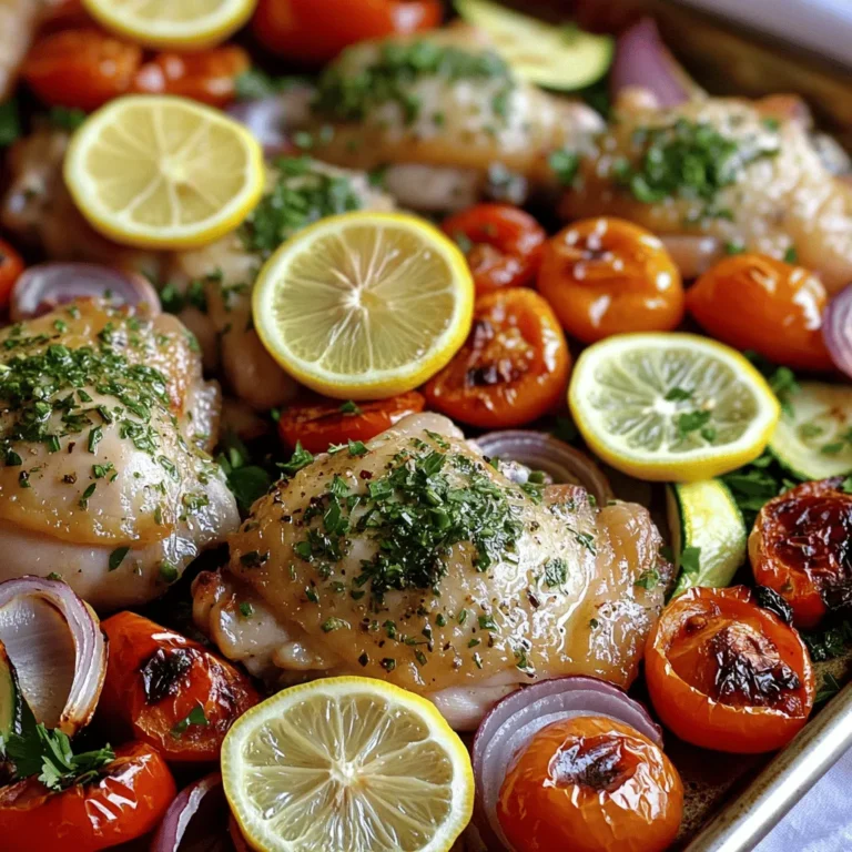 To create this tasty Sheet Pan Lemon Herb Chicken & Veggies, gather the following ingredients: - Chicken - 4 boneless, skinless chicken thighs - Vegetables - 1 red bell pepper, cut into bite-sized pieces - 1 cup cherry tomatoes, halved - 1 small red onion, cut into wedges - 1 zucchini, sliced - Marinade components - 2 lemons (1 zested and juiced, 1 sliced) - 3 tablespoons olive oil - 2 teaspoons dried oregano - 2 teaspoons garlic powder - 1 teaspoon smoked paprika - Salt and pepper to taste - Fresh parsley, chopped for garnish Each ingredient plays a key role. The chicken provides a juicy base, while the veggies add color and nutrients. The lemon and herbs give bright flavors, making this dish fresh and vibrant. - Preheating the oven Start by preheating your oven to 400°F (200°C). This step is key for even cooking. - Marinating the chicken In a large bowl, whisk together 3 tablespoons of olive oil, the zest and juice from one lemon, 2 teaspoons of dried oregano, 2 teaspoons of garlic powder, 1 teaspoon of smoked paprika, and salt and pepper. Add 4 boneless, skinless chicken thighs to the bowl. Make sure every piece gets coated well in the marinade. Let them sit for at least 15 minutes. This helps the chicken soak up all the flavors. - Preparing the vegetables While the chicken marinates, wash and cut your veggies. You will need 1 red bell pepper in bite-sized pieces, 1 cup of halved cherry tomatoes, 1 small red onion cut into wedges, and 1 sliced zucchini. Place these in a separate bowl. Drizzle with olive oil, and add salt and pepper. Toss everything well to coat. - Arranging on sheet pan Grab a large sheet pan. Place the marinated chicken thighs in the center. Surround them with the prepared vegetables. Lay lemon slices on top of both the chicken and veggies. This adds a fresh touch and extra flavor. - Roasting process Place the sheet pan in the preheated oven. Roast for about 25 to 30 minutes. Check that the chicken hits an internal temperature of 165°F (75°C). The veggies should be tender and bright in color. - Garnishing tips Once you take the pan out of the oven, let it rest for a few minutes. Then, sprinkle fresh chopped parsley on top for a pop of color and flavor. - Presentation ideas You can serve directly from the sheet pan for a fun, rustic vibe. For a fancier look, plate each serving with a lemon wedge on the side. This adds a nice touch and invites guests to squeeze more lemon juice over their meal. To boost flavor in your chicken, try adding spices like cumin or thyme. Fresh herbs like rosemary or basil also work well. These will give your dish a unique touch. Marinate the chicken for at least 15 minutes. For even more flavor, let it sit for one hour or more. For even cooking, place the chicken in the center of the pan. Arrange the veggies around it. This allows heat to spread evenly. Use a large sheet pan to avoid crowding. This helps the chicken and veggies roast instead of steam. Check the chicken's internal temperature. It should reach 165°F (75°C) to be safe to eat. Pair this dish with rice or a fresh salad. The bright lemon flavor complements many sides. For leftovers, shred the chicken and mix it into a wrap. You can also toss it into a soup for a quick meal. Enjoy the versatility of this dish! {{image_2}} You can change the protein in this dish easily. If you want to use chicken breasts, that works well. Just make sure they are boneless and skinless. They will cook just like the thighs but may need extra care to stay juicy. Try alternative meats like pork or turkey. They add a new taste and texture. If you prefer plant-based options, tofu is a great choice. Choose firm tofu and press it to remove extra water. This helps the tofu soak up the marinade. Feel free to switch up the veggies based on what’s fresh. Seasonal vegetables bring different flavors and colors to your dish. For spring, consider asparagus or snap peas. In the fall, use carrots or Brussels sprouts. You can also mix in other veggies like broccoli or cauliflower. They add crunch and nutrition to your meal. Just make sure to cut them into similar sizes to ensure even cooking. To change the flavor, try different herbs. Basil and thyme work great with lemon. If you want a bolder taste, add rosemary. Each herb brings its own twist to the dish. You can also experiment with citrus. Try lime or orange for a new zing. These variations can take your dish to another level, making it exciting and fresh every time you make it. To keep your sheet pan lemon herb chicken and veggies fresh, follow these tips: - Cool down: Let the dish cool for about 30 minutes after cooking. - Use airtight containers: Store leftovers in glass or plastic containers with tight lids. - Label and date: Write the date on the container to track freshness. This way, you can enjoy your meal later without losing flavor. To reheat chicken and veggies, you have a few options: - Oven: Preheat to 350°F (175°C). Place the leftovers in a baking dish. Cover with foil and heat for about 15-20 minutes. - Microwave: Use a microwave-safe plate. Cover with a damp paper towel. Heat for 1-2 minutes. Stir halfway for even heating. - Skillet: Heat a bit of olive oil in a skillet over medium heat. Add the leftovers and cook for about 5-7 minutes, stirring often. These methods keep the chicken juicy and veggies tender. You can freeze your dish for later: - Cool completely: Make sure the dish is cool before freezing. - Use freezer-safe bags: Portion the chicken and veggies in zip-top bags. Squeeze out the air to prevent freezer burn. - Label and date: Note the date on each bag. To thaw and reheat: - Thaw in the fridge: Place the bag in the fridge overnight. - Reheat as above: Use the oven, microwave, or skillet to heat your meal. This way, you can enjoy your delicious meal anytime! You should marinate the chicken for at least 15 minutes. This gives the chicken time to soak up the flavors. If you have more time, try marinating it for one hour. This makes the chicken even tastier! Yes, you can use frozen chicken. Just remember to thaw it first. Thawing allows the marinade to soak in better. You can thaw chicken overnight in the fridge or use the quick method in cold water. You can add or swap in many veggies! Some great options include broccoli, carrots, or asparagus. Just cut them into bite-sized pieces. Keep in mind that cooking times may vary with different vegetables. Check the internal temperature of the chicken. It should reach 165°F (75°C) for safety. You can use a meat thermometer for the best results. If you don’t have one, cut into the chicken; the juices should run clear. Let the chicken rest for a few minutes after cooking. This keeps it juicy. Then, slice it against the grain. This helps it stay tender and easy to chew. Serve the pieces on a plate with the veggies for a colorful dish! This blog post covered making a delicious sheet pan chicken meal. We explored key ingredients like chicken, vegetables, and marinades. I shared step-by-step instructions for preparation and cooking. Tips for enhancing flavor and serving ideas followed. We discussed variations using different proteins and seasonal veggies, plus storage and reheating advice. In summary, you can create a tasty, easy meal with many options. Enjoy experimenting and making this dish your own!