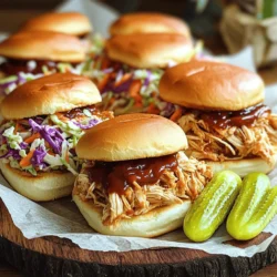 - 2 pounds boneless, skinless chicken breasts - 1 cup BBQ sauce - 1/2 cup chicken broth - 1 tablespoon apple cider vinegar - 1 tablespoon brown sugar - 1 teaspoon garlic powder - 1 teaspoon onion powder - 1/2 teaspoon smoked paprika - Salt and pepper to taste - 12 slider buns - Coleslaw (optional, for topping) - Pickles (optional, for garnish) The key to great Slow Cooker BBQ Chicken Sliders lies in the right ingredients. Start with 2 pounds of boneless, skinless chicken breasts. This choice ensures that the chicken stays tender and juicy. Add 1 cup of your favorite BBQ sauce to give it that classic, tangy flavor. I like to use a sauce that balances sweetness with a bit of spice. Next, mix in 1/2 cup of chicken broth. This keeps the chicken moist during cooking and enhances the sauce’s depth. Now for the seasonings! Use 1 tablespoon of apple cider vinegar. It adds a lovely zing. The brown sugar, at 1 tablespoon, sweetens the mix just right. Garlic powder and onion powder (1 teaspoon each) offer savory notes that blend perfectly. Smoked paprika, at 1/2 teaspoon, gives a hint of smokiness. Don’t forget to season with salt and pepper to taste. For slider assembly, you’ll need 12 slider buns. Toasting them lightly adds a nice crunch. You can top your sliders with coleslaw for a creamy texture and pickles for a tangy bite. These extras make your sliders even better! - Step 1: Place the chicken in the slow cooker. Make sure to use boneless and skinless chicken breasts. This keeps the dish tender and easy to shred. - Step 2: Prepare the BBQ sauce mixture. In a bowl, combine 1 cup of BBQ sauce, 1/2 cup of chicken broth, 1 tablespoon of apple cider vinegar, 1 tablespoon of brown sugar, 1 teaspoon of garlic powder, 1 teaspoon of onion powder, and 1/2 teaspoon of smoked paprika. Add salt and pepper to taste. Stir well until everything blends smoothly. - Step 3: Pour the mixture over the chicken. Ensure all pieces are covered well. This helps infuse the flavors during cooking. - Step 4: Cook settings and times. Cover the slow cooker, set it to low for 6-8 hours or high for 3-4 hours. The chicken should be fully cooked and tender when done. - Step 5: Shred the cooked chicken. Use two forks to pull apart the chicken into bite-sized pieces. Return the shredded chicken to the slow cooker, mixing it in the sauce. - Step 6: Toast slider buns and assemble. Lightly toast the buns for added crunch. Place a generous amount of BBQ chicken on the bottom half of each bun. If you like, add coleslaw and pickles before covering with the top half. These steps will guide you to create tasty BBQ chicken sliders your friends and family will love! - Choosing the right BBQ sauce: Pick a sauce that you love. Each brand has a unique taste. Try a sweet one or a spicy one based on your mood. A good sauce makes all the difference. - Adjusting cook times for different slow cookers: Not all slow cookers cook the same. If yours runs hot, check the chicken at 5 hours. If it runs cool, you may need the full 8 hours. Always check the meat's doneness to ensure it is safe to eat. - Adding extra spices: You can boost flavor with more spices. Try adding chili powder for heat or cumin for warmth. Even a pinch of cinnamon can offer a sweet twist. - Incorporating toppings for added texture: Toppings can change the game. Add crunchy coleslaw for freshness. Pickles give a nice tang that balances the sauce. You can also try sliced jalapeños for extra spice. - Best practices for presenting sliders: Serve sliders on a big platter. Use parchment paper to keep it tidy. Arrange some extra coleslaw and pickles on the side. This way, guests can customize their sliders. - Pairing ideas with sides and beverages: Pair your sliders with crispy fries or a fresh salad. A cold drink like iced tea or lemonade works well. These choices make the meal feel complete and satisfying. {{image_2}} You can switch up the BBQ sauce for exciting new tastes. Try a homemade sauce by mixing ketchup, brown sugar, apple cider vinegar, and spices. You can also explore flavors like honey mustard or teriyaki. Each sauce gives a unique twist to the sliders. If you want to try something new, swap chicken for pulled pork or turkey. These options still work well in sliders. For a vegan take, use jackfruit or tempeh. Both soak up flavors and create a delicious plant-based slider. Top your sliders with extra goodies like avocado, jalapeños, or crispy onions. For a fun twist, create themed sliders for parties. Think spicy buffalo chicken or tangy Hawaiian sliders. Get creative and let your guests build their own! To keep your leftover sliders fresh, follow these steps: - Refrigerating: Place the sliders in an airtight container. You can also wrap them in plastic wrap. This helps keep them moist. Store them in the fridge for up to 3 days. - Freezing: For longer storage, freeze the BBQ chicken separately from the buns. Use freezer bags or containers. The chicken can stay fresh for up to 3 months. Remember to label your bags with dates. When it's time to enjoy your leftovers, here’s how to reheat them: - Methods for Reheating: The best way to reheat is in the oven. Preheat it to 350°F (175°C) and bake the sliders for about 10-15 minutes. You can also use a microwave. Heat on medium for 1-2 minutes, but this may make the buns soggy. - Tips on Keeping the Chicken Moist: To keep the chicken juicy, add a splash of chicken broth when reheating. Cover with foil to trap steam. This helps maintain moisture. Knowing how long your leftovers last is key: - Duration for Refrigerated Leftovers: Leftover sliders can last in the fridge for about 3 days. Always check for freshness before eating. - Signs of Spoilage: Look for changes in smell or color. If the chicken smells off or looks dry, it’s best to throw it away. Always trust your nose and eyes! How long can I keep the sliders in the fridge? You can keep the sliders in the fridge for about three to four days. Make sure they are in an airtight container to stay fresh. Can I make this recipe in advance? Yes, you can make this recipe in advance. Cook the chicken and store it in the fridge. Assemble the sliders just before serving. What can I use instead of chicken breasts? You can use chicken thighs for a richer flavor. You could also try shredded pork for a different twist. Can I cook the chicken on high speed? Yes, you can cook the chicken on high heat. It will take about three to four hours instead of six to eight. What's the best way to shred chicken? The best way to shred chicken is with two forks. Pull the chicken apart gently until you have nice, bite-sized pieces. How many sliders does this recipe make? This recipe makes about twelve sliders. Each slider is perfect for a bite-sized treat. Can I scale the recipe up or down? Yes, you can easily scale the recipe. Just adjust the amount of chicken and sauce based on how many sliders you need. This blog post has guided you through crafting delicious slow cooker BBQ chicken sliders. We covered essential ingredients, detailed cooking steps, and tips for the best flavor. Remember, you can customize these sliders with sauces, proteins, and toppings to suit your taste. Whether for a party or a family dinner, these sliders are sure to please. Enjoy the satisfaction of a tasty meal without the fuss! Your perfect BBQ experience starts here.