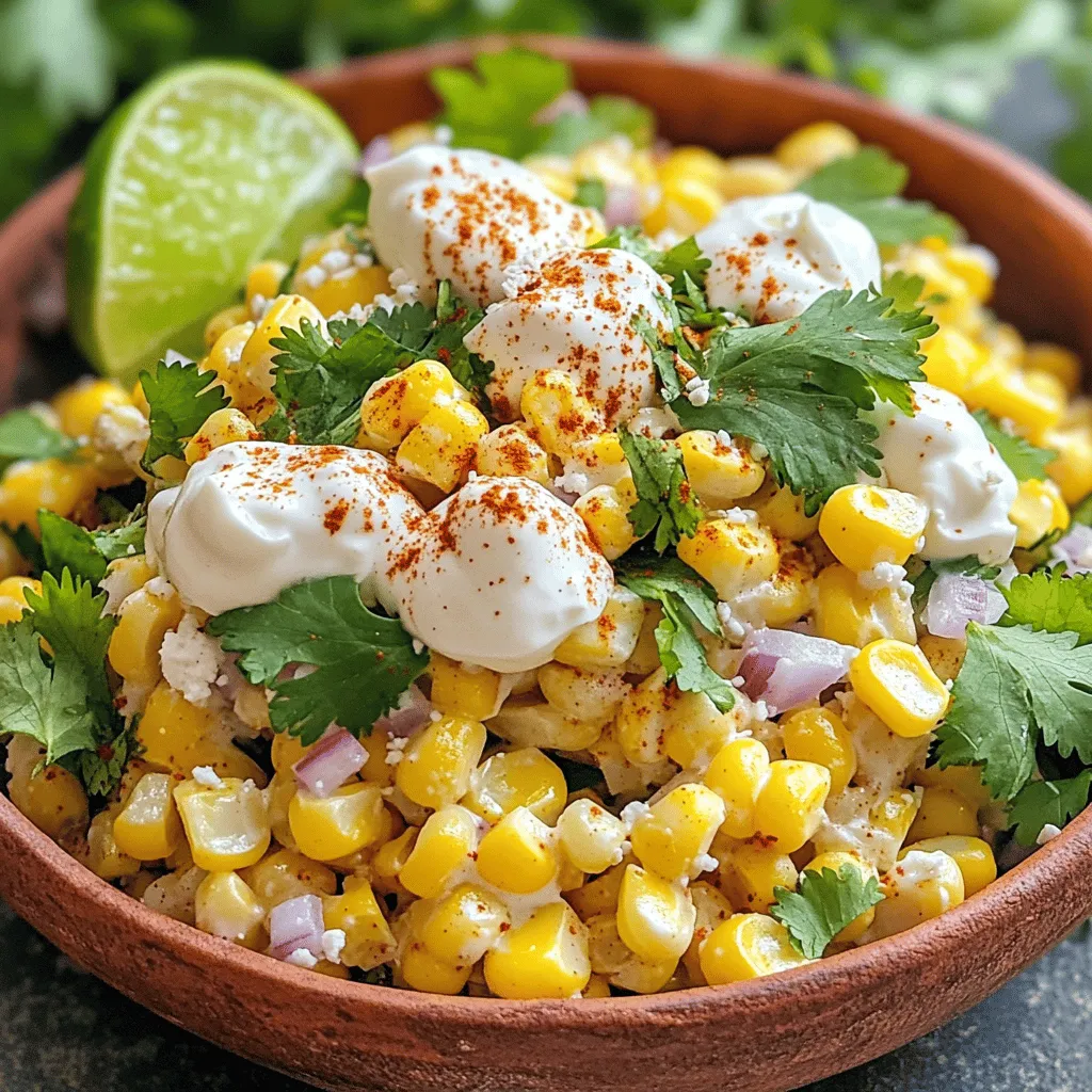 To make this tasty Mexican Street Corn Salad, gather these ingredients: - 4 cups corn kernels (fresh, frozen, or canned) - 1/2 cup crumbled cotija cheese - 1/4 cup mayonnaise - 2 tablespoons sour cream - 1 lime, juiced - 1-2 cloves garlic, minced - 1/2 teaspoon chili powder - 1/4 teaspoon smoked paprika - 1/4 cup chopped fresh cilantro - 1/4 cup red onion, finely chopped - Salt and pepper to taste These ingredients mix well to create a fresh and flavorful salad. You can swap some ingredients based on what you have. If you can't find cotija cheese, try feta cheese. It has a similar taste and texture. Instead of mayonnaise, you can use Greek yogurt for a tangy twist. If you prefer a vegan option, use plant-based mayo and skip the cotija cheese. You can customize this salad to fit your taste. Fresh corn gives the best flavor and texture. If you use fresh corn, grill it to enhance the taste. Frozen corn is a great alternative. It also has a nice crunch when cooked. Canned corn is quick and easy. Just drain and rinse it before use. Each type of corn has its perks, so choose what fits your schedule. First, gather all your ingredients. If you use fresh corn, you will grill it. Heat the grill to high. Place the corn on the grill for 8 to 10 minutes. Turn it often until it gets charred. This adds great flavor. When done, let it cool. Slice the kernels off the cob. If using frozen corn, you can sauté it. Heat a pan and cook until warm and a bit charred. For canned corn, just drain and rinse it. Grilling fresh corn gives it a smoky taste. You can also boil or steam it, but that won't add much flavor. Sautéing frozen corn in a hot pan adds some nice browning. This method also makes the corn sweet and tasty. No matter the method, the goal is to get that corn sweet and vibrant. In a large bowl, combine the corn, chopped red onion, and cilantro. Mix them well. In a smaller bowl, whisk together mayonnaise, sour cream, lime juice, minced garlic, chili powder, smoked paprika, salt, and pepper. Make sure it is smooth. Pour this dressing over the corn mix. Gently combine everything. Be careful not to mash the corn. Finally, fold in the cotija cheese, saving some for later. Taste your salad to see if it needs more salt or lime. Chill in the fridge for 30 minutes. This helps all the flavors blend. To boost the taste of your Mexican Street Corn Salad, focus on fresh ingredients. Use fresh lime juice for a zesty kick. Add more garlic if you love its bold flavor. Consider mixing in diced jalapeños for a spicy twist. The chili powder and smoked paprika give a unique depth. Taste your salad as you mix. Adjust the seasoning until it makes you smile. Serve your salad cold for the best experience. Chill it in the fridge for at least 30 minutes. This lets the flavors blend well. If you're in a hurry, even a quick 10-minute chill helps. Avoid serving it warm, as it changes the taste. Cold salads feel refreshing, especially on warm days. Make your salad look as good as it tastes. Use a large, colorful bowl to catch the eye. Sprinkle extra cotija cheese on top for a creamy touch. Add a dash of chili powder for a pop of color. Garnish with lime wedges, so guests can squeeze more juice. Individual cups can make serving fun and easy at parties. {{image_2}} You can easily give your Mexican street corn salad more kick. Add sliced jalapeños for fresh heat. If you like a smoky flavor, try chipotle peppers. They add a nice depth. You can also sprinkle more chili powder on top. This way, you can control the spice level based on your taste. Cotija cheese is a classic choice, but you can mix it up. Feta cheese works well if you can't find cotija. It still gives that salty taste. Or try queso fresco for a milder flavor. Each cheese brings a unique touch to the salad. You can even use a vegan cheese for a plant-based option. Making this salad vegan is simple and fun. Swap out the mayo and sour cream for vegan versions. Cashew cream is a great alternative for a creamy texture. Also, use nutritional yeast for a cheesy flavor without dairy. This way, everyone can enjoy a delicious salad. It's all about finding what works for you! To store leftovers, place the salad in an airtight container. Make sure to seal it well. Refrigerate the container right away. This keeps the corn salad fresh and tasty for later. I don't recommend freezing Mexican street corn salad. The texture changes when thawed. The corn may become mushy, and the flavors can fade. If you must freeze it, store in a freezer-safe container. Use within one month for the best taste. Mexican street corn salad lasts about 3 to 5 days in the fridge. To keep it fresh, check for any signs of spoilage. If it smells off or has an odd texture, throw it out. Always taste a small amount before serving leftovers. This ensures the flavor is still bright and enjoyable. Remember to stir the salad before serving. This mixes the ingredients again and brings back the fresh taste! Yes, you can use frozen corn. Just sauté it in a pan until it's hot and slightly charred. This helps to bring out the sweet flavor. Frozen corn works well and saves time. Cotija cheese is a crumbly cheese from Mexico. It has a salty and tangy taste. If you can't find cotija, you can use feta cheese as a substitute. Feta has a similar texture and flavor profile, making it a great choice. You can keep this salad in the fridge for about three days. Make sure to store it in an airtight container. The flavors will blend well, but the corn may lose some crunch. Enjoy it within this time for the best taste! You learned about key ingredients for making Mexican Street Corn Salad. Fresh and canned corn each have perks, and you can swap many ingredients. I shared tips for preparation, cooking, and mixing. Enhancing flavor and serving well can elevate your dish. If you want variety, don’t hesitate to spice things up or try vegan options. Remember to store leftovers properly for best taste. Now, you can enjoy making this dish with confidence and creativity.