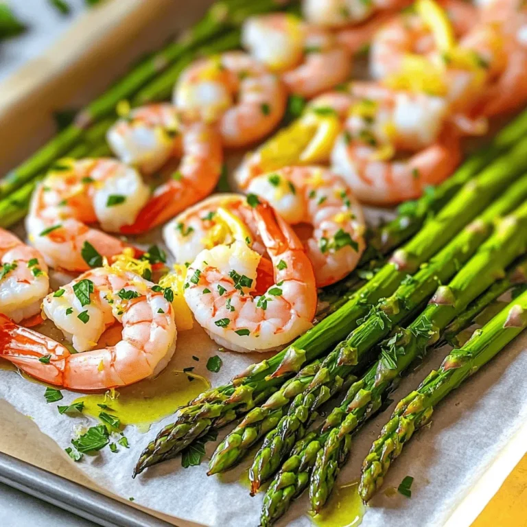 To make this dish, gather these simple items: - 1 pound large shrimp, peeled and deveined - 1 bunch asparagus, trimmed - 3 tablespoons olive oil - 3 cloves garlic, minced - Zest and juice of 1 lemon - 1 teaspoon dried oregano - 1 teaspoon paprika - Salt and pepper to taste - Fresh parsley, chopped (for garnish) You can swap ingredients to fit your taste. If you don't have shrimp, try chicken or tofu. Asparagus can be replaced with green beans or broccoli. For olive oil, you can use avocado oil. If you want a different flavor, try fresh herbs like basil or thyme instead of dried oregano. You can also change the spice level by adding chili flakes or cayenne pepper. When picking shrimp, look for ones that smell fresh, not fishy. The shells should be shiny and firm. Choose shrimp that are pink or gray, with a smooth texture. For asparagus, select bright green stalks. They should be firm, not limp. Avoid any with soft tips or blemishes. Fresh asparagus often has a sweet smell, which is a good sign of quality. First, you need to preheat your oven to 425°F (220°C). This high heat helps the shrimp and asparagus cook nicely. While the oven warms up, grab a large baking sheet. You can line it with parchment paper or lightly grease it. This will prevent sticking and make cleanup easier. In a large bowl, mix together three tablespoons of olive oil, three minced garlic cloves, the juice and zest of one lemon, one teaspoon of dried oregano, one teaspoon of paprika, and some salt and pepper. Stir this well to combine all the flavors. Add in one pound of peeled and deveined shrimp. Toss the shrimp in the marinade until they are fully coated. Let them sit for about 15 minutes. This step is crucial. It helps the shrimp soak up all that zesty flavor. While the shrimp marinates, prepare the asparagus. Trim the ends and spread them on one side of the baking sheet. Season with a little salt, pepper, and a drizzle of olive oil. After the shrimp has marinated, place them on the other side of the baking sheet in a single layer. Bake everything in the preheated oven for 10 to 12 minutes. The shrimp should turn pink and opaque, while the asparagus should be tender yet crisp. Once done, remove the pan from the oven. You can garnish with fresh chopped parsley for a lovely finish. To avoid overcooking shrimp, keep a close eye on them. Shrimp cook fast. They turn pink and opaque in about 10 to 12 minutes. If you cook them too long, they become rubbery. A good tip is to stop cooking when they curl into a C shape. This shows they are just right. Always check them a minute or two early. For tender asparagus, start with fresh stalks. Look for bright green color and firm texture. Trim the ends before cooking. This helps them absorb the marinade better. When baking, place them on one side of the sheet pan. This gives them room to cook evenly. Bake until they are crisp but tender, about 10 to 12 minutes. To boost the flavor, try adding fresh herbs. Basil, thyme, or dill work well with shrimp. You can also add a pinch of red pepper flakes for some heat. Lemon zest adds brightness, too. If you love garlic, add more minced cloves to the marinade. Experiment with your favorite spices to make this dish your own. {{image_2}} You can easily change this dish by adding other veggies. Bell peppers add a sweet crunch. Zucchini brings a nice, soft texture. Just chop them up and toss them with the shrimp and asparagus. They will soak up the lemon herb flavors. You can use any vegetables you like. Carrots, broccoli, or cherry tomatoes also work well. Make it colorful and fun! Want to make this meal heartier? Try adding quinoa or rice. Cook the grains separately first. Then, spread them on the baking sheet. Place the shrimp and asparagus on top. The shrimp juices will mix with the grains. This adds flavor and makes it filling. It’s a great way to enjoy a complete meal in one pan. You can spice up your dish with different seasonings. If you love heat, add some cayenne pepper or red pepper flakes. For a smoky flavor, use smoked paprika instead of regular. You can also try fresh herbs like basil or cilantro for a twist. Experiment with flavors to find what you love best. Each change makes this dish unique and exciting! After enjoying your meal, let leftovers cool down. Place them in an airtight container. This keeps shrimp and asparagus fresh. Store the container in the fridge. Your leftovers will last for up to three days. When it's time to eat again, reheating is easy. Use a skillet on low heat for the best results. This warms the shrimp without overcooking. Stir gently to heat evenly. You can also use the microwave. Heat in short bursts to avoid rubbery shrimp. Freezing shrimp and asparagus is simple. First, let them cool completely. Then, place them in freezer-safe bags. Remove as much air as possible. This helps prevent freezer burn. They can stay frozen for up to three months. When ready to eat, thaw in the fridge overnight before reheating. Yes, you can use frozen shrimp. Just make sure to thaw them first. Place them in the fridge overnight or run them under cold water for quick thawing. Once thawed, pat them dry with a paper towel. This step helps the shrimp absorb the marinade better. You can serve this dish with many sides. Here are some ideas: - Rice: White or brown rice pairs well. - Quinoa: A healthy grain option that adds protein. - Salad: A fresh green salad adds crunch. - Bread: Garlic bread or crusty rolls can soak up the juices. Feel free to mix and match based on what you like. To keep shrimp juicy, follow these tips: - Marinate properly: Let the shrimp soak in the marinade for at least 15 minutes. - Don’t overcook: Bake them just until they turn pink and opaque. - Use high heat: Cooking at 425°F (220°C) helps lock in moisture fast. By using these steps, you will enjoy perfectly tender shrimp every time. This blog post covered how to make a delicious sheet pan meal with shrimp and asparagus. We talked about the best ingredients, how to marinate shrimp, and tips for keeping it tender. I shared ways to add flavors, vary the dish, and store leftovers. Remember, fresh veggies and good seasoning make your meal great. With these tips, you will impress everyone at the table. Enjoy cooking and experimenting with flavors in your kitchen!