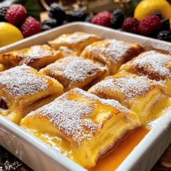 - 2 cans of refrigerated cinnamon rolls - 6 large eggs - 1 cup of milk (whole or almond) - ½ cup heavy cream - ¼ cup brown sugar - 1 tablespoon vanilla extract - 1 teaspoon ground cinnamon - ½ teaspoon nutmeg - ½ cup maple syrup (additional for serving) - Powdered sugar for garnish Gathering the right ingredients is key. First, you need two cans of cinnamon rolls. I prefer the ones that come with icing. They give the casserole a rich flavor. Next, grab six large eggs. They add structure and richness. For the liquid, use one cup of milk. You can choose whole or almond milk based on your taste. Adding half a cup of heavy cream makes it extra creamy. Now, let’s add some flavor. You’ll need a quarter cup of brown sugar for sweetness. One tablespoon of vanilla extract adds a lovely aroma. Ground cinnamon is a must—one teaspoon gives that classic cinnamon roll taste. A little nutmeg, just half a teaspoon, enhances the flavor even more. Lastly, don't forget the toppings. You’ll want half a cup of maple syrup. This is for drizzling when serving. A dusting of powdered sugar makes it look beautiful. These ingredients come together to create a delightful breakfast treat! - Preheat your oven to 350°F (175°C). Grease a 9x13 inch baking dish. - Open the cinnamon rolls and cut each roll into quarters. - In a large bowl, whisk together 6 eggs, 1 cup milk, ½ cup heavy cream, and ¼ cup brown sugar. - Add 1 tablespoon of vanilla extract, 1 teaspoon ground cinnamon, ½ teaspoon nutmeg, and ½ cup maple syrup. Mix until well combined. - Place the quartered cinnamon rolls in the greased baking dish. Spread them evenly. - Pour the egg mixture over the cinnamon rolls. Press down gently to coat all pieces. - Let the casserole sit for 10-15 minutes to soak up the flavors. - Bake in your preheated oven for 25-30 minutes. Check for a golden top and set center. - While it bakes, prepare the icing from the cinnamon roll package. - Once done, let the casserole cool for 5 minutes. - Drizzle the icing over the warm casserole and dust with powdered sugar before serving. - Soaking time for optimal flavor absorption: Letting the casserole sit for 10-15 minutes is key. This time allows the egg mixture to soak into the cinnamon rolls. It improves flavor and texture. If you skip this step, your rolls may taste dry. - Using different milk options for dietary needs: You can use almond milk or oat milk instead of whole milk. This makes the dish suitable for lactose-free diets. Each milk adds its unique taste but keeps the casserole creamy. - How to know when it's done cooking: The casserole is ready when the top turns golden brown. You can check by inserting a knife in the center. If it comes out clean, it’s done. If it’s still wet, give it a few extra minutes. - Avoiding soggy casserole: To prevent sogginess, ensure the rolls are well-coated but not swimming in the egg mixture. If your rolls sit too long, they can absorb too much liquid. - Best ways to cut and serve: For easy serving, cut the casserole into squares. Use a spatula to lift each piece gently. This keeps the layers intact. - Additional toppings for an upgraded experience: Drizzle with extra maple syrup or add fresh berries. A dusting of powdered sugar adds a nice touch too. You can also offer whipped cream for a sweeter treat. {{image_2}} You can easily swap some ingredients in this recipe. For a dairy-free option, use almond milk instead of whole milk. You can also replace heavy cream with coconut cream. If you want to cut down on sugar, try using a sugar substitute like stevia or monk fruit sweetener. These changes make the dish healthier but still tasty. Adding fruit makes this dish even better. You can toss in berries like strawberries or blueberries. Chopped apples also work great. They add a fresh taste and a nice texture. If you want to change up the spices, try using cardamom or ginger instead of cinnamon. These spices give the casserole a unique flavor. This casserole is perfect for a breakfast buffet. You can cut it into squares and serve it warm. Set out extra maple syrup and powdered sugar for guests to add. For a savory twist, you can add cooked bacon or sausage. This change gives a nice contrast to the sweet rolls. You can also serve it with scrambled eggs for a full meal. To store leftovers, let the casserole cool. Cover it with plastic wrap or foil. Place it in the fridge. It will stay fresh for about 3-4 days. You can freeze this casserole too! Cut it into squares before freezing. Wrap each piece in plastic wrap, then place in a freezer-safe bag. It can last for up to 2-3 months. When you're ready to eat, thaw it overnight in the fridge. You can reheat it in the oven at 350°F (175°C) for about 15-20 minutes. This will help keep it soft and tasty. Before serving, add a drizzle of maple syrup to revive the flavor. You can also sprinkle some powdered sugar on top for sweetness. Pair it with fresh berries or whipped cream for a fun treat! Can I make this casserole the night before? Yes, you can! To make this casserole ahead of time, follow the recipe steps but stop before baking. Cover the dish and place it in the fridge. In the morning, let it sit at room temp for about 30 minutes. Then, bake as directed. This saves time and builds flavor. How do I adjust the recipe for a smaller or larger crowd? To adjust for a smaller crowd, cut the ingredients in half. Use one can of cinnamon rolls, three eggs, and reduce other ingredients accordingly. For a larger crowd, double the recipe. Use four cans of cinnamon rolls and twelve eggs. Just be sure to use a bigger baking dish. What if my casserole is too dry? If your casserole turns out dry, next time add more milk or cream to the egg mix. You can also soak the rolls longer in the egg mixture. This helps them absorb more liquid. How can I fix a soggy casserole? To fix a soggy casserole, try not to pour all the egg mixture at once. Pour slowly and let the rolls soak a bit first. You could also bake it a little longer. This helps to firm up the texture. Can I use other types of bread for this recipe? Absolutely! You can use brioche, challah, or even croissants. Each type will add its own flavor. Just cut the bread into similar-sized pieces as the cinnamon rolls. What alternatives do I have for eggs in this dish? If you need an egg substitute, use a mix of flaxseed meal and water. For each egg, combine one tablespoon of flaxseed with three tablespoons of water. Let it sit until it thickens. You can also use unsweetened applesauce, with a quarter cup for each egg. This blog post detailed a simple and delicious cinnamon roll casserole. We explored the ingredients, preparation steps, and baking tips. I shared variations and storage options to help you make this dish your own. In closing, this recipe is easy and flexible, perfect for any meal. With a few tweaks, it can fit anyone's needs. Dive in and enjoy this sweet treat with your friends and family. Happy baking!