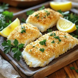 To make Crispy Parmesan Crusted Cod, you will need a few key ingredients. Here is the list: - Cod fillets (4 pieces, about 6 ounces each) - Grated Parmesan cheese (1/2 cup) - Panko breadcrumbs (1/2 cup) - Garlic powder (1 teaspoon) - Dried parsley (1 teaspoon) - Paprika (1/2 teaspoon) - Black pepper (1/4 teaspoon) - Salt to taste - Melted butter (2 tablespoons) - Lemon juice (1 tablespoon) - Olive oil spray for cooking These ingredients are simple but create a big flavor. The cod is the star here. It has a mild taste that pairs well with the crunchy, cheesy topping. The Parmesan and panko give a great texture. The spices add depth. Garlic powder gives a nice kick. Dried parsley adds color. Paprika brings warmth, and black pepper adds a hint of spice. The butter and lemon juice mix helps the coating stick. It adds moisture and flavor. Use olive oil spray to make the crust crispy, without extra fat. Gather these items before you start cooking. With these ingredients, you can whip up a delicious dinner. Enjoy the process! 1. Preheat your oven to 400°F (200°C). This step is key for crispy cod. 2. Line a baking sheet with parchment paper. This helps with easy cleanup. 3. In a shallow bowl, mix together: - 1/2 cup grated Parmesan cheese - 1/2 cup panko breadcrumbs - 1 teaspoon garlic powder - 1 teaspoon dried parsley - 1/2 teaspoon paprika - 1/4 teaspoon black pepper - A pinch of salt Stir well until all ingredients blend. 4. In another bowl, combine: - 2 tablespoons melted butter - 1 tablespoon lemon juice This mixture adds great flavor to the cod. 1. Pat the cod fillets dry with paper towels. This helps the coating stick better. 2. Brush each fillet lightly with the butter and lemon mixture. Make sure to coat them evenly. 3. Dredge each fillet in the cheese and breadcrumb mix. Press gently so it sticks well. 1. Arrange the coated cod fillets on the baking sheet. 2. Spray them lightly with olive oil. This will make them extra crispy. 3. Bake in the preheated oven for 15-20 minutes. Keep an eye on them. 4. The cod should be cooked through and the crust golden brown. Enjoy the deliciousness! To make your cod truly crispy, use a mix of panko and Parmesan. Panko gives that light crunch while Parmesan adds rich flavor. When you coat the fish, press down firmly. This helps the crust stick well. Don't skip the olive oil spray. It helps the crust brown nicely in the oven. A light spray goes a long way to enhance crunchiness. You’ll know your cod is done when it flakes easily with a fork. The crust should be golden brown. Typically, this takes about 15 to 20 minutes at 400°F (200°C). Let the cod rest for a few minutes before serving. This helps keep it moist inside. Plus, it allows flavors to settle in. Serve your crispy cod on a bright platter. Add lemon wedges and fresh parsley for a pop of color. It looks delicious and inviting. For sides, pair the cod with steamed veggies or a fresh salad. These add flavor and make the meal complete. Enjoy your beautiful plate! {{image_2}} You can change the taste of your cod with different herbs and spices. Try adding fresh dill or thyme for a fresh twist. A pinch of cayenne pepper gives a nice kick. You can also swap out the cod for other fish like tilapia or haddock. Each fish offers a unique flavor and texture. Baking is great, but air frying can make your cod even crispier. The hot air cooks the fish quickly and evenly. If you want a smoky flavor, try grilling the cod. The grill adds a nice char that pairs well with the Parmesan crust. If you need a gluten-free option, use crushed rice cereal instead of panko. It will still give you that crunch. For a dairy-free choice, look for vegan Parmesan cheese. It melts and crisps similarly, so you can enjoy the flavors without the dairy. To keep your Crispy Parmesan Crusted Cod fresh, use airtight containers. Glass or plastic containers work well. Before sealing, let the cod cool to room temperature. This helps avoid moisture build-up. Store the leftovers in the fridge for up to three days. Avoid leaving them out for too long to keep them safe. To reheat cod and keep it crispy, use an oven. Preheat your oven to 350°F (175°C). Place the cod on a baking sheet. Bake for about 10 minutes. This method helps restore the crust’s crunch. You can also use an air fryer. Set it to 350°F (175°C) and heat for 5-7 minutes. Both methods work well to keep the fish tasty. Can I use frozen cod fillets? Yes, you can use frozen cod fillets. Just thaw them first. Pat them dry to remove extra moisture. This step helps the coating stick better. What can I substitute for Parmesan cheese? You can use other hard cheeses like Pecorino Romano or Grana Padano. Both will give a similar flavor. For a dairy-free option, try nutritional yeast. How do I know when the cod is done cooking? The cod is done when it flakes easily with a fork. It should also have an internal temperature of 145°F (63°C). The crust should look golden brown and crispy. How to get the coating to stick? Make sure to dry the cod fillets well. Brush them with the butter and lemon mix before dredging. Press the coating onto the fillets firmly for better adhesion. What is the best serving temperature? Serve the cod hot, right out of the oven. This keeps the crust crispy and the fish tender. Letting it rest for a few minutes helps the flavors settle. What to serve with crispy cod? I love pairing crispy cod with steamed vegetables or a fresh salad. You can also serve it with rice or quinoa for a complete meal. Lemon wedges add a nice touch. Can I make this recipe ahead of time? You can prepare the coating in advance. Store it in an airtight container. However, it's best to coat and bake the cod just before serving for maximum crispiness. This blog post covered how to make crispy Parmesan crusted cod. We reviewed the ingredients needed, the steps to prepare and cook, and tips for perfect results. Remember, using panko and Parmesan helps achieve that crispy texture. You can easily modify the recipe to suit your tastes too. Whether you bake it or grill it, this cod dish pairs well with various sides. Enjoy trying this approachable and delicious recipe that brightens meals!