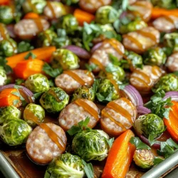 - 1 pound chicken or turkey sausages, sliced into rounds - 2 cups Brussels sprouts, halved - 1 cup carrots, sliced - 1 medium red onion, cut into wedges - 1 red bell pepper, sliced These fresh vegetables bring color and flavor to your dish. They cook evenly and pair well with the sausages. You can use any brand of chicken or turkey sausages you prefer. Just slice them into rounds for even cooking. - 4 tablespoons maple syrup - 3 tablespoons Dijon mustard - 2 tablespoons olive oil - 1 teaspoon smoked paprika - Salt and pepper, to taste This glaze is the star of the show. The maple syrup adds sweetness, while the Dijon mustard gives it a nice kick. Olive oil helps everything mix well. Smoky flavors from smoked paprika enhance the dish. Adjust salt and pepper to your liking for the best taste. First, preheat your oven to 425°F (220°C). This step helps cook everything evenly. While the oven heats up, you can start cutting your veggies. Take 2 cups of Brussels sprouts and cut them in half. Slice 1 cup of carrots into rounds. Then, cut 1 medium red onion into wedges and slice 1 red bell pepper. Make sure your veggies are ready before mixing. This way, your dish will cook well. Next, you will create the glaze. In a small bowl, whisk together 4 tablespoons of maple syrup and 3 tablespoons of Dijon mustard. Add 2 tablespoons of olive oil. Mix in 1 teaspoon of smoked paprika, and sprinkle in salt and pepper to your taste. Whisk until everything blends nicely. This glaze adds a sweet and tangy flavor to your dish. Now it’s time to combine everything. In a large mixing bowl, add your sliced sausages, Brussels sprouts, carrots, red onion, and red bell pepper. Pour the maple Dijon mixture over the top. Toss everything together until every piece is coated in the glaze. Spread the mixture evenly onto a large sheet pan. Make sure not to overcrowd it. This helps everything roast nicely. Place the sheet pan in the oven and roast for about 25 to 30 minutes. Stir halfway through to ensure even cooking. Once the veggies are tender and the sausages are browned, take it out. Let it sit for 2-3 minutes, then garnish with fresh parsley before serving. Enjoy this vibrant and tasty meal! To make sure your veggies roast just right, keep these tips in mind: - Avoid overcrowding on the sheet pan: Give each piece space. This helps them brown and crisp up. If they are too close, they will steam instead of roast. Use two pans if needed. - Optimal cutting sizes for even cooking: Cut all veggies to about the same size. For example, halve Brussels sprouts and slice carrots evenly. This way, everything cooks at the same pace. You can boost the taste of your dish with these simple additions: - Adding spices or herbs: Try adding garlic powder or thyme for extra flavor. A pinch of red pepper flakes can give it a nice kick. Experiment to find what you like best. - Suggestions for serving and garnishing: Serve your dish right from the pan for casual dining. For a fancier touch, plate individual portions and sprinkle extra parsley on top. This adds color and freshness. {{image_2}} You can change up the proteins in this dish. Instead of chicken or turkey sausages, try veggie sausages. They work well and keep it plant-based. You can also use chicken or pork sausages if you prefer. Switching vegetables can add fun, too. Try using zucchini or squash instead of Brussels sprouts. These veggies roast nicely and taste great. You can also mix in sweet potatoes or green beans for variety. Want to change the glaze? You have options! Honey mustard adds a sweet twist. Just swap the Dijon mustard for honey mustard in the glaze. Balsamic vinegar offers a tangy flavor. Mix balsamic with olive oil and seasonings for a new glaze. It pairs well with the veggies and sausages. Experiment with these flavors to find your favorite! To keep your sheet-pan maple Dijon sausage and veggies fresh, let them cool first. Place the leftovers in an airtight container. Store it in the fridge for up to three days. If you want to keep it longer, consider freezing. Just make sure to use a freezer-safe container. Label the container with the date. This way, you won’t forget how long it has been. For reheating, the oven is the best choice. Preheat your oven to 350°F (175°C). Place the leftovers on a baking sheet. Cover them with foil to retain moisture. Heat for about 15-20 minutes, or until warmed through. You can also use a microwave. Just use a microwave-safe dish and cover it loosely. Heat in short bursts, stirring in between. This will help keep the texture nice and tasty. How long does this dish last in the fridge? This dish lasts about three to four days in the fridge. Store it in an airtight container. This keeps the flavors fresh and the veggies crisp. Can I make this dish ahead of time? Yes, you can prep this dish a day ahead. Chop the veggies and slice the sausages. Keep the glaze separate until you are ready to cook. This makes the cooking quick and easy. Is it possible to use frozen vegetables? Absolutely! Frozen vegetables work well for this dish. Just add them straight to the pan without thawing. They may need a few extra minutes to cook. How can I make this dish spicier? To spice things up, add red pepper flakes or a pinch of cayenne pepper. You could also use spicy sausage for an added kick. These small changes can make a big difference! This blog post covered a delicious recipe featuring chicken or turkey sausages and fresh veggies, topped with a tasty maple Dijon glaze. We walked through each step, from prepping the oven to roasting everything to perfection. I shared tips to enhance flavors and variations to keep it exciting. Remember, storing leftovers and reheating properly can improve your dish's taste. Enjoy your cooking and feel free to experiment with different ingredients. Happy roasting!