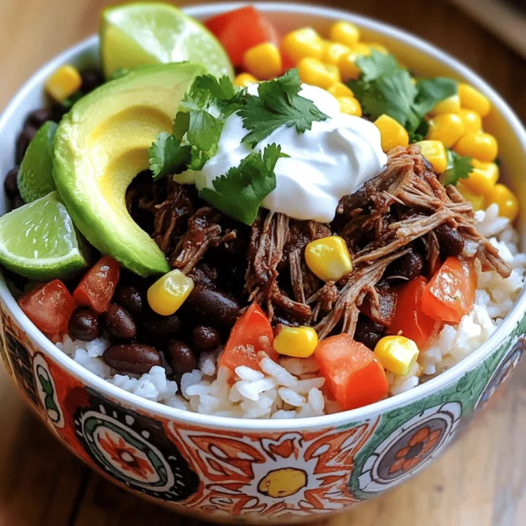 For the beef barbacoa, you will need: - 2 lbs beef chuck roast, cut into large chunks - 1 medium onion, chopped - 4 cloves garlic, minced - 1/4 cup lime juice (about 2-3 limes) - 1 cup beef broth To build your burrito bowls, gather: - 2 cups cooked rice or quinoa - 1 can (15 oz) black beans, rinsed and drained - 1 cup corn, fresh or frozen - 1 cup diced tomatoes - 1 avocado, sliced - Fresh cilantro, for garnish - Sour cream or Greek yogurt, for serving - Lime wedges, for serving These seasonings will boost the taste: - 2 tablespoons apple cider vinegar - 2 tablespoons chipotle peppers in adobo sauce, minced - 1 tablespoon ground cumin - 1 tablespoon dried oregano - 1 teaspoon ground black pepper - 1 teaspoon salt Each ingredient plays a key role. The beef chuck adds rich flavor. The lime juice brightens the dish. The spices create depth and warmth. The beans and rice provide a hearty base. Toppings like avocado and cilantro add freshness. These layers make the burrito bowl a delight! To start, cut the beef chuck roast into large chunks. This helps it cook evenly. Next, set your Instant Pot to the Sauté function. Add some olive oil to the pot. Once hot, sear the beef chunks on all sides. This should take about 3-4 minutes per side. Browning adds great flavor. If you have a lot of beef, do it in batches. After browning, remove the beef and set it aside. In the same pot, add the chopped onion. Cook for about 2-3 minutes until it turns translucent. Then, stir in the minced garlic. Cook for another minute until it smells great. This step builds a strong flavor base for your beef barbacoa. Now, add lime juice, apple cider vinegar, minced chipotle peppers, cumin, oregano, black pepper, salt, and beef broth. Mix everything well to combine. Return the browned beef to the pot. Close the lid and seal the valve. Set the Instant Pot to Manual mode and cook on high pressure for 60 minutes. After cooking, let the pressure release naturally for 10 minutes. Then, do a quick release to let out any extra pressure. Carefully take the beef out of the pot. Use two forks to shred it into bite-sized pieces. Return the beef to the pot and mix it with the sauce. Now your beef barbacoa is ready to build delicious burrito bowls! To get the best flavor in your beef barbacoa, focus on a few key steps. First, sear the beef well. This step adds depth and richness. Use a good amount of olive oil to prevent sticking. Next, use fresh lime juice for brightness. The acidity balances the spices well. Chipotle peppers in adobo sauce give a smoky kick. Adjust the amount based on your spice level. Don't forget to mix your spices evenly. This ensures every bite is bursting with flavor. Lastly, let the beef rest before shredding. This helps keep it juicy. Using the Instant Pot can be a game changer in your kitchen. Always remember to seal the valve before cooking. This is key for pressure to build. Don't skip the natural pressure release. It tenderizes the beef even more. If you're in a hurry, you can do a quick release after 10 minutes. Just be careful. Keep your hands away from the steam. For best results, avoid overfilling the pot. Follow the max fill line to prevent spills. Presentation makes your meal more inviting. Start with a base of rice or quinoa in a colorful bowl. Layer your ingredients for visual appeal. Place the beef on top, then add a scoop of black beans. Follow with corn and diced tomatoes. Arrange avocado slices neatly for a pop of color. Finish with a dollop of sour cream or Greek yogurt. Sprinkle fresh cilantro on top for a fresh touch. Serve lime wedges on the side for an extra burst of flavor. This makes your burrito bowls look as good as they taste! {{image_2}} If you want to change the meat, you can use pork. Pork shoulder works well. It cooks down nicely and gives a great taste. You can also try chicken thighs. They are juicy and will absorb the flavors well. Just adjust the cooking time to 25 minutes for chicken in the Instant Pot. To make a vegetarian burrito bowl, skip the meat and use jackfruit. Jackfruit mimics the texture of shredded meat. You can also use lentils or chickpeas for protein. Both options are hearty and filling. Add some extra spices to boost the flavor. Use the same sauce to keep that rich taste. For more depth, add more spices like smoked paprika or chili powder. These spices give a warm flavor. You can also toss in fresh herbs like oregano or thyme. Fresh herbs brighten the dish. For a tangy kick, add more lime juice or a splash of vinegar. This lifts the flavors and makes every bite exciting. To store leftover beef barbacoa, let it cool first. Place it in an airtight container. This keeps flavors fresh and prevents spills. You can store it in the fridge for up to 4 days. If you want to keep it longer, freezing is a great option. Reheat your beef barbacoa on the stove or in the microwave. If using the stove, warm it over low heat. Stir often to make sure it heats evenly. In the microwave, place it in a microwave-safe bowl. Cover it with a lid or microwave-safe wrap. Heat for 1-2 minutes, stirring halfway through. Always check that it is hot all the way through before serving. To freeze beef barbacoa, use freezer-safe bags or containers. Portion out servings to make it easy to thaw later. Label each bag with the date. You can freeze it for up to 3 months. When ready to eat, thaw it in the fridge overnight. Reheat it as mentioned above. This method helps you enjoy your leftovers without waste. To make this recipe gluten-free, use gluten-free beef broth. Ensure that the chipotle peppers in adobo sauce are also gluten-free. Most brands are safe, but check the label. Serve the burrito bowls over quinoa instead of rice, as it is naturally gluten-free. You can serve your burrito bowls with a variety of toppings. Some great options include: - Shredded lettuce - Sliced jalapeños - Diced red onions - Fresh lime wedges - Crumbled queso fresco These add flavor and texture to your meal. The beef needs to cook in the Instant Pot for 60 minutes on high pressure. This time allows the beef to become tender and soak up the flavors. After cooking, let the pressure release naturally for 10 minutes before doing a quick release. Yes, you can use different cuts like brisket or flank steak. Both will give you tasty results. However, cooking times may vary slightly. Always check for tenderness. Store any leftovers in an airtight container in the fridge. They will stay fresh for up to three days. You can also freeze them for longer storage, up to three months. Yes, you can prepare the beef barbacoa a day ahead. Just reheat the beef in the Instant Pot or on the stove when ready to serve. The flavors will deepen overnight. If you don’t have an Instant Pot, you can use a slow cooker. Cook the beef on low for 8 hours or high for 4 hours. The result will still be delicious and tender. Absolutely! Feel free to add bell peppers, zucchini, or any veggies you enjoy. Just sauté them along with the onions for added flavor. The spice level comes from the chipotle peppers. If you prefer less heat, use fewer peppers or substitute them with mild chilies. This way, the dish remains flavorful without too much spice. Beef barbacoa is a simple dish full of flavor. We covered the main ingredients, cooking steps, and tips to perfect it. You can also explore variations like vegetarian options and storage methods. When you try this recipe, enjoy your tasty burrito bowls with family and friends. Take pride in your cooking skills and share your delicious results. Homemade barbacoa brings excitement to any meal.