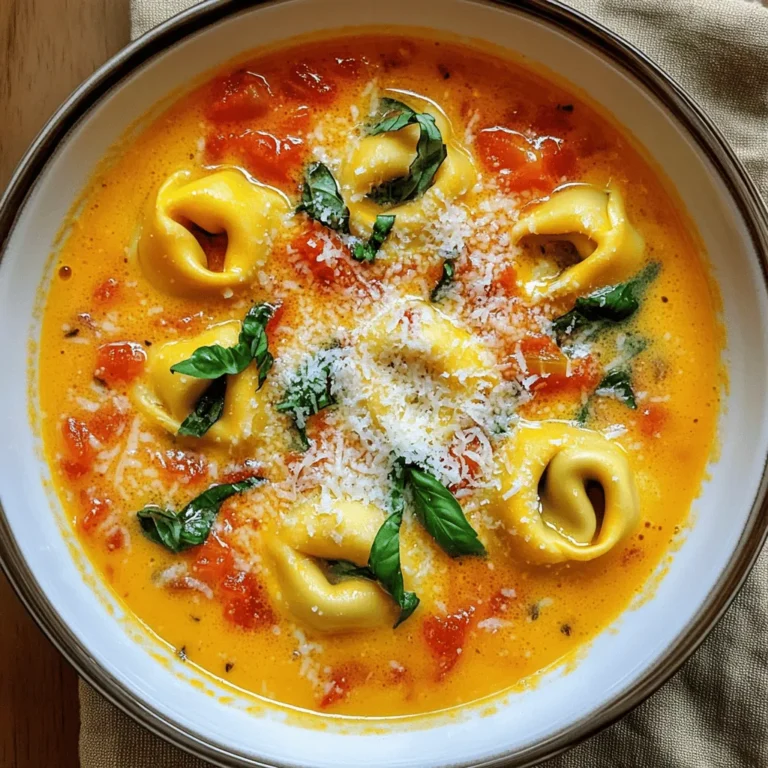 - 1 tablespoon olive oil - 1 onion, chopped - 3 garlic cloves, minced - 1 can (28 oz) crushed tomatoes - 4 cups vegetable broth - 1 teaspoon dried oregano - 1 teaspoon dried basil - 1/4 teaspoon red pepper flakes (optional) - 2 cups refrigerated cheese tortellini - 1 cup heavy cream - 1 cup fresh basil leaves, chopped - Salt and pepper to taste - Grated Parmesan cheese for serving The base of this creamy tomato basil tortellini soup starts with olive oil. You need just one tablespoon. It adds a nice richness. Next, chop one onion and mince three garlic cloves. These aromatics bring depth to your soup. You will also use one 28-ounce can of crushed tomatoes. This gives your soup a fresh and tangy flavor. For the liquid, four cups of vegetable broth add heartiness. Dried oregano and dried basil add classic Italian flavors. Use one teaspoon each. If you like a little heat, add a quarter teaspoon of red pepper flakes. For the main event, you will need two cups of refrigerated cheese tortellini. This makes the soup filling and fun. To finish it off, one cup of heavy cream adds creaminess. Don’t forget fresh basil! One cup, chopped, adds a burst of color and flavor. Use salt and pepper to taste. Finally, serve with grated Parmesan cheese for a savory twist. - 1/4 teaspoon red pepper flakes - Grated Parmesan cheese If you enjoy a little spice, consider adding red pepper flakes. It’s optional, but it can kick up the flavor! You can use grated Parmesan cheese as a topping. It makes your soup even more delicious. 1. Heating the olive oil In a large pot, pour in 1 tablespoon of olive oil. Heat it over medium heat. You want the oil hot but not smoking. 2. Sautéing onion and garlic Next, add 1 chopped onion to the pot. Cook it for about 5 minutes until it softens. Then, add 3 minced garlic cloves. Stir and cook for 1 more minute. The kitchen will smell great! 3. Adding tomatoes and broth Now, open a 28-ounce can of crushed tomatoes. Pour it into the pot. Add 4 cups of vegetable broth next. Stir in 1 teaspoon of dried oregano and 1 teaspoon of dried basil. If you like spice, add 1/4 teaspoon of red pepper flakes. 4. Seasoning the soup Bring the soup to a simmer. This means small bubbles will form on the surface. It should take about 15 minutes. Stir it occasionally to mix the flavors well. 5. Simmering for flavor blending Let the soup simmer and watch as the flavors blend together. This step is key for a rich taste. 6. Incorporating the tortellini Now, it’s time to add the fun part! Stir in 2 cups of refrigerated cheese tortellini. Cook it according to the package instructions. This usually takes about 3 to 5 minutes. 7. Mixing in the heavy cream Lower the heat once the tortellini is ready. Slowly pour in 1 cup of heavy cream. Stir gently to mix everything. 8. Final seasoning adjustments Lastly, add fresh basil leaves that you chopped. Season with salt and pepper to taste. Heat through but don’t let it boil. Your soup is ready to serve! - Ensuring the right pasta doneness: Cook the tortellini until just al dente. This means it should be firm but not hard. The pasta will continue to cook in the soup. - Avoiding boiling after adding cream: Lower the heat before adding heavy cream. Boiling can cause the cream to separate. Stir gently to blend it smoothly. - Garnishing options: Top with grated Parmesan cheese and fresh basil leaves. This adds flavor and a nice look. - Pairing with bread or salads: Serve with crusty bread or a fresh salad. This complements the soup and makes it a full meal. - Adjusting spice levels: Add more or less red pepper flakes based on your taste. Start small; you can always add more if needed. - Enhancing with fresh herbs: Fresh basil elevates the soup’s taste. Try adding other herbs like parsley or thyme for extra flavor. {{image_2}} You can easily change up the broth in this soup. If you want more flavor, try chicken broth. It adds a nice depth. You can also use beef broth for a heartier taste. For pasta, cheese tortellini is great, but you can swap it out. Use mini shells or fettuccine if you like. They will still taste good in the soup. If you need gluten-free options, choose gluten-free pasta. Many brands offer tasty choices. Just make sure to check the package. For a vegan soup, skip the cheese tortellini and heavy cream. Use a plant-based cream and pasta instead. The soup will still be creamy and delicious. In spring or summer, add fresh vegetables like zucchini or bell peppers. They will brighten the soup. Just toss them in when you add the tortellini. When it's cold, you can make it heartier. Add potatoes or carrots to warm you up. They cook well and add nutrition. Adjust the spices to match the season too! To store leftovers, let the soup cool first. Place it in airtight containers. Glass or plastic containers work well. Be sure to leave some space at the top for expansion. This helps keep the soup fresh. You can freeze the soup for later. First, let it cool completely. Then, pour it into freezer-safe containers. Leave some space at the top for expansion. To reheat, thaw in the fridge overnight. Heat it on the stove over low heat. Stir well to combine, and add some water if needed. In the refrigerator, the soup lasts about 3 to 4 days. If you see any mold, a sour smell, or changes in color, discard it. Always check before eating to ensure it is safe. Can I make this soup ahead of time? Yes, you can make this soup ahead of time. Just let it cool and store it in the fridge. Reheat it on the stove before serving. The flavors will blend even more as it sits. How do I thicken the soup? If you want a thicker soup, you can blend it. Use an immersion blender to puree a part of the soup. You can also add more tortellini or a bit of cornstarch mixed with water to thicken it. Is there a dairy-free substitute for heavy cream? Yes, coconut milk or cashew cream works great as a dairy-free substitute. They add creaminess without dairy. Just be aware that it may change the flavor slightly. Can I use frozen tortellini? Absolutely! Frozen tortellini is perfect for this recipe. Just add it to the soup directly, and cook according to the package time. It saves you a step and tastes great. What goes well with tomato basil tortellini soup? This soup pairs well with crusty bread or a fresh salad. Garlic bread is also a fantastic choice for dipping. You can even add a sprinkle of grated Parmesan on top. Can I prepare this soup in a slow cooker? Yes, you can! Start by sautéing the onion and garlic in a pan, then transfer everything to the slow cooker. Cook on low for 4 to 6 hours. Add the cream and tortellini near the end. This article covered how to make a tasty tomato basil tortellini soup. You learned about key ingredients, like olive oil, garlic, and heavy cream. We walked through preparation and cooking steps simply. Cooking tips helped ensure your soup turns out great. Serving suggestions added extra flair. You can also try fun variations and know how to store leftovers. Enjoy this soup with your favorite bread for a cozy meal!