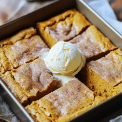 - 1 cup pumpkin puree - 1 cup brown sugar - 1/2 cup granulated sugar - 1/2 cup unsalted butter, melted - 2 large eggs - 1 teaspoon vanilla extract - 2 cups all-purpose flour - 1 teaspoon baking powder - 1 teaspoon baking soda - 1 teaspoon pumpkin spice - 1/2 teaspoon salt - 1/4 cup granulated sugar (for topping) - 1 tablespoon cinnamon (for topping) Each ingredient plays a key role in the texture and taste of the blondies. The pumpkin puree adds moisture, making them soft and chewy. Brown sugar helps create a rich flavor and a nice caramel color. Granulated sugar sweetens the blondies, while butter adds richness. Eggs bind everything together, keeping the blondies from falling apart. Using the right amount of flour is crucial. Too much can make them dry, while too little can cause them to fall apart. Baking powder and baking soda help the blondies rise. Pumpkin spice adds warmth, making these treats perfect for fall. Lastly, the salt boosts all the flavors. You can swap the pumpkin puree for applesauce if you want a different flavor. Instead of all-purpose flour, try a gluten-free blend for a gluten-free option. You can also use coconut oil instead of butter for a dairy-free version. If you like nuts, add chopped walnuts or pecans for extra crunch. For a sweeter twist, mix in chocolate chips. These substitutions let you make the recipe your own while keeping it delicious. First, you need to heat your oven. Set it to 350°F (175°C). This step is key for even baking. Next, take a 9x9 inch baking pan. Grease it lightly or line it with parchment paper. This helps the blondies come out easily after baking. In a big bowl, combine the melted butter, pumpkin puree, brown sugar, and granulated sugar. Use a whisk or spatula to mix them well. You want this mixture to be smooth and creamy. Then, crack in two large eggs and add the vanilla extract. Stir until everything is fully blended. This creates a rich base for your blondies. Now, grab another bowl. Whisk together the flour, baking powder, baking soda, pumpkin spice, and salt. This step ensures even flavor and rise. Gradually add this dry mix to your wet mixture. Stir carefully until just combined. Don’t over-mix, or your blondies may turn out tough. Pour the batter into your prepared pan. Spread it out evenly with a spatula. In a small bowl, mix the granulated sugar and cinnamon for the topping. Sprinkle this mixture over the batter. Bake the blondies for 25-30 minutes. Check for doneness with a toothpick; it should come out clean. After baking, let the blondies cool in the pan for about 10 minutes. Then, move them to a wire rack. Allow them to cool completely before cutting into squares. Enjoy your delicious fall treat! To get soft and chewy blondies, mix the batter gently. Over-mixing can make them tough. Use a rubber spatula to fold dry ingredients into the wet. You want a smooth mix, but stop before it gets too smooth. This keeps the blondies tender. Bake them just until a toothpick comes out clean. If you bake them too long, they will be dry. One common mistake is using too much flour. Always scoop flour into your measuring cup and level it off. Don’t pack it down. Another mistake is skipping the cooling time. Let the blondies cool for ten minutes in the pan. This helps them set and makes cutting easier. Lastly, don’t skip the topping! The sugar and cinnamon add a sweet crunch. Add-ins can take your blondies to the next level. Try mixing in some chocolate chips or chopped nuts. Walnuts or pecans work great with pumpkin flavor. You can also add a touch of maple syrup for extra sweetness. Just remember to keep the total sugar amount the same. This keeps the balance right. {{image_2}} You can make these blondies gluten-free. Just swap all-purpose flour for a gluten-free blend. Look for mixes that mimic regular flour. They often work well in baking. This change keeps the flavor and texture similar. You still get that soft, chewy delight! To make a vegan version, replace eggs with flaxseed meal. Mix one tablespoon of flaxseed with three tablespoons of water. Let it sit for five minutes to thicken. Use coconut oil instead of butter. This keeps the blondies moist and rich. You can also use maple syrup for sweetness. You can add fun flavors to your blondies. Try nuts like walnuts or pecans for crunch. They pair nicely with the pumpkin. Chocolate chips are another option. Fold in half a cup for a sweet twist. You can even add white chocolate for a creamy bite. These small tweaks can create something unique each time! To keep your pumpkin snickerdoodle blondies fresh, store them in an airtight container. Line the container with parchment paper. This helps prevent sticking. These blondies taste best when they stay moist. If you have leftover blondies, you can place them in a single layer. Avoid stacking them to keep their texture. If you want to save some for later, freezing is a great option. First, let the blondies cool completely. Then, cut them into squares. Wrap each square in plastic wrap. Place the wrapped squares in a freezer-safe bag or container. Label it with the date. These blondies can last up to three months in the freezer. When you're ready to enjoy them, let them thaw in the fridge overnight. In the fridge, these blondies can last about a week. Store them in an airtight container to keep them fresh. If they start to dry out, add a slice of bread in the container. The bread helps keep the blondies soft. Enjoy them chilled or warm them in the microwave for a cozy treat! Yes, you can make these blondies ahead of time. They store well and stay fresh. Just cool them completely, then cover them tightly. You can keep them at room temperature for up to three days. If you need them to last longer, put them in the fridge. They can also freeze for up to three months. Just thaw them at room temperature when you are ready to enjoy. If you don't have pumpkin puree, you can use applesauce or mashed bananas. Both options add moisture. You can also try sweet potato puree for a different flavor. Each substitute will change the taste a bit, but they will still be tasty. Just use the same amount as pumpkin puree in the recipe. To check if the blondies are done, insert a toothpick into the center. If it comes out clean or with a few moist crumbs, they are ready. If the toothpick has wet batter on it, bake for a few more minutes. Keep an eye on them to prevent overbaking. The edges should be slightly golden, and the center should look set. Yes, these blondies are great for kids! They are sweet, soft, and packed with fall flavors. The pumpkin adds nutrition, making them a fun treat. Just make sure to cut them into small squares for little hands. Kids love the taste, and they can even help with mixing and topping. We covered key points for making blondies. You now have the right ingredients, techniques, and tips. Remember to measure well and mix thoroughly for the best results. Don’t forget to try different variations, like gluten-free or vegan options. Proper storage is crucial to keep them fresh. By avoiding common mistakes, you can create a treat everyone loves. Enjoy your baking and impress your friends and family with your delicious blondies!