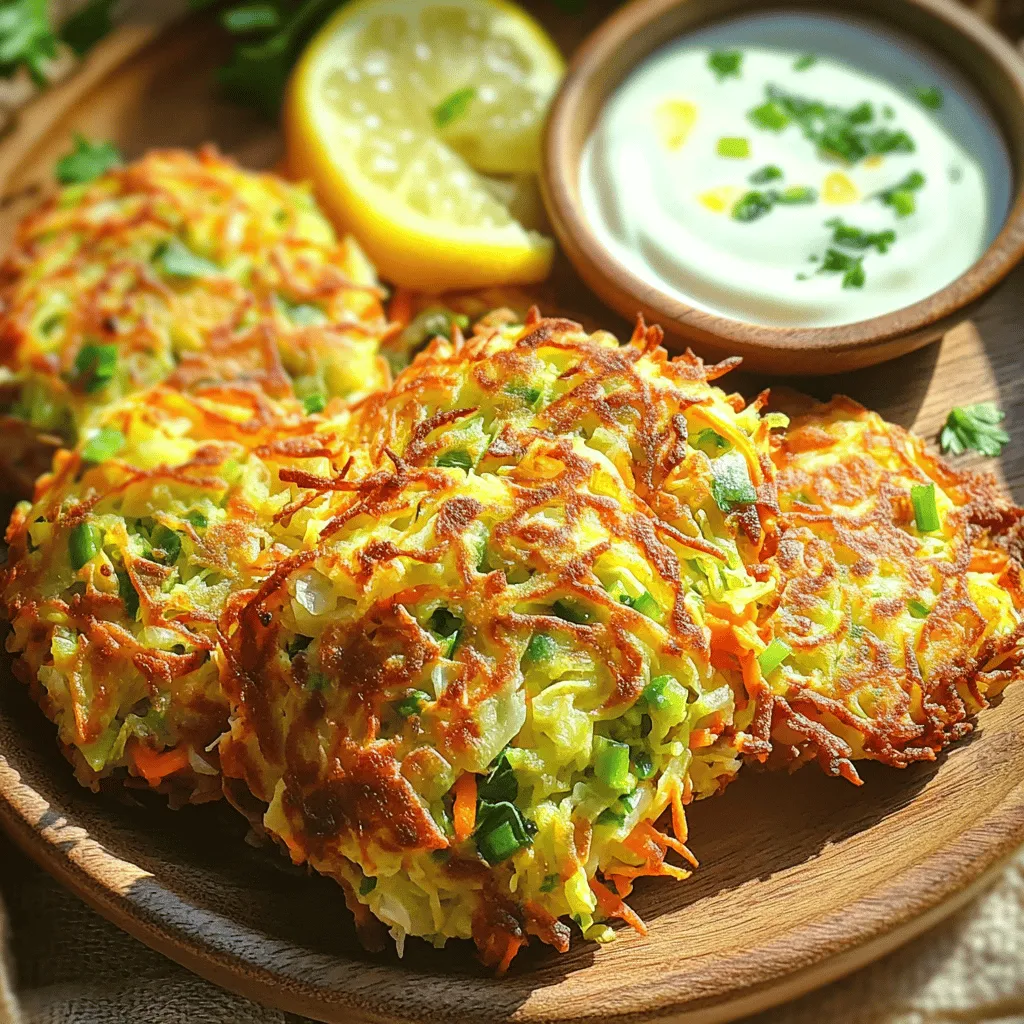 - 2 cups finely shredded green cabbage - 1 medium grated carrot - 1/2 cup all-purpose flour (or gluten-free chickpea flour) - 1/4 cup cornmeal - 1/2 teaspoon baking powder - 2 green onions, chopped - 2 cloves garlic, minced - 1 teaspoon cumin powder - 1 teaspoon paprika - Salt and pepper to taste - 2 tablespoons fresh parsley or cilantro, chopped - Oil for frying I love how simple it is to gather the ingredients for these fritters. First, you need two cups of finely shredded green cabbage. This gives the fritters a lovely crunch and flavor. Next, add one medium grated carrot. It adds a nice sweetness and vibrant color. You can choose between all-purpose flour or chickpea flour for a gluten-free option. Just half a cup is enough. Then, we have a quarter cup of cornmeal, which helps with texture and adds a bit of corn flavor. For seasonings, start with half a teaspoon of baking powder to make them light. Chop up two green onions and mince two cloves of garlic for a punch of flavor. One teaspoon each of cumin and paprika adds warmth and depth. Don’t forget salt and pepper! Finally, toss in two tablespoons of fresh parsley or cilantro for a fresh touch. Lastly, you will need oil for frying. This gives the fritters their crispy outer layer. With these ingredients ready, you’re on your way to making the crispiest cabbage fritters ever! - Combine 2 cups of finely shredded green cabbage and 1 medium grated carrot in a large mixing bowl. - Mix well to ensure even distribution. This step helps all the flavors blend nicely. - In a separate bowl, whisk together 1/2 cup of all-purpose flour, 1/4 cup of cornmeal, 1/2 teaspoon of baking powder, 1 teaspoon of cumin powder, and 1 teaspoon of paprika. - Add salt and pepper to taste. - Now, mix this dry mixture with the cabbage and carrot. Fold in 2 chopped green onions, 2 minced garlic cloves, and 2 tablespoons of fresh parsley or cilantro. The batter should be thick, but not dry. If it feels too thick, add a tablespoon of water. - Heat oil in a deep frying pan over medium heat. You want about 1/4 inch of oil to cover the bottom of the pan. - Once the oil is hot, drop spoonfuls of the mixture into the pan. Flatten them slightly with the back of the spoon to form fritters. - Fry in batches to avoid overcrowding. - Cook each fritter for about 3-4 minutes on each side, until golden brown and crispy. - Use a slotted spoon to remove them and drain on paper towels. - Repeat until all the batter is used, adding more oil as needed. To make your fritters super crispy, pay attention to the batter thickness. The batter should be thick but not dry. If it feels too thick, add a bit of water. This keeps the fritters light and airy. Frying technique is key too. Heat your oil until it's hot enough. A good test is to drop a small amount of batter in the oil. If it bubbles right away, you’re ready to fry. One big mistake is overcrowding the frying pan. If you add too many fritters, they won't fry evenly. Cook in small batches to keep them crispy. Also, make sure your oil is hot enough before frying. If the oil is not hot, your fritters will soak up too much oil and become soggy. Want to add more flavor? Try mixing in herbs and spices. Fresh parsley or cilantro adds a nice touch. You can also use cumin and paprika for a deeper taste. If you like heat, add a pinch of chili flakes. These simple additions can take your fritters to the next level! {{image_2}} You can make these fritters gluten-free by using chickpea flour instead of all-purpose flour. Chickpea flour adds a nice nutty flavor. It also binds the veggies well. Just swap the flour in the recipe, and you're good to go! The fritters will taste great and stay crispy. Feel free to add extra veggies to your fritters! Zucchini or bell peppers work well. Shred or chop them finely and mix into the batter. They add flavor, color, and nutrition. Just make sure not to add too much, so the fritters stay crispy. Want to kick up the flavor? Experiment with spices like turmeric or chili flakes. Turmeric gives a warm color and earthy taste. Chili flakes add a nice kick. Try adding a teaspoon of either spice to the batter. Adjust the amount to your taste. These small changes can make a big difference! Store leftovers in an airtight container. This keeps them fresh and tasty. You can keep them in the fridge for up to three days. Before storing, let them cool down. This helps prevent sogginess. When you want to eat them again, they can still be delicious! You can freeze uncooked fritters for later use. First, shape the fritters but do not fry them. Place them on a baking sheet lined with parchment paper. Make sure they are not touching each other. Freeze them for about one hour. After they are firm, transfer them to a freezer bag. Label the bag with the date. These can last in the freezer for up to three months. To keep the fritters crispy, use the oven. Preheat your oven to 375°F (190°C). Place the fritters on a baking sheet. Bake them for about 10-15 minutes. Flip them halfway through for even heating. You can also reheat in a skillet. Heat a little oil on medium heat and cook for about 2-3 minutes on each side. Enjoy your crispy fritters just like new! You can enjoy these fritters with many dips and sides. Here are some tasty options: - Tangy yogurt sauce: Mix yogurt with lemon juice and herbs. - Tzatziki sauce: Combine yogurt, cucumber, garlic, and dill. - Spicy salsa: Add diced tomatoes, onions, and jalapeños for a kick. - Fresh salad: A simple green salad adds freshness. - Rice or quinoa: Serve with a grain for a complete meal. Yes! Baking makes them healthier. Here’s how: 1. Preheat your oven to 400°F (200°C). 2. Line a baking sheet with parchment paper. 3. Shape the fritters and place them on the sheet. 4. Spray or brush them with a little oil. 5. Bake for 20-25 minutes, flipping halfway until golden brown. Leftovers are safe in the fridge for about 3-4 days. Here are some tips: - Store fritters in an airtight container. - Reheat in a skillet or oven for best texture. - Check for any signs of spoilage before eating. Feel free to swap or add vegetables. Here are some ideas: - Zucchini: Grate and squeeze out excess moisture. - Bell peppers: Chop finely for sweetness and crunch. - Carrots: You can add more for extra color and flavor. - Spinach: Finely chop and mix in for added nutrients. Absolutely! Here’s how to prepare ahead of time: - Make the batter and store it in the fridge for up to 24 hours. - You can also shape fritters and freeze them. - To freeze, place uncooked fritters in a single layer on a tray. - Once frozen, transfer them to a bag for longer storage. - Cook from frozen, adding a few extra minutes to the frying time. Crispy cabbage fritters bring fun and flavor to any meal. You learned about the key ingredients, step-by-step cooking methods, and ways to avoid common mistakes. I shared tips to make them even crispier and ideas for tasty variations. Consider serving them with favorite dips or even baking as a healthier option. With this guidance, you’re ready to enjoy these crunchy, delicious bites anytime. Happy cooking and enjoy your fritters!