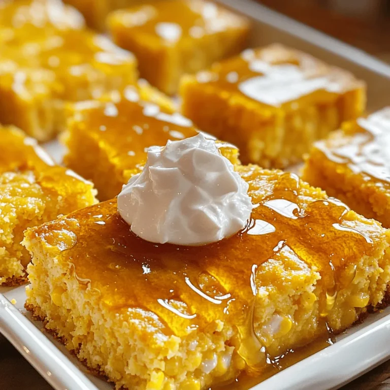 Here are the simple ingredients for the Honey Butter Cornbread Casserole: - 1 box cornbread mix (15 oz) - 1 can (15 oz) creamed corn - 1 can (15 oz) whole kernel corn, drained - 1/2 cup unsalted butter, melted - 1/2 cup honey - 2 large eggs - 1 cup sour cream - 1 teaspoon baking powder - 1 teaspoon salt - 1/2 teaspoon ground cinnamon (optional) You can find these ingredients at any grocery store. The combination of sweet honey, creamy corn, and buttery goodness makes this dish a must-try. The creamed corn adds moisture, while the cornbread mix gives it that classic texture. Each bite is a blend of flavors that will delight your taste buds. Feel free to use a gluten-free cornbread mix if you need it. This recipe is flexible and can adapt to your needs. Enjoy cooking! - Mix dry ingredients In a large bowl, combine the cornbread mix, creamed corn, and whole kernel corn. Stir until blended. This mix will give your casserole a great texture. - Combine wet ingredients In another bowl, whisk together the melted butter, honey, eggs, sour cream, baking powder, salt, and ground cinnamon. Mix until smooth. This blend adds moisture and sweetness to your dish. - Grease slow cooker Use cooking spray or butter to grease the slow cooker insert. This step helps prevent sticking and makes cleanup easier. - Pour batter and cook Pour the cornbread batter into the greased slow cooker. Spread it out evenly. Cover and cook on LOW for 2 to 3 hours. Check your casserole at 2 hours, inserting a toothpick to see if it comes out clean. - Check for doneness When the center is firm and a toothpick comes out clean, your casserole is ready. This ensures it's fully cooked and safe to eat. - Allow to set before serving Once done, turn off the slow cooker. Let the casserole sit for about 10 minutes with the lid on. This resting time allows it to finish cooking and makes it easier to cut. - Ensuring even cooking To get the best results, spread the batter evenly in the slow cooker. This helps the dish cook evenly. Stir the mix gently to keep air in. - Avoiding overmixing When combining the wet and dry ingredients, mix just until they come together. A few lumps are okay. Overmixing can make the cornbread tough. - Drizzling with honey Serve each piece warm with a drizzle of honey. This adds extra sweetness and a lovely shine. - Adding a dollop of whipped cream Top with a dollop of whipped cream for a creamy touch. This makes each bite even more delightful. - Incorporating spices You can add spices like cinnamon or nutmeg to boost flavor. These spices bring warmth and depth to the dish. - Using flavored butter Try using flavored butter, like garlic or herb butter. This adds a unique taste that pairs well with the sweet cornbread. {{image_2}} You can easily swap some ingredients in this recipe. If you need gluten-free options, use a gluten-free cornbread mix. This keeps the dish tasty for everyone. You can also try different types of corn. For example, use sweet corn or fire-roasted corn for extra flavor. These small changes can make a big difference in taste. You can play with the flavors too. If you love sweetness, add more honey or some brown sugar. If you prefer savory, try adding cheese or cooked bacon. Seasonal ingredients can also change your dish. In fall, consider adding pumpkin puree or fresh herbs for a unique twist. You don’t have to use a slow cooker. You can bake this dish in the oven. Just pour the batter into a greased baking dish and cook at 350°F for about 30-35 minutes. An Instant Pot version is another option. Pour in the batter and cook on high pressure for about 20 minutes. This method gives you a moist cornbread casserole in less time. - Refrigerating leftovers: Once your honey butter cornbread casserole cools, place it in an airtight container. You can keep it in the fridge for up to 3 days. Make sure to seal the lid well to keep it fresh. - Freezing options: If you want to save it for later, you can freeze it. Cut the casserole into squares and wrap them tightly in plastic wrap. Then, place them in a freezer-safe bag. This way, it can last up to 3 months in the freezer. - Best methods for warming up: The best way to reheat your cornbread casserole is in the oven. Set it to 350°F (175°C) and place the casserole in a baking dish. Heat it for about 15-20 minutes. You can also use a microwave. Just heat it in 30-second intervals, checking often. - Maintaining moisture: To keep it moist, cover the dish with foil while reheating in the oven. If using a microwave, add a damp paper towel over the dish. This helps trap steam and keeps the casserole from drying out. - How long does it last?: When stored properly, your cornbread casserole will last in the fridge for about 3 days. In the freezer, it can be good for up to 3 months. - Signs of spoilage: Look for any mold or off smells. If it seems dry or hard, it may not taste good. Always check before eating leftovers. - Can I make this dish ahead of time? Yes, you can prepare the batter a day before. Mix the dry and wet ingredients, then store them in separate bowls. When ready to cook, combine them and pour into the slow cooker. This saves time and still tastes great. - What can I serve with honey butter cornbread casserole? This dish pairs well with many foods. Try serving it with chili, barbecue, or grilled meats. You can also enjoy it with a fresh salad. The sweetness of the cornbread balances savory dishes nicely. - Is it possible to reduce the honey or butter? You can reduce both the honey and butter. Cut the honey to 1/3 cup and the butter to 1/4 cup. This change keeps flavor while lowering sweetness and fat. Adjust to your taste for a healthier option. This blog post covers the key steps to making a tasty honey butter cornbread casserole. You learned about the ingredients, preparation, and cooking process. I shared useful tips for perfecting your dish and suggested fun variations. Remember, you can store leftovers to enjoy later. This dish is not only simple but also versatile. Whether you stick to the original recipe or try your own twist, this casserole will surely impress. Enjoy your cooking and the delightful flavors that come together!