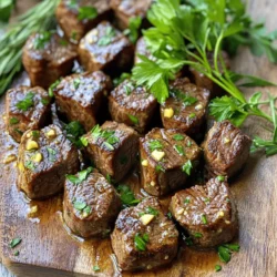 - 1 lb flank steak, cut into bite-sized cubes - 4 tablespoons unsalted butter - 4 cloves garlic, minced - 1 teaspoon fresh rosemary, chopped - 1 teaspoon fresh thyme, chopped - Salt and pepper to taste - 2 tablespoons olive oil - Fresh parsley, chopped (for garnish) The star of this dish is the flank steak. It has a rich flavor and tender texture when cooked right. Cut it into bite-sized cubes to ensure quick cooking. This helps keep the steak juicy and flavorful. Next, you need unsalted butter. It adds a rich, creamy taste. Garlic is key here, too. Use four cloves, minced. This gives a strong garlic flavor that pairs perfectly with the beef. Fresh rosemary and thyme bring bright, earthy notes. They balance the richness of the butter and steak. Don't forget salt and pepper! They enhance the overall taste. You’ll also need olive oil. It helps to sear the steak, creating a nice crust. For a finishing touch, add chopped parsley. It adds color and freshness to the dish. All these ingredients work together to make garlic butter steak bites savory and simple. Feel free to modify the herbs based on your taste. You can use dried herbs in a pinch, but fresh herbs create the best flavor! To start, you need to season the steak cubes. Take 1 pound of flank steak and cut it into bite-sized pieces. Sprinkle salt and pepper on all sides. This step adds great flavor to the meat. Next, let's sear the steak bites in a skillet. Heat 2 tablespoons of olive oil in a large skillet over medium-high heat. When the oil shimmers, add the seasoned steak cubes. Make sure to spread them out in a single layer. Cook them for 2 to 3 minutes on each side. You want them browned and cooked to medium-rare. Once done, remove the steak bites from the skillet and set them aside. Now, let’s make the garlic butter sauce. In the same skillet, lower the heat to medium and add 4 tablespoons of unsalted butter. Let it melt slowly to avoid burning. Once melted, add 4 minced garlic cloves, 1 teaspoon of chopped rosemary, and 1 teaspoon of chopped thyme. Sauté this mixture for about 1 minute. The garlic should smell good but not brown. Now it’s time to combine the steak and the sauce. Return the cooked steak bites to the skillet. Toss them in the garlic butter mixture. Cook for another 1 to 2 minutes. This step heats everything through and helps the flavors blend. Finally, taste your dish and adjust the seasoning. Add more salt and pepper if needed. Remove the skillet from heat and garnish with fresh chopped parsley before serving. Enjoy your tasty garlic butter steak bites! To get the best doneness for your steak bites, remember these steps: - Choose the right cut: Flank steak is great for this dish. It cooks fast and stays tender. - Season well: Use salt and pepper on all sides before cooking. This enhances flavor. - Don't overcrowd the pan: Cook in batches if needed. This helps them sear nicely. - Aim for medium-rare: Cook for about 2-3 minutes per side. This keeps the meat juicy. - Use a meat thermometer: For best results, check the internal temp. Aim for 130°F for medium-rare. Adding more flavor can take your steak bites to the next level: - Herbs: Try adding fresh thyme or oregano. They add depth to the garlic butter. - Spices: A pinch of smoked paprika can bring a nice kick. - Sides: Serve with creamy mashed potatoes or roasted veggies. They balance the rich flavors well. How you serve your steak bites matters: - Stylish serving: Use a wooden board or rustic plate. It adds a cozy feel to your meal. - Garnishing: Drizzle the garlic butter over the steak bites. Scatter fresh parsley on top for color. - Plating: Arrange the bites in a circle with herbs in the center. This makes a beautiful display. {{image_2}} You can switch up the cut of meat for your steak bites. Sirloin offers a great flavor and is usually more tender. Ribeye is marbled well, providing a juicy bite. Both cuts cook similarly to flank steak. Just remember to adjust cooking times based on the thickness of the cubes. If you want a smoky flavor, grilling is a fun option. Skewer the steak bites and grill them over medium-high heat. Keep an eye on them so they don't overcook. For a more hands-off approach, consider oven-baking. Preheat your oven to 400°F (200°C). Spread the steak bites on a baking sheet and cook for about 10-15 minutes. This gives you a nice sear without needing to stand by the stove. To make this dish gluten-free, ensure your butter and seasonings are gluten-free. You can also use a dairy-free butter substitute if you want to avoid dairy. This way, everyone can enjoy these tasty steak bites without worry! To keep your garlic butter steak bites fresh, place them in an airtight container. This will help prevent moisture loss and keep the flavors intact. Store the container in the fridge. Properly stored, leftovers last up to three days. Make sure to let the steak bites cool to room temperature before sealing them. This helps reduce condensation inside the container. When you're ready to enjoy your leftovers, reheating them correctly is key. The best way is to use a skillet. Heat a little olive oil over medium heat and add the steak bites. Stir them gently until they are warmed through. This method keeps the meat tender and juicy. Avoid the microwave if you can, as it may make the steak chewy. To freeze garlic butter steak bites, start by cooling them completely. Then, place them in a freezer-safe bag or container. Be sure to remove as much air as possible to prevent freezer burn. They can be frozen for up to three months. When you’re ready to eat, thaw them in the fridge overnight. Reheat as mentioned above for the best taste and texture. The best steak for garlic butter steak bites is flank steak. It has great flavor and cooks quickly. You can also use sirloin or ribeye for a richer taste. These cuts are tender and perfect for this dish. Flank steak works well because it absorbs the garlic butter nicely. Garlic butter steak bites last about 3 to 4 days in the fridge. Make sure to store them in an airtight container. This keeps them fresh and safe to eat. If you notice any strange smell or color, throw them out. Safety is key when storing cooked meat. Yes, you can make garlic butter steak bites ahead of time. Cook the steak bites and store them in the fridge. Reheat them in a skillet before serving. This keeps them tasty and warm. If you want to save time, prep the steak cubes in advance. Just season them and store until you're ready to cook. In this post, we explored how to make delicious garlic butter steak bites. We discussed key ingredients like flank steak, butter, and fresh herbs. I shared step-by-step instructions, cooking tips, and variations to suit different tastes. Remember to store any leftovers properly for future meals. Whether grilling or baking, these bites are sure to impress. Experiment with flavors and enjoy this dish at your next gathering. You now have all the tools to create perfect steak bites. Happy cooking!