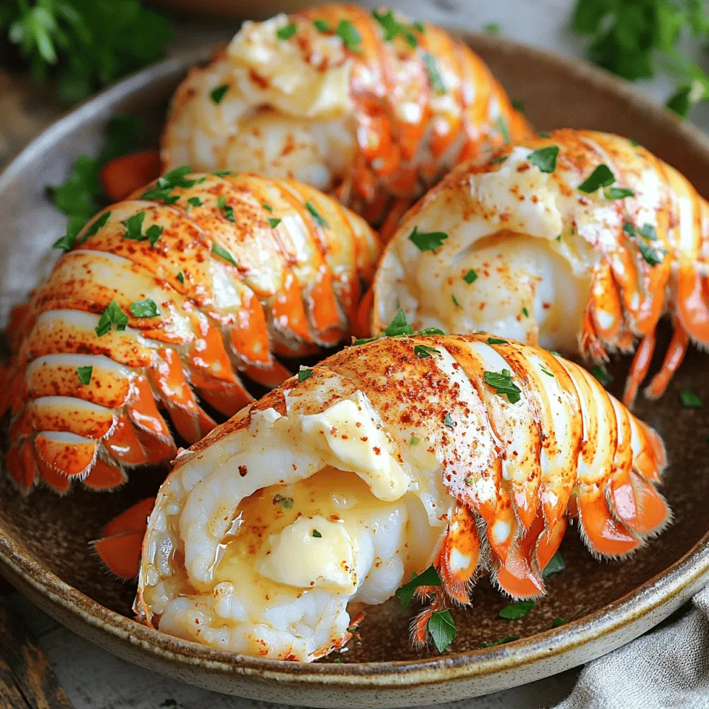 - 2 lobster tails - 4 tablespoons unsalted butter, melted - 4 cloves garlic, minced - 1 tablespoon fresh lemon juice - 1 teaspoon paprika - Salt and pepper to taste - Fresh parsley, chopped (for garnish) You can swap unsalted butter with olive oil or vegan butter for a lighter option. For seasoning, try adding cayenne pepper for heat or dill for a fresh taste. If you don’t have parsley, chives or cilantro work well too. Using these options can still give you a tasty dish. Remember, cooking is about making it your own! 1. Preheating the air fryer Start by preheating your air fryer to 380°F (190°C). This takes about 5 minutes. Preheating ensures even cooking. 2. Cutting and preparing lobster tails Use kitchen scissors to cut the top of the lobster shells lengthwise. Be careful as you do this. Next, gently pull the lobster meat out. Place it on top of the shell. This creates a nice “butterfly” effect that looks beautiful. 1. Mixing the garlic butter In a small bowl, combine the melted butter, minced garlic, fresh lemon juice, paprika, salt, and pepper. Mix until it’s well blended. This garlic butter will add a rich flavor to the lobster. 2. Cooking times and temperature settings Brush the garlic butter mixture over the lobster meat. Make sure it's coated well. Place the lobster tails in the air fryer basket, meat side up. Cook at 380°F (190°C) for about 8-10 minutes. The lobster is done when the meat is opaque and reaches an internal temperature of 145°F (63°C). 1. Drizzling remaining garlic butter After cooking, carefully remove the lobster tails from the air fryer. Drizzle any leftover garlic butter over the top. This adds extra flavor and makes it look appealing. 2. Garnishing the dish Finally, sprinkle chopped fresh parsley over the lobster tails. This adds a pop of color and freshness. Your air fryer garlic butter lobster tails are now ready to enjoy! To cook lobster tails well, you must check the internal temperature. Aim for 145°F (63°C). This ensures the meat is safe to eat and has a great texture. To avoid overcooking, set a timer for 8-10 minutes. Check the lobster often to see if it turns opaque. If it does, it’s ready! To boost the flavor, try adding fresh herbs like thyme or tarragon. A pinch of cayenne pepper gives a nice kick. For sides, serve with garlic bread or a fresh salad. A light lemon vinaigrette pairs well, too. You can also enjoy a crisp white wine, like Sauvignon Blanc, to complement the dish. After cooking, let your air fryer cool down. Use warm, soapy water and a soft cloth to clean the basket. Avoid harsh scrubbers to keep it nice. To maintain performance, check the heating element for grease. Regularly clean it to ensure even cooking and a longer lifespan. {{image_2}} You can add your twist to the garlic butter lobster tails. Here are some ideas: - Fresh Herbs: Try adding fresh thyme or dill to the butter mix. These herbs add a lovely aroma. - Spices: A pinch of cayenne pepper can give a nice kick. Or, use Old Bay seasoning for a classic seafood flavor. - Citrus Zest: Grate some lemon or lime zest into the butter. This adds a bright, fresh taste. You can also mix in other ingredients. For example, add a bit of Parmesan cheese to the garlic butter. This adds a rich, nutty flavor that pairs great with lobster. When serving lobster tails, side dishes can enhance the meal. Here are some tasty ideas: - Garlic Mashed Potatoes: Creamy and rich, they balance the dish perfectly. - Grilled Asparagus: This adds a nice crunch and fresh taste. - Corn on the Cob: Sweet corn is a classic pairing with seafood. For drinks, a chilled white wine works well. Consider a crisp Sauvignon Blanc or a buttery Chardonnay. These wines complement the rich flavors of the lobster. You can also cook lobster tails in the oven. Here’s how: 1. Preheat the oven to 425°F (220°C). 2. Prepare the lobster tails as you would for the air fryer. 3. Place them on a baking tray and bake for about 12-15 minutes. Another option is using a grill. - Preheat the grill to medium-high heat. - Cook the lobster tails on the grill for about 6-8 minutes, meat side down. - Then, flip and brush with garlic butter for another 4-6 minutes. Each method gives a unique taste, so feel free to try them all! To keep your leftover lobster tails fresh, follow these easy steps: - Refrigerate: Place leftover lobster tails in an airtight container. Make sure they're covered well to avoid drying out. Store them in the fridge for up to two days. - Freeze: For longer storage, you can freeze the lobster tails. Wrap each tail tightly in plastic wrap, then put them in a freezer bag. This keeps them fresh for up to three months. To enjoy your lobster tails again, reheating is key. Here’s how: - Air Fryer Method: Preheat your air fryer to 350°F (175°C). Place the lobster tails in the basket. Heat for about 5-6 minutes until warmed through. This method keeps the meat tender and juicy. - Other Methods: You can also reheat in the oven. Wrap the tails in foil to keep moisture in. Bake at 350°F (175°C) for about 10 minutes. You can use a microwave, but it may dry out the meat. Knowing how long your lobster tails last is important: - Cooked lobster tails can last in the fridge for 2 days. If frozen, they can be good for 3 months. - Signs of spoilage include a strong fishy smell, slimy texture, or discoloration. If you notice any of these, it’s best to toss them out. You should cook lobster tails in the air fryer for about 8-10 minutes. Set the air fryer to 380°F (190°C). Check the lobster meat to see if it turns opaque. This means it is done. The meat should also reach an internal temperature of 145°F (63°C). Yes, you can use frozen lobster tails. Just make sure to thaw them first. Place them in the fridge overnight or run them under cold water for about 30 minutes. This will help them cook evenly. The best way to tell if lobster is cooked is by its color. The meat should turn from translucent to opaque. You can also check the internal temperature. It should reach 145°F (63°C). If the meat is firm to the touch, it's ready! Butterflying the lobster tails is not strictly necessary but highly recommended. This technique helps the lobster cook evenly. It also allows the garlic butter to soak in better. Plus, it looks pretty when served! Use kitchen scissors to cut the shell and pull the meat up. You learned how to cook lobster tails in an air fryer with simple steps. We discussed key ingredients and some easy swaps, like butter alternatives. Tips helped you avoid overcooking and enhance flavors. We explored variations for flavors and sides that pair well. Remember to store your leftovers correctly for the best taste. Cooking lobster can be fun and rewarding. You can impress your family and friends with this tasty dish! Enjoy your culinary journey with lobster.