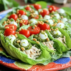 - 2 cups cooked chicken, shredded - 1/2 cup basil pesto (store-bought or homemade) - 1 cup cherry tomatoes, halved - 1/2 cup mozzarella balls, halved - 1/4 cup pine nuts, toasted - 1 tablespoon lemon juice - Salt and pepper to taste - 1 head of Romaine lettuce, leaves separated The key to perfect pesto chicken lettuce wraps is fresh, quality ingredients. I love using cooked chicken as a base. It’s easy, quick, and packed with protein. You can shred your own chicken or grab some pre-cooked from the store. Basil pesto adds a burst of flavor. You can use store-bought or make your own. I often whip up a fresh batch with basil, garlic, olive oil, and nuts. It makes a big difference! Cherry tomatoes bring sweetness and color. Halve them to fit nicely in the wraps. Mozzarella balls add creaminess and texture. They perfectly balance the flavors. Toasted pine nuts give a nice crunch. Toast them in a skillet for a few minutes until golden. The lemon juice brightens the whole dish, while salt and pepper season everything just right. Finally, Romaine lettuce acts as the wrap. Its sturdy leaves hold everything together. This meal is fresh, colorful, and fun to make! First, combine the shredded chicken and pesto in a large mixing bowl. Add lemon juice, salt, and pepper. Mix well until the chicken is fully coated. This step brings out the flavors in the dish. Next, fold in the halved cherry tomatoes and mozzarella balls gently. Be careful not to mash them. This adds freshness and creaminess to the mixture. To toast pine nuts, heat a dry skillet over medium heat. Add the pine nuts to the skillet. Stir them often to avoid burning. Toast for about 2-3 minutes or until they turn golden brown. Watch closely, as they can burn quickly. Once done, let them cool slightly before using. Now, take a Romaine lettuce leaf and spoon about two tablespoons of the pesto chicken mixture onto it. This is where the fun begins! Top it with a sprinkle of toasted pine nuts for an extra crunch. Next, roll or fold the lettuce leaf around the filling. If needed, secure it with a toothpick. This keeps everything in place. To make it look pretty, serve the wraps on a colorful platter. Garnish with extra pine nuts and a drizzle of pesto. This adds visual appeal and makes your meal even more inviting. You can make the chicken mixture ahead of time. This saves you time when serving. Store it in the fridge for up to three days. For leftover wraps, keep the filling and lettuce separate. This way, the lettuce stays crisp. Use an airtight container for the chicken mixture. To add more flavor, try cheese or spices. Feta cheese or Parmesan can work well. You may sprinkle some red pepper flakes for heat. If you want to make your own pesto, blend fresh basil, garlic, nuts, and olive oil. This gives a fresh taste. Serve your wraps on a colorful platter. This makes them pop on the table. You can garnish with extra pine nuts for crunch. A drizzle of pesto on top adds a festive touch. Use bright cherry tomatoes for color and appeal. {{image_2}} You can switch the chicken for turkey or tofu. Turkey gives a similar taste and works well. Tofu provides a plant-based option, soaking up the pesto flavor nicely. For a vegetarian choice, use chickpeas instead of meat. Mash them slightly for better texture. This adds protein while keeping it light. To change the taste, try adding spices like garlic powder or crushed red pepper. You can also use different pesto types, like sun-dried tomato or arugula pesto. This adds a new twist. Incorporating fruits like diced mango or avocado can give a fresh burst of flavor. Avocado adds creaminess, while fruits add sweetness. Pair your wraps with a side of fresh fruit or a light salad. This keeps the meal balanced and colorful. For a full meal, consider adding quinoa or brown rice on the side. You could also serve it with a dipping sauce, like balsamic glaze or extra pesto, for added flavor. To keep your pesto chicken lettuce wraps fresh, use airtight containers. Glass containers work best, as they do not absorb smells. If you plan to eat them later, store the filling and lettuce separately. This helps the lettuce stay crisp. Wrap the lettuce leaves in a damp paper towel and place them in a plastic bag. This keeps them from wilting. Reheating these wraps can be tricky. You do not want the lettuce to wilt. To heat the filling, place it in a microwave-safe dish. Heat on medium power for about 30 seconds. Stir, then heat for another 15 seconds if needed. You can also warm it on the stove over low heat. Just stir gently. Always check the temperature before serving. Yes, you can freeze the pesto chicken mixture! This is a great way to save leftovers. First, let the mixture cool completely. Then, place it in a freezer-safe bag. Squeeze out as much air as possible before sealing. When ready to use, thaw it overnight in the fridge. Reheat it gently before serving. Avoid freezing the lettuce, as it does not hold up well in the freezer. Yes, you can use store-bought pesto. It saves time and effort. However, homemade pesto often tastes fresher and richer. You can control the ingredients in homemade pesto. This gives you more flavor options. Store-bought pesto may have added preservatives. If you want a quick meal, store-bought works well. For a special touch, I suggest trying homemade. To make your wraps low-carb, focus on your ingredients. Use grilled chicken or turkey as the main protein. Avoid high-carb fillers like bread or grains. You can add more vegetables like cucumber or bell peppers. They add crunch and flavor without many carbs. Try replacing the pesto with a low-carb dressing. This keeps the meal light and fresh. You can use several types of lettuce instead of Romaine. Iceberg lettuce is crisp and refreshing. Butter lettuce is soft and has a mild taste. Collard greens are sturdy and add a unique flavor. - Iceberg Lettuce: Crisp texture but less flavor. - Butter Lettuce: Soft and easy to wrap. - Collard Greens: Strong flavor and sturdy for filling. Choose based on your taste and texture preferences. Each option has its own benefits. These pesto chicken lettuce wraps are tasty and easy to make. You learned about the ingredients, preparation steps, and ways to enhance flavor. I shared tips for storage and reheating. You also discovered fun variations and serving ideas. Remember, there are many ways to customize this dish. Have fun experimenting with flavors and ingredients. Enjoy your healthy meal wrapped in fresh lettuce!