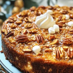 - 1 cup pecans, chopped - 1 box yellow cake mix - 1 cup brown sugar, packed - 1 cup unsalted butter, melted - 1 cup water - 1 teaspoon vanilla extract - 1/2 cup sweetened shredded coconut (optional) - 1/2 cup mini marshmallows (optional) - Whipped cream or vanilla ice cream for serving (optional) To make the perfect Pecan Praline Dump Cake, you need these simple ingredients. The pecans add a rich flavor and crunch. The yellow cake mix makes it easy and quick. Brown sugar adds sweetness and a nice caramel touch. You can add shredded coconut and mini marshmallows. Both give extra texture and flavor. The coconut adds a tropical twist. The mini marshmallows bring a soft, gooey part to the cake. You can skip these if you want a simpler taste. If you have allergies, there are easy swaps. For nuts, use sunflower seeds instead of pecans. For gluten-free needs, try a gluten-free cake mix. You can use coconut oil instead of butter for a dairy-free option. Always check labels to ensure safety. Start by preheating your oven to 350°F (175°C). Grab a 9x13-inch baking dish. Grease it well with butter or non-stick spray. This step keeps the cake from sticking. A well-prepped dish is key to easy serving. In a large mixing bowl, add the yellow cake mix. Then, add the packed brown sugar and chopped pecans. Use a spoon to stir these dry ingredients together. Mix them until they are well combined. This blend creates the cake’s sweet base. Now, take a separate bowl. Pour in the melted butter, water, and vanilla extract. Stir these wet ingredients together until well mixed. This mix will add moisture and flavor to the cake. Pour the wet mixture over the dry ingredients. Use a spatula to fold them gently. Mix until just combined; lumps are okay. If desired, fold in the shredded coconut and mini marshmallows. Pour the batter into your greased dish. Spread it evenly. Bake for 30-35 minutes. The top should turn golden brown. A toothpick should come out clean when inserted in the center. Let the cake cool for 10 minutes before serving. To get the best texture, mix just until combined. Lumps in the batter are fine. They add to the cake’s charm. Bake until the top is golden brown. This shows it's ready. A toothpick test helps too. If it comes out clean, the cake is done. Letting it cool for about ten minutes also helps set the texture. One mistake is overmixing the batter. This can make the cake tough. Also, be careful not to skip the cooling time. Serving it too hot can ruin the taste. Don’t forget to grease the baking dish well. A sticky cake is hard to serve. Lastly, watch the baking time closely. Every oven is different, so check it early. Serve your Pecan Praline Dump Cake warm. A dollop of whipped cream or a scoop of vanilla ice cream makes it even better. For a fun twist, sprinkle extra chopped pecans on top. You can also add toasted coconut for a crunch. If you want more flavor, consider drizzling caramel sauce over it. Each bite will be even more delicious! {{image_2}} You can change up the flavors in your Pecan Praline Dump Cake easily. Consider adding chocolate chips for a sweet twist. You can also mix in some dried fruits like cranberries or cherries for a pop of color and taste. Want a tropical vibe? Add some crushed pineapple or mango. These flavors blend well with the pecans and butter, making each bite special. For a gluten-free version, swap the yellow cake mix with a gluten-free blend. Make sure the blend includes a good mix of flours to keep the cake light. You can also check that your other ingredients are gluten-free. Many brands of brown sugar and vanilla extract are safe. To make this cake vegan, switch the butter with coconut oil or a plant-based butter. Use a flax egg instead of regular eggs. You can make a flax egg by mixing one tablespoon of ground flaxseed with three tablespoons of water. Let it sit for about five minutes. This will help bind the cake together. Use non-dairy milk in place of water for added richness. To keep your Pecan Praline Dump Cake fresh, cover it well. Use plastic wrap or foil to seal it tightly. You can also place it in an airtight container. Store it in the fridge for up to five days. When ready to enjoy, simply take it out and let it sit at room temperature for a while. If you want to save some for later, freezing is a great option. Allow the cake to cool completely before freezing. Cut it into pieces for easier thawing. Wrap each piece in plastic wrap, then place them in a freezer-safe bag. This cake can last up to three months in the freezer. When you’re ready to eat, just thaw it in the fridge overnight. To reheat your cake, preheat your oven to 350°F (175°C). Place the cake in an oven-safe dish. Cover it with foil to keep it moist. Heat for about 10-15 minutes. You want it warm but not dried out. If you prefer, you can also use the microwave. Heat a piece for 30 seconds on medium power. Add a scoop of ice cream or whipped cream for extra yum! Yes, you can make this cake ahead of time. Bake it and let it cool. Once it cools, cover it tightly with plastic wrap. Store it in the fridge for up to three days. When ready to serve, warm it up in the oven at 350°F for about 10 minutes. You can serve Pecan Praline Dump Cake with various tasty options. Here are some ideas: - Whipped cream - Vanilla ice cream - Chocolate sauce - Fresh fruit like berries or bananas - Caramel drizzle These toppings add flavor and make the dessert even more special. To check if your cake is done, insert a toothpick in the center. If it comes out clean, your cake is ready. The top should be golden brown and slightly firm to the touch. If it looks wet or sticky, give it more time in the oven. Pecan Praline Dump Cake is not gluten-free as it uses yellow cake mix. You can use a gluten-free cake mix for a gluten-free version. For vegan diets, swap the butter with a plant-based alternative and use a vegan cake mix. Always check the labels for allergens. This article covered how to make a delightful Pecan Praline Dump Cake. You learned about the key ingredients, helpful prep tips, and storage options. We also discussed tasty variations and answered common questions. Explore your creativity with this recipe. Don't hesitate to try new flavors or dietary options. Enjoy baking and sharing this sweet treat with your loved ones!