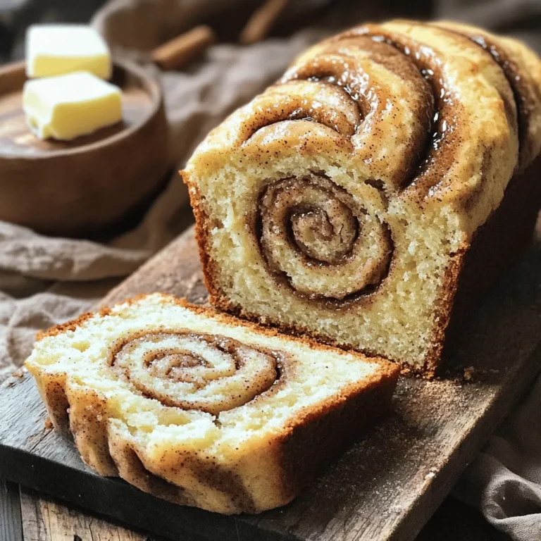To make bakery-style cinnamon swirl quick bread, you need the following ingredients: - 2 cups all-purpose flour - 1 cup granulated sugar - 1 tablespoon baking powder - 1 teaspoon baking soda - 1/2 teaspoon salt - 1 teaspoon ground cinnamon - 1/2 cup unsalted butter, melted - 1 large egg - 1 cup buttermilk (or milk with 1 tablespoon vinegar added) - 1 teaspoon vanilla extract - 1/2 cup brown sugar, packed - 1 tablespoon ground cinnamon (for swirl) You can swap some ingredients if needed: - All-purpose flour: Use whole wheat flour for a nuttier taste. - Granulated sugar: Coconut sugar or honey works well as a sweetener. - Buttermilk: If you don’t have buttermilk, mix regular milk with vinegar. - Unsalted butter: Can be replaced with vegetable oil or melted coconut oil. To ensure the best flavor and texture: - Use fresh baking powder and baking soda. Old leavening agents can cause flat bread. - Choose high-quality vanilla extract for a richer taste. - For the best cinnamon flavor, buy ground cinnamon from a spice shop or grind your own. Fresh spices can elevate the taste. - Ensure your butter is unsalted, as salted butter can alter the bread’s balance. First, set your oven to 350°F (175°C). This is the perfect heat for baking. Next, grab a 9x5-inch loaf pan and grease it well. I like to use butter or cooking spray. This step helps the bread come out easily after baking. In a large bowl, whisk together the dry ingredients. You need 2 cups of all-purpose flour, 1 cup of granulated sugar, 1 tablespoon of baking powder, 1 teaspoon of baking soda, 1/2 teaspoon of salt, and 1 teaspoon of ground cinnamon. Make sure to mix them well. This creates a nice base for your bread. Now, take another bowl and mix the wet ingredients. Combine 1/2 cup of melted unsalted butter, 1 large egg, 1 cup of buttermilk (or milk with vinegar), and 1 teaspoon of vanilla extract. Whisk this mixture until it is smooth. This blend adds moisture and flavor to your bread. Pour the wet mix into the dry mix. Stir them together gently. You want to combine them without overmixing; a few lumps are perfectly fine. In a small bowl, mix 1/2 cup of packed brown sugar with 1 tablespoon of ground cinnamon for the swirl. Spread half of the batter into the loaf pan. Next, sprinkle half of the cinnamon-brown sugar mix on top. Add the rest of the batter over this layer. Finally, swirl the remaining cinnamon mixture into the top layer with a knife. This creates a beautiful marbled effect. Place the loaf pan in the oven and bake for 50-60 minutes. Check the bread by inserting a toothpick in the center. It should come out clean. Once baked, let the bread cool in the pan for about 10 minutes. Then, transfer it to a wire rack to cool completely. This cooling step helps the texture develop perfectly. When making cinnamon swirl bread, avoid overmixing the batter. This can lead to a dense loaf. Mix just until the dry and wet ingredients combine. Another mistake is using too much flour. Always spoon flour into your measuring cup and level it off. Too much flour can make the bread dry. Make sure to measure your ingredients carefully. To get a beautiful swirl, use a knife or skewer. After you layer the batter in the pan, sprinkle half of the cinnamon mixture. Then, add the rest of the batter. Top it with the remaining cinnamon-sugar mix. Gently swirl with the knife, but don’t overdo it. You want a marbled look, not a mixed one. To keep your bread moist, use buttermilk instead of regular milk. Buttermilk adds richness and moisture. You can also add a little extra butter for a softer texture. Avoid opening the oven door while baking. This keeps the heat steady and helps the bread rise well. Let the bread cool in the pan for about 10 minutes. This helps it stay moist before moving it to a wire rack. {{image_2}} You can add nuts or dried fruits to your bread. Walnuts or pecans give a nice crunch. Chopped apples or dried cranberries add a sweet touch. Mix them into the batter before baking. Use about half a cup of nuts or fruits. This makes your bread even more tasty and fun! To make this bread gluten-free, use a gluten-free flour blend. Look for one that works well for baking. You can also add a bit of xanthan gum for better texture. Use the same amount of flour as the recipe states. This way, you still get that soft and fluffy bread. Enjoy your treat without the gluten! For a fun twist, try adding pumpkin spice. Just mix in a teaspoon of pumpkin pie spice. This gives a warm, cozy flavor. Alternatively, you can stir in chocolate chips. About half a cup will do. This adds a sweet surprise in every bite. Your bread will be a hit with these fun flavors! To keep your cinnamon swirl quick bread fresh, wrap it well. Use plastic wrap or foil. Store it at room temperature for up to three days. If you want to keep it longer, place it in the fridge for up to a week. This will help maintain its flavor and softness. When you want to enjoy your bread again, reheat it gently. Preheat your oven to 350°F (175°C). Place the slice on a baking sheet. Heat for about 10 minutes or until warm. If you prefer a quicker method, use the microwave. Heat for about 15-20 seconds per slice. Avoid overheating, as it can make the bread dry. Freezing is a great way to save extra bread. First, let it cool completely. Wrap it tightly in plastic wrap, then in foil. This helps prevent freezer burn. Store it in the freezer for up to three months. When you’re ready to eat it, thaw it in the fridge overnight. For a warm treat, reheat it in the oven. Enjoy your delicious cinnamon bread anytime! Yes, you can use regular milk. If you do this, add 1 tablespoon of vinegar. This will mimic the tangy taste of buttermilk. It helps the bread rise and keeps it moist. Check the bread with a toothpick. Insert it into the center of the loaf. If it comes out clean, your bread is done. If it has wet batter, bake it a bit longer. The edges should also pull away from the pan. Yes, you can double the recipe. Just use a larger mixing bowl and pan. Make sure to adjust the baking time if you use a bigger pan. Keep an eye on it while it bakes. Enjoy twice the deliciousness! You learned about key ingredients and their substitutes for baking bread. I shared step-by-step instructions, tips, and common mistakes to avoid. You can make fun variations, like adding nuts or going gluten-free. Storing leftovers properly keeps your bread fresh, and I answered frequent questions. Baking bread is an art you can master. Use these tips to create your perfect loaf. Happy baking!