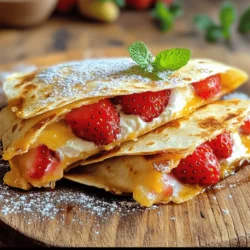 To make delicious Strawberry Cream Cheese Quesadillas, gather these simple ingredients: - 4 whole wheat tortillas - 8 oz cream cheese, softened - 2 tablespoons honey - 1 teaspoon vanilla extract - 1 cup fresh strawberries, hulled and sliced - 1/4 cup powdered sugar (optional) - 1 tablespoon coconut oil or butter (for cooking) - Optional toppings: powdered sugar, whipped cream, mint leaves These ingredients work together to create a sweet treat that is easy to prepare. The cream cheese gives a rich, creamy taste, while the honey adds natural sweetness. The vanilla extract enhances the flavors, and fresh strawberries provide a bright, fruity touch. You can adjust the powdered sugar to suit your taste, making it optional. I love using whole wheat tortillas because they add a nice texture and some fiber. The coconut oil or butter helps achieve that perfect golden crisp when cooking. Feel free to get creative with your toppings! A dusting of powdered sugar or a dollop of whipped cream can take your quesadillas to the next level. Mint leaves also add a refreshing kick and look great on the plate. 1. Create the cream cheese mixture. In a bowl, mix softened cream cheese, honey, vanilla, and powdered sugar. Blend until smooth and creamy. 2. Prepare the tortillas with filling. Spread the cream cheese mix on one side of each tortilla. Add sliced strawberries on half of each tortilla. 3. Fold the quesadillas and heat in skillet. Fold each tortilla in half. Heat a non-stick skillet over medium heat and add coconut oil or butter. Cook the quesadillas for 2-3 minutes on each side until golden and crispy. - Cooking time and temperature recommendations. Keep the heat at medium. This helps cook the quesadillas evenly without burning them. - Achieving golden and crispy texture. Watch for a nice golden color. If they cook too fast, lower the heat to avoid burning. - How to present and serve the quesadillas. Cut the quesadillas into wedges and arrange them on a plate. Add a sprinkle of powdered sugar or a dollop of whipped cream on top. - Ideal pairings with beverages or sides. Serve with fresh fruit juice or a light tea. You can also pair them with yogurt for a tasty dip. To adjust sweetness, add more honey or powdered sugar. You can also try maple syrup for a different taste. If you want less sweetness, cut back on honey. Fresh lemon juice adds a nice zing and balances flavors. For substitutions, you can use Greek yogurt instead of cream cheese. This gives a tangy twist while still being creamy. To speed up prep time, use pre-sliced strawberries. They save you slicing time. A pastry cutter can help mix the cream cheese quickly, too. Essential kitchen tools include a non-stick skillet and a spatula for flipping. A sharp knife will make cutting the quesadillas easy and fast. For garnishing, sprinkle powdered sugar over the top. Add a dollop of whipped cream for creaminess. Mint leaves make a bright, fresh touch. For plate styling, use a colorful plate to make your quesadillas pop. Arrange the wedges in a fan shape for a fun look. Capture the dish from above for great photos! {{image_2}} You can change up the fruit for fun flavors. Try using bananas, blueberries, or peaches. Each fruit brings its own taste. Bananas add creaminess. Blueberries give a sweet burst. Peaches offer a juicy twist. Seasonal fruits work great too. In summer, add ripe peaches. In fall, consider using apples. Each fruit can make a unique quesadilla. If you need gluten-free options, use corn tortillas. They hold up well and taste great. For a vegan version, swap cream cheese for a plant-based cream. You can use coconut cream or cashew cream. Honey can be replaced with maple syrup for sweetness. For a healthier version, reduce the honey and skip the powdered sugar. You can also add chia seeds for extra fiber. These swaps keep the dish tasty and fun! To store prepared quesadillas, let them cool first. Place them in an airtight container. You can keep them in the fridge for up to three days. When you are ready to eat, reheat them in a skillet. Heat on medium for about two minutes on each side. This keeps them crispy and warm. You can also use the microwave. Heat for about 30 seconds, but this may make them a bit soft. To freeze quesadillas, wrap each one in plastic wrap. Then place them in a freezer-safe bag. They can last up to three months in the freezer. When you want to eat them, take them out and let them thaw in the fridge overnight. You can also cook them from frozen. Just add a few extra minutes to the cooking time in the skillet. This method keeps the flavors fresh and delicious. How to make Strawberry Cream Cheese Quesadillas? To make these quesadillas, start by mixing softened cream cheese, honey, and vanilla. You want it to be smooth. Then, spread this mixture on one side of each tortilla. Next, add sliced strawberries on half of the tortillas. Fold the tortillas in half. Heat coconut oil or butter in a skillet and cook the quesadillas until golden brown. It takes about 2-3 minutes on each side. Cut them into wedges, and they are ready to serve! Can I use other types of cheese? Yes, you can! While cream cheese is best, you can try mascarpone or ricotta cheese. They will change the flavor a bit, making it richer or lighter. Just remember to keep the sweet ingredients like honey and vanilla. What are the best toppings for this dish? You can top your quesadillas with powdered sugar, whipped cream, or fresh mint leaves. Each adds a nice touch and enhances the flavors. You can even serve them with a side of fresh strawberries for extra color and taste! Why are my quesadillas soggy? Soggy quesadillas often happen if too much filling is used. Make sure to use a thin layer of cream cheese and just enough strawberries. Also, ensure your skillet is hot enough before cooking. This helps create a crispy texture. Can I prepare this recipe ahead of time? You can prepare the cream cheese mixture and slice strawberries ahead of time. Just keep them in the fridge. However, it's best to cook the quesadillas fresh for that crispy texture. If you need to make them ahead, store them in the fridge and reheat on a skillet before serving. You now know how to make delicious Strawberry Cream Cheese Quesadillas. We covered ingredients, preparation steps, cooking tips, and creative variations. Remember to adjust sweetness and try different fruits. You can easily store or freeze any leftovers too. This dish is fun to make and share, so enjoy your cooking adventures!