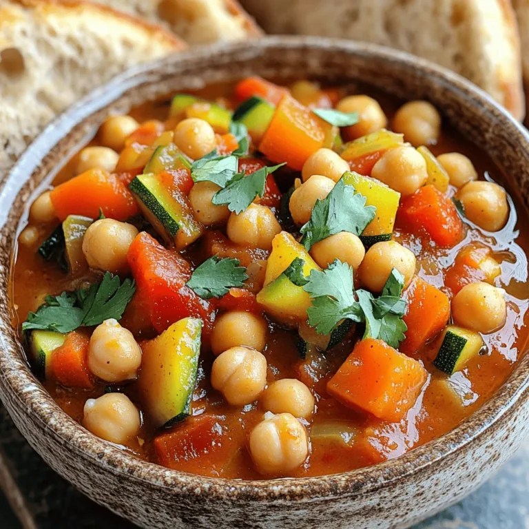 - 2 cans (15 oz each) chickpeas, drained and rinsed - 1 large onion, diced - 3 cloves garlic, minced - 1 medium carrot, diced - 1 red bell pepper, diced - 1 zucchini, diced - 1 can (14 oz) diced tomatoes, with juice - 2 cups vegetable broth - 1 tablespoon olive oil - 2 teaspoons ground cumin - 1 teaspoon ground coriander - 1 teaspoon ground cinnamon - 1/2 teaspoon cayenne pepper (adjust to taste) - 1 cup dried apricots, chopped - Salt and pepper to taste Chickpeas serve as the heart of this stew. They add protein and fiber, making this dish filling. Use two cans of chickpeas for ease. Rinse them well to remove any extra salt. Next, we have our vegetables. Dice one large onion, three garlic cloves, a medium carrot, a red bell pepper, and a zucchini. These add flavor and color. The mix creates a lovely base for the stew. For the broth, use two cups of vegetable broth. This gives the stew depth. The diced tomatoes bring acidity and sweetness. Now, let's talk spices. Ground cumin and coriander bring warmth and earthiness. The cinnamon adds a hint of sweetness. Adjust the cayenne for heat to your liking. Lastly, add one cup of chopped dried apricots. They bring a sweet contrast to the spices and vegetables. Season with salt and pepper to taste. - Fresh cilantro or parsley for garnish - Drizzle of olive oil Garnishes make your dish shine. Fresh herbs like cilantro or parsley add a burst of color and freshness. Drizzle a bit of olive oil on top for richness. These simple touches elevate your stew, making it even more inviting. Start by measuring your ingredients carefully. Use two cans of chickpeas, drain them, and rinse well. Dice one large onion, one medium carrot, one red bell pepper, and one zucchini into small pieces. These will give your stew great texture. Next, mince three cloves of garlic finely. This will add a wonderful depth of flavor. In a large skillet, heat one tablespoon of olive oil over medium heat. Once hot, add the diced onion. Cook for about 3-4 minutes until it becomes soft and clear. Then, add the minced garlic. Sauté for another minute until it smells amazing. This step brings out the rich flavors. Transfer the sautéed onion and garlic to your slow cooker. Layer in the chickpeas, diced carrot, red bell pepper, and zucchini. Pour in one can of diced tomatoes with juice and add one cup of chopped dried apricots. Then, pour in two cups of vegetable broth. Sprinkle in two teaspoons of ground cumin, one teaspoon of ground coriander, one teaspoon of ground cinnamon, and half a teaspoon of cayenne pepper. Season with salt and pepper to taste. Stir it all together well. Cover your slow cooker with the lid. Set it on low heat for 6-8 hours or high heat for 3-4 hours. Check the stew after the time is up. The vegetables should be tender and the flavors well mixed. If they are not, let it cook for a little longer. Once cooked, taste your stew. Adjust the seasoning if needed. If you like a thinner stew, feel free to add more vegetable broth. When ready to serve, ladle the stew into bowls. Garnish with fresh cilantro or parsley for a fresh touch. Enjoy with crusty bread or over couscous for a complete meal. How to adjust spice levels You can control the heat in this stew. Start with less cayenne pepper. Taste as you go. If you want more heat, add a pinch more. For a milder stew, skip the cayenne. Instead, focus on the warm spices like cumin and cinnamon. They add depth without too much spice. Recommended pairings This stew shines with crusty bread or fluffy couscous. The bread soaks up the rich flavors. Couscous adds a nice texture. You can also serve it with a side salad. A bright, fresh salad balances the stew's warmth. Alternative methods for sautéing If you prefer not to use a skillet, try a microwave. Place the diced onion and garlic in a bowl. Add olive oil, cover, and microwave for 1-2 minutes. This method saves time and keeps cleanup easy. Slow cooker settings explained You can cook this stew on low or high. The low setting takes 6-8 hours. It gives the flavors time to meld. The high setting cooks it in 3-4 hours. It’s perfect if you’re short on time. Always check the stew for doneness. The veggies should be tender before serving. {{image_2}} You can change the recipe to fit your taste. Try using different beans or legumes. Black beans or lentils work well. They add their own unique flavors and textures. You can also add seasonal vegetables. Sweet potatoes or kale can enhance the dish and make it heartier. Choose vegetables that you enjoy or have on hand. This keeps the stew fresh and exciting. Making this stew gluten-free is easy. Ensure you use gluten-free broth and check all labels. Most of the ingredients are naturally gluten-free. For vegan and vegetarian options, this recipe is already plant-based. Just skip any meat or dairy. You can serve it with crusty bread or over couscous. This adds a nice touch without changing the core recipe. Enjoy making these adjustments to suit your needs! After enjoying your Slow Cooker Moroccan Chickpea Stew, store any leftovers. Let the stew cool down. This helps keep flavors fresh. Transfer it to a container. I recommend using glass containers with tight lids. They seal well and prevent spills. You can keep the stew in the fridge for up to 5 days. Remember to label the container with the date. Want to save some for later? You can freeze the leftovers. First, let the stew cool completely. Pour it into freezer-safe bags or containers. Make sure to leave some space. This helps with expansion as it freezes. The stew can last in the freezer for about 3 months. When you’re ready to eat, take it out of the freezer. For thawing, place it in the fridge overnight. If you're in a hurry, you can use the microwave. Reheat it on low until it’s hot throughout. Stir it well to avoid cold spots. Enjoy the same delicious flavors even after freezing! Yes, you can use dried chickpeas. To prepare them, soak one cup of dried chickpeas in water overnight. This helps them soften. After soaking, drain and rinse the chickpeas. Cook them in a pot with three cups of water. Bring it to a boil, then simmer for about 1 to 1.5 hours until tender. After cooking, add them to your slow cooker with the other ingredients. This method may add extra time to your stew’s cooking process. You can store Moroccan chickpea stew in the fridge for about four to five days. Be sure to cool it down before putting it in a container. For longer storage, freeze the stew. It can last up to three months in the freezer. When you’re ready to eat, just thaw it overnight in the fridge and heat it on the stove or in the microwave. This stew pairs well with several sides. Here are some great options: - Crusty bread for dipping. - Fluffy couscous to soak up the stew. - Quinoa for a protein boost. - A fresh salad with lemon vinaigrette. - Yogurt or a dollop of sour cream to cool the spice. These sides enhance the dish and make your meal more filling and enjoyable. This blog post highlighted key ingredients, step-by-step instructions, and useful tips for making Moroccan chickpea stew. You learned about main ingredients like chickpeas and vegetables, along with spices to add depth. The guide also covered cooking techniques and variations for dietary needs. In conclusion, you can create a tasty dish that fits your preferences. Enjoy the process of cooking and feel free to get creative with flavors. This stew can easily become a favorite in your home.