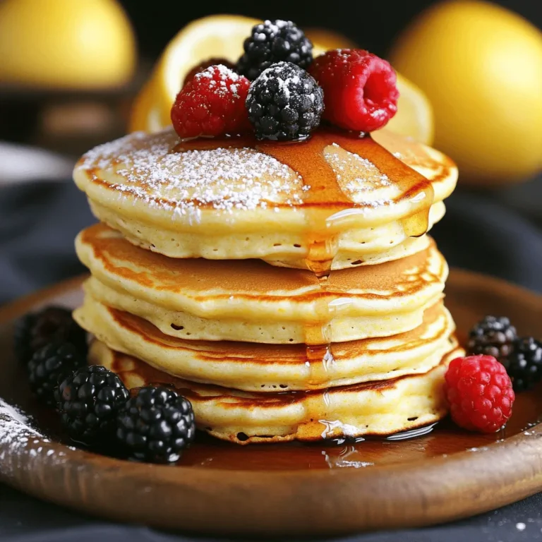 To make Fluffy Lemon Ricotta Pancakes, gather these ingredients: - 1 cup ricotta cheese - 2 large eggs - 1/4 cup granulated sugar - 1/2 cup milk - Zest of 1 lemon - 2 tablespoons fresh lemon juice - 1 cup all-purpose flour - 1 tablespoon baking powder - 1/2 teaspoon salt - Butter or oil for cooking You can swap some ingredients if needed. If you don’t have ricotta, try cottage cheese. It gives a similar taste and texture. For a dairy-free option, use almond milk or oat milk instead of regular milk. You can also use a sugar substitute if you want to cut calories. Just make sure it works for baking. Fresh ingredients make a big difference. Use fresh lemons for the zest and juice. They add bright flavor to the pancakes. Check your eggs; they should be fresh for the best rise. When using flour, make sure it’s not expired. This helps your pancakes stay fluffy and light. Always measure your ingredients carefully for the best results. Start by taking a large mixing bowl. Add 1 cup of ricotta cheese, 2 large eggs, and 1/4 cup of granulated sugar. Pour in 1/2 cup of milk. Then, zest one lemon and squeeze 2 tablespoons of fresh lemon juice into the bowl. Whisk all these ingredients together. Make sure the mixture is smooth and well-blended. This step gives the pancakes their creamy texture. In a separate bowl, take 1 cup of all-purpose flour, 1 tablespoon of baking powder, and 1/2 teaspoon of salt. Use a sifter to combine these dry ingredients. Sifting helps to mix them well and aerate the flour. This step is key for fluffy pancakes. Now, heat a non-stick skillet or griddle over medium heat. Add a small amount of butter or oil to coat the surface. Pour about 1/4 cup of batter for each pancake onto the skillet. Cook until bubbles form on top, which takes about 2-3 minutes. When you see bubbles, flip the pancakes. Cook for another 2 minutes, or until they turn golden brown. Repeat this with the rest of the batter, adding more butter or oil as needed. Enjoy these fluffy lemon ricotta pancakes warm, with your favorite toppings! To make your pancakes fluffy, use fresh ricotta cheese. It adds moisture and air. Mix the wet ingredients well, but do not overmix with the dry flour. A few lumps are okay. This helps keep the batter light. Let the batter rest for a few minutes before cooking. This allows the baking powder to activate, creating a rise. One big mistake is overmixing the batter. This can lead to tough pancakes. Another common error is cooking at too high a temperature. If your skillet is too hot, the outside burns while the inside stays raw. Flip the pancakes when bubbles form on top. This shows they are ready to turn. Use a non-stick skillet or griddle to avoid sticking. Serve your lemon ricotta pancakes warm for the best taste. A dusting of powdered sugar makes them look great. Fresh berries add color and flavor. You can also drizzle maple syrup for sweetness. For a twist, try a dollop of Greek yogurt on top. This adds creaminess and a nice tang. Enjoy your pancakes with a cup of tea or coffee. {{image_2}} You can make these pancakes even more tasty! Try adding different flavors to the batter. Here are some ideas: - Vanilla extract: Add one teaspoon for a sweet note. - Blueberries: Toss in half a cup for a fruity twist. - Lemon thyme: Mix in a teaspoon for herby flair. - Almond milk: Use this instead of regular milk for a nutty taste. These simple changes can bring a new life to your pancakes! If you need a gluten-free option, swap the all-purpose flour for a gluten-free blend. Many brands work well in pancakes. Just check the package for the right amount to use. For a dairy-free option, use a plant-based ricotta. You can also replace the milk with almond milk or oat milk. These swaps keep your pancakes light and fluffy without dairy. While maple syrup is great, there are many other toppings to try! Here are some of my favorites: - Fresh berries: Strawberries, blueberries, or raspberries add color and taste. - Greek yogurt: A dollop gives creaminess and protein. - Honey or agave: Drizzle for a natural sweetness. - Chopped nuts: Almonds or walnuts add crunch and nutrition. Experiment with these toppings to find what you love best! To keep your fluffy lemon ricotta pancakes fresh, stack them with parchment paper between each pancake. This helps prevent them from sticking together. Place the stack in an airtight container. Store it in the fridge if you plan to eat them in a few days. They will stay good for about three days. When it's time to enjoy your leftovers, you can reheat them easily. The best way is to use a skillet. Heat the skillet over low heat and add a tiny bit of butter. Place the pancakes in the skillet and warm them for about one minute on each side. You can also use a microwave. Just cover them with a damp paper towel and heat for 20-30 seconds. If you want to save pancakes for later, freezing is a great option. First, let them cool completely. Then, stack them with parchment paper in between. Wrap the stack tightly in plastic wrap or foil. Place the wrapped pancakes into a freezer bag. They will last for up to two months in the freezer. When you’re ready to eat, just follow the reheating tips above! Yes, you can make pancakes ahead of time. Cook them and let them cool. Place them in an airtight container. You can store them in the fridge for up to three days. They still taste great even after being made in advance. The best way to reheat pancakes is in the microwave. Place them on a microwave-safe plate. Heat them for about 20-30 seconds. If you want them crispy, use a skillet. Heat the skillet over medium heat and warm the pancakes for a minute on each side. You can tell pancakes are done when they are golden brown. Look for bubbles forming on the surface. When the bubbles pop, it’s time to flip them. Cook the other side until it is also golden. Using these signs will help you make perfect, fluffy pancakes every time. This guide covered all you need for perfect pancakes. We explored essential ingredients, cooking methods, and tips to avoid mistakes. You learned about ingredient swaps and creative ways to serve pancakes. Remember, practice makes perfect. Each pancake can be a little different, so don’t be afraid to experiment. Store any leftovers properly to enjoy them later. The more you try, the better they get. Happy cooking!