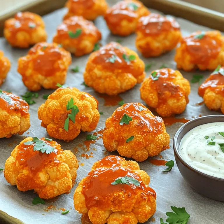 - 1 medium head of cauliflower, cut into bite-sized florets - 1 cup all-purpose flour - 1 cup water - 1 teaspoon garlic powder - 1 teaspoon onion powder - 1 teaspoon smoked paprika - Salt and pepper to taste - 1 cup buffalo sauce (store-bought or homemade) - 2 tablespoons olive oil - Fresh parsley, chopped (for garnish) To make these bites, choose a fresh cauliflower head. Cut it into small pieces. This helps them cook evenly and get crispy. The batter combines flour and spices. It gives a nice coating that sticks well to the cauliflower. - 1 cup sour cream - 1/2 cup mayonnaise - 1 tablespoon lemon juice - 1 teaspoon dried dill - 1 teaspoon garlic powder - Salt and pepper to taste For the ranch dip, you want creamy and tangy flavors. Sour cream and mayonnaise form the base. Adding lemon juice brightens the taste. Dill and garlic powder add extra flavor. Mix it well for a smooth dip. You can switch out some ingredients if needed. For gluten-free bites, use almond flour or chickpea flour. You can also use hot sauce instead of buffalo sauce for more heat. If you like a thicker ranch dip, add more sour cream. Try fresh herbs too, like chives or cilantro, for a unique twist. Start by preheating your oven to 450°F (230°C). This high heat helps make the bites crispy. Line a baking sheet with parchment paper to prevent sticking. While the oven heats, cut one medium head of cauliflower into bite-sized florets. Make sure they are all about the same size for even cooking. In a large bowl, whisk together one cup of all-purpose flour, one cup of water, one teaspoon of garlic powder, one teaspoon of onion powder, and one teaspoon of smoked paprika. Add salt and pepper to taste. Mix until smooth. This batter will coat the cauliflower. Dip each floret in the batter, covering it well. Shake off any extra batter. Place the florets on the baking sheet in a single layer. Drizzle two tablespoons of olive oil on top. Bake them for 20 to 25 minutes. Flip halfway through to get an even golden color. While they bake, prepare the buffalo sauce. If you use homemade sauce, heat it gently in a saucepan. If you have store-bought sauce, keep it ready. When the cauliflower bites are crispy, take them out of the oven. Toss the hot bites in a large bowl with one cup of buffalo sauce until they are coated. Return the coated bites to the baking sheet. Bake for another 10 minutes to let the sauce set and caramelize slightly. To make the ranch dip, mix together one cup of sour cream, half a cup of mayonnaise, one tablespoon of lemon juice, one teaspoon of dried dill, and one teaspoon of garlic powder in a separate bowl. Add salt and pepper to taste. Stir until smooth. When the cauliflower bites are done, take them out of the oven. Garnish with fresh chopped parsley. Serve them hot with the ranch dip on the side. Enjoy the crunch and flavor! To make your cauliflower bites crispy, start with a dry cauliflower. Pat the florets with a paper towel to remove moisture. The batter needs a good grip on the cauliflower. Use a thick batter made from flour and water, adding garlic powder, onion powder, and smoked paprika for flavor. When baking, drizzle a bit of olive oil over the bites. This helps them crisp up nicely. Bake at 450°F for 20-25 minutes. Flip them halfway to ensure even browning. For extra crispiness, bake them for an additional 10 minutes after coating in buffalo sauce. When it comes to dipping, flavor is key. Serve your buffalo cauliflower bites with ranch dip for a cool contrast. To enhance the ranch dip, mix in fresh herbs like dill or chives. For a twist, add some hot sauce to the ranch for extra heat. Dip the cauliflower bites right before eating for the best flavor. You can also try pairing them with blue cheese dip. The creaminess of the dip balances the heat of the buffalo sauce. To store leftover cauliflower bites, let them cool completely. Place them in an airtight container in the fridge. They last about 3-4 days. When you want to reheat them, use the oven rather than the microwave. Preheat the oven to 350°F and bake for 10-15 minutes. This keeps them crispy. If you have leftover ranch dip, store it in a sealed container in the fridge. It stays fresh for about a week. Always check for freshness before using. {{image_2}} If you like heat, you can add more spice. Use hot sauce with a higher Scoville rating. Chipotle sauce brings a smoky heat, too. Mix cayenne pepper into the batter for a kick. You can also add crushed red pepper flakes for extra spice. Just remember, start small! You can always add more. If you need a gluten-free option, replace all-purpose flour with gluten-free flour. Almond flour or chickpea flour works well. For an even lighter option, use cornstarch. Mix it with water and spices just like the original. This keeps the flavor and the crunch. You can make your ranch dip even more exciting. Add fresh herbs like chives or cilantro for a fresh twist. A splash of hot sauce gives it a nice zing. Try mixing in some crumbled blue cheese for a classic taste. You can also use Greek yogurt instead of sour cream. This adds creaminess and a bit of tang. Each serving of Buffalo Cauliflower Bites has about 150 calories. These bites are lower in calories than traditional wings. You get around 5 grams of protein, 7 grams of fat, and 20 grams of carbs per serving. Cauliflower is a superfood. It's low in calories and high in fiber. This helps with digestion and keeps you full. Cauliflower is rich in vitamins C and K. These vitamins boost your immune system and support bone health. The ranch dip packs a flavor punch but can be rich. Sour cream and mayonnaise add fat. However, they also offer protein and some vitamins. Using fresh herbs like dill adds nutrients and flavor without extra calories. Buffalo cauliflower bites are a great swap for wings. Traditional wings can have over 400 calories per serving. They are often fried and high in fat. Cauliflower bites are baked, not fried. This method cuts down on fat and calories. Plus, cauliflower bites offer a tasty way to enjoy flavor without guilt. Whether you want a snack or a party treat, these bites shine. You can enjoy all the flavor of buffalo wings but with added health benefits. Yes, you can use frozen cauliflower. Just thaw it first. Pat it dry to remove excess moisture. This helps the batter stick better. Make sure to coat the florets well. Frozen cauliflower may take a bit longer to bake. Check for crispiness before serving. To make homemade buffalo sauce, you need just a few ingredients. Mix together: - 1 cup hot sauce - 1/2 cup melted butter - 1 tablespoon vinegar - 1 teaspoon garlic powder Whisk these ingredients until they blend well. You can adjust the heat by adding more hot sauce or butter. This sauce adds a fresh flavor to your cauliflower bites. Serve buffalo cauliflower bites hot and crispy. Place them on a platter with a bowl of ranch dip in the center. Garnish with chopped fresh parsley for color. You can also add celery sticks or carrot sticks as a crunchy side. This makes it fun for sharing. Enjoy your tasty bites! In this article, we explored how to make tasty buffalo cauliflower bites and a homemade ranch dip. We covered the main ingredients, cooking steps, and helpful tips to get them crispy. You can even try different flavors or heat levels. These bites are a healthy choice compared to wings, packed with flavor and fun. I hope you feel confident to create and enjoy this dish, whether you are sharing with friends or treating yourself. Dive into this tasty experience!