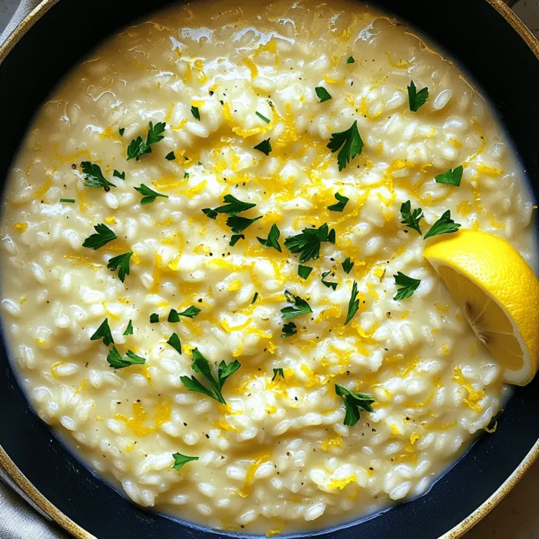 To make a delightful creamy lemon parmesan risotto, gather these key ingredients: - 1 cup Arborio rice - 4 cups vegetable broth, hot - 1 small onion, finely chopped - 2 cloves garlic, minced - 1 tablespoon olive oil - 1 tablespoon butter - 1 lemon, zested and juiced - 1 cup grated Parmesan cheese - ½ cup heavy cream - Salt and pepper to taste - Fresh parsley, chopped (for garnish) These ingredients create a rich, creamy dish that bursts with lemon flavor. Using fresh ingredients makes a big difference in taste. Fresh onions and garlic add more flavor than stored ones. When you zest the lemon, use a bright, firm lemon for the best zest. Fresh Parmesan cheese also melts better than pre-grated cheese. If you can, buy these items close to when you cook. This helps keep your dish vibrant and tasty. You can easily swap some ingredients for different flavors or dietary needs. If you want a lighter dish, use low-fat cream instead of heavy cream. For a vegan option, try using plant-based cheese and broth. If you cannot find Arborio rice, short-grain rice can work. Just remember that it might change the texture a bit. Get creative and make it your own! Start by heating the olive oil and butter in your skillet. Use medium heat until they melt together. Then, add the finely chopped onion. Sauté for about 3 to 4 minutes. You want the onion to turn soft and clear. Next, stir in the minced garlic. Cook for one more minute. You will smell a nice aroma that fills the kitchen. Now it's time to add the Arborio rice. Stir it into the onion and garlic mix. Cook for 2 to 3 minutes. This helps the rice soak up the flavors. After that, pour in ½ cup of hot vegetable broth. Stir it slowly until almost all of the liquid is gone. This step is key for creamy risotto. Keep adding the broth, one ladle at a time. Stir often and let each addition absorb before adding more. This process takes about 18 to 20 minutes. The rice should feel creamy and slightly firm when done. Once your rice is cooked, it's time for the final touches. Stir in the lemon zest and lemon juice. The fresh lemon adds a bright flavor. Then, mix in the heavy cream and grated Parmesan cheese. This makes your risotto rich and creamy. Season with salt and pepper to taste. Let the risotto sit for a couple of minutes. This helps it thicken a bit. Now, you’re ready to serve your creamy lemon Parmesan risotto! To get that creamy texture in your risotto, use Arborio rice. This rice has a high starch content, which helps create creaminess. Always add hot broth gradually. This means adding a ladle at a time. Stir often and wait until the liquid is mostly gone before adding more. This process should take about 18-20 minutes. When done, the risotto should be soft but still a bit firm. A common mistake is adding all the broth at once. This can lead to uneven cooking. Another mistake is not stirring enough. Stirring helps release the starch, making the risotto creamy. Also, avoid using cold broth. Cold broth can shock the rice, slowing down cooking. Lastly, don’t skip the resting time. Letting the risotto sit for a few minutes helps it thicken nicely. To boost flavors, try adding herbs like thyme or basil. You can also mix in sautéed mushrooms or peas for extra taste. For a twist, add a splash of white wine when cooking the onions. This adds depth and brightness. Lastly, don’t be shy with the lemon zest and juice. They brighten the dish and enhance the creamy flavor. {{image_2}} You can make creamy lemon Parmesan risotto even more filling by adding protein. Here are some great options: - Chicken: Cook small pieces of chicken breast until golden and add them to the risotto. - Shrimp: Sauté shrimp in garlic and olive oil. Mix them into the risotto right before serving. - Sausage: Use Italian sausage for a spicy kick. Brown it first, then stir it in. - Tofu: For a vegetarian option, sauté firm tofu cubes until crisp and add them. Adding protein gives you more flavor and makes the dish more satisfying. You can change the taste of your risotto by adding seasonal vegetables. Here are some ideas: - Asparagus: Add cut asparagus toward the end of cooking for a fresh crunch. - Peas: Stir in frozen peas just before serving for a pop of color and sweetness. - Mushrooms: Sauté sliced mushrooms before adding them for an earthy flavor. - Spinach: Toss in fresh spinach leaves at the end. They wilt quickly and add nutrition. Using seasonal veggies keeps the dish fresh and exciting. While Parmesan cheese is classic, you can switch things up with other cheeses. Here’s how: - Pecorino Romano: This cheese adds a sharp, salty flavor that can brighten the dish. - Fontina: Use it for a creamy texture and rich taste. - Goat Cheese: Crumble goat cheese on top for a tangy finish. - Cheddar: Mixing in sharp cheddar gives a different flavor and creamy feel. Trying different cheeses can lead to unique and tasty results. To store leftover risotto, let it cool first. Place it in an airtight container. Make sure to seal it well. It will stay fresh in the fridge for up to three days. If you want to keep it longer, freezing is a good option. Just remember to separate it into smaller portions. This makes it easier to thaw later. For reheating, use a skillet or a pot. Add a splash of broth or water to keep it moist. Heat it over low to medium heat. Stir often to prevent sticking. This helps bring back that creamy texture. You can also use the microwave. Just cover it and heat in short bursts, stirring in between. To freeze risotto, portion it into containers or freezer bags. Label them with the date. Risotto can be frozen for up to three months. When you're ready to eat, thaw it overnight in the fridge. Reheat as mentioned before. Note that the texture may change slightly, but it will still taste great! Yes, you can make risotto in advance. However, it does not hold well. The rice absorbs liquid and becomes thicker when stored. If you make it early, keep it in an airtight container. When you are ready to serve, you can reheat it. Add a bit of broth to loosen it up. This helps restore the creamy texture. You know risotto is done when it is creamy and al dente. The rice should be tender but still have a slight bite. Taste a few grains to check. The texture should not be mushy. If it feels too firm, cook it a bit longer. Stir often to help it cook evenly. You can use brown rice, but the texture will change. Brown rice takes longer to cook and won’t be as creamy. Arborio rice has more starch, which gives risotto its signature creaminess. If you decide to use brown rice, be ready for a different dish. You may need to adjust the cooking time and liquid. Creating creamy lemon parmesan risotto is easy with the right ingredients and steps. I shared tips on using fresh ingredients and smart substitutions to boost flavor. You learn how to sauté, add broth, and finish with lemon and cheese for a creamy texture. Avoid common mistakes and try different add-ins to make it your own. Proper storage and reheating keep your leftovers tasty. With these tools, you can make a delicious risotto that impresses at any meal. Enjoy your cooking and the great flavors you create!