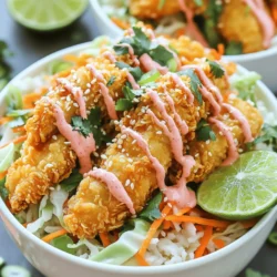 - 2 boneless, skinless chicken breasts - 1 cup cornstarch - 1 cup buttermilk (or non-dairy yogurt if dairy-free) - 1 cup panko breadcrumbs - 1/2 cup mayonnaise - 2 tablespoons sweet chili sauce - 1 tablespoon sriracha (adjust to taste) - 1 tablespoon honey - 4 cups cooked jasmine rice - 2 cups shredded napa cabbage - 1 cup shredded carrots - 1 green onion, chopped - Garnishes: sesame seeds and fresh cilantro For a tasty Bang Bang Chicken Bowl, you need a blend of fresh and crunchy ingredients. The chicken is the star here. You’ll want to start with boneless, skinless chicken breasts. Cut them into thin strips for quick cooking and easy eating. Cornstarch helps create a crispy crust when fried. Use buttermilk, or a non-dairy yogurt, to soak the chicken before breading. This step adds flavor and moisture. Next, you need panko breadcrumbs. They give a nice crunch that contrasts with the tender chicken. For the sauce, mix mayonnaise, sweet chili sauce, sriracha, and honey. This sauce is sweet, spicy, and creamy. You can adjust the spice by adding more or less sriracha. For the bowls, you need cooked jasmine rice as your base. This rice is fluffy and pairs well with the other ingredients. Add shredded napa cabbage for a fresh crunch, and shredded carrots for sweetness. Don't forget chopped green onions for a nice bite. Finally, sprinkle sesame seeds and fresh cilantro on top for added flavor and color. With these ingredients, you can create a delicious meal that your family will love! - Seasoning Start by slicing the chicken breasts into thin strips. Season the strips with salt and pepper. This step gives the chicken flavor right from the start. - Bread the Chicken Set up a breading station with three bowls: one for cornstarch, one for buttermilk, and one for panko breadcrumbs. Dip each chicken strip first in cornstarch. Then, coat it in buttermilk. Finally, roll it in panko breadcrumbs. Make sure each piece is well-covered for a crunchy finish. - Frying Method Heat oil in a large skillet until it's about half an inch deep. Use medium-high heat for best results. Once hot, add the breaded chicken strips in batches. Fry each strip for about 3-4 minutes on each side. Look for a golden brown color to know they are done. - Ensuring Crispiness After frying, let the chicken drain on paper towels. This helps keep the chicken crispy and removes excess oil. - Layering Ingredients In each bowl, start with a base of cooked jasmine rice. This will soak up the flavors. Next, add shredded napa cabbage and shredded carrots for crunch and color. - Drizzling the Sauce Generously drizzle the Bang Bang sauce over the chicken and veggies. This sauce is key for adding flavor. - Final Touches Top your bowls with chopped green onions, sesame seeds, and fresh cilantro. These ingredients add flavor and make the dish look beautiful. Serve warm and enjoy your delicious Bang Bang Chicken Bowls! - Breading Techniques: Start with clean hands. Dip each chicken strip first in cornstarch. Then, coat it in buttermilk. Finally, roll it in panko breadcrumbs. Make sure every bit is covered. This helps to get that crunchy texture. - Optimal Oil Temperature: Use a deep skillet and fill it with oil to about half an inch. Heat the oil to medium-high. You can test it by dropping a small piece of bread in. If it sizzles, it’s ready! Fry the chicken strips for 3 to 4 minutes on each side. This gives them a nice, golden brown color. - Spice Level Customization: The sauce is key to bringing flavor. If you want more heat, add more sriracha. If you prefer it milder, use less. Taste as you go to find your perfect balance. - Gluten-Free and Dairy-Free Options: If you need a gluten-free meal, replace panko with crushed rice cereal. For a dairy-free option, use non-dairy yogurt instead of buttermilk. Both swaps keep the dish tasty! - Colorful Bowl Selection: Choose bowls that pop! Bright colors showcase the dish's vibrant ingredients. A deep bowl lets you layer everything nicely. - Garnishing Techniques: Sprinkle chopped green onions on top. Add sesame seeds for crunch. A few fresh cilantro leaves add a nice touch. You could even add a lime wedge for a zesty look! {{image_2}} You can enhance your Bang Bang Chicken Bowls with more veggies. Try adding bell peppers, snap peas, or zucchini. These veggies add color and crunch. You can also use leafy greens like spinach or kale for extra nutrients. To change the taste, use different seasonings. Add garlic powder or ginger for a kick. You can also drizzle a little soy sauce for a savory touch. Mix and match to find your favorite flavors. If you want a change from chicken, try tofu or shrimp. Tofu is a great plant-based option. Cut it into bite-sized pieces and marinate it in the sauce. For shrimp, just peel and devein them. Cooking times will vary. Tofu takes about 5-7 minutes to crisp up. Shrimp cooks faster, around 2-3 minutes per side. Make sure they are pink and opaque before serving. Jasmine rice is great, but you can switch it up. Try brown rice for more fiber. Quinoa is another healthy choice. It cooks quickly and adds protein. Cauliflower rice is an excellent low-carb option. It cooks fast and absorbs flavors well. You can also mix grains for a unique texture. Each option brings its own taste and health benefits to your bowl. - Refrigeration Guidelines: Let the Bang Bang Chicken Bowls cool down first. Then, put them in an airtight container. They will stay fresh for up to three days in the fridge. - Freezing Instructions: For longer storage, freeze the chicken and veggies separately. Use freezer-safe bags or containers. They can last for up to three months. - Methods for Best Texture: Use an oven or air fryer to reheat. This keeps the chicken crispy. For rice and veggies, microwave them in short bursts. Stir in between to heat evenly. - Common Mistakes to Avoid: Don’t reheat everything together. It can make the chicken soggy. Avoid high heat, as that can dry out the chicken. - Duration for Best Quality: The chicken bowls taste best within three days when stored in the fridge. Frozen versions are best used within three months. - Signs of Spoilage: Look for any off smells or changes in color. If the chicken feels slimy, it’s time to throw it out. Always trust your senses when checking food freshness. Bang Bang Sauce is a creamy and spicy sauce that adds flavor to your dish. It has a mix of mayonnaise, sweet chili sauce, sriracha, and honey. This sauce is smooth, tangy, and has a kick of heat. It balances well with the crispy chicken and fresh veggies in the bowl. Yes, you can prepare Bang Bang Chicken Bowls ahead of time. Cook and cool the chicken strips first. Then, store them in the fridge. Keep the veggies and rice separate for freshness. When you’re ready to eat, just reheat the chicken and assemble the bowl. This method saves time and is great for meal prep. You can find Bang Bang Chicken Bowls in many Asian fusion restaurants. Look for places that focus on Thai or Chinese cuisine. Some casual dining spots also offer this dish. Check local food blogs or restaurant guides for recommendations. In this article, we explored how to create delicious Bang Bang Chicken Bowls. We discussed the key ingredients, including chicken, rice, and flavorful sauces. You learned step-by-step instructions for preparation, cooking, and assembly. We shared tips for crispiness and customization. There are also variations for different tastes and diets. Now you can enjoy a tasty meal at home. Try different ingredients and make it your own! Get creative with leftovers for even more fun options.
