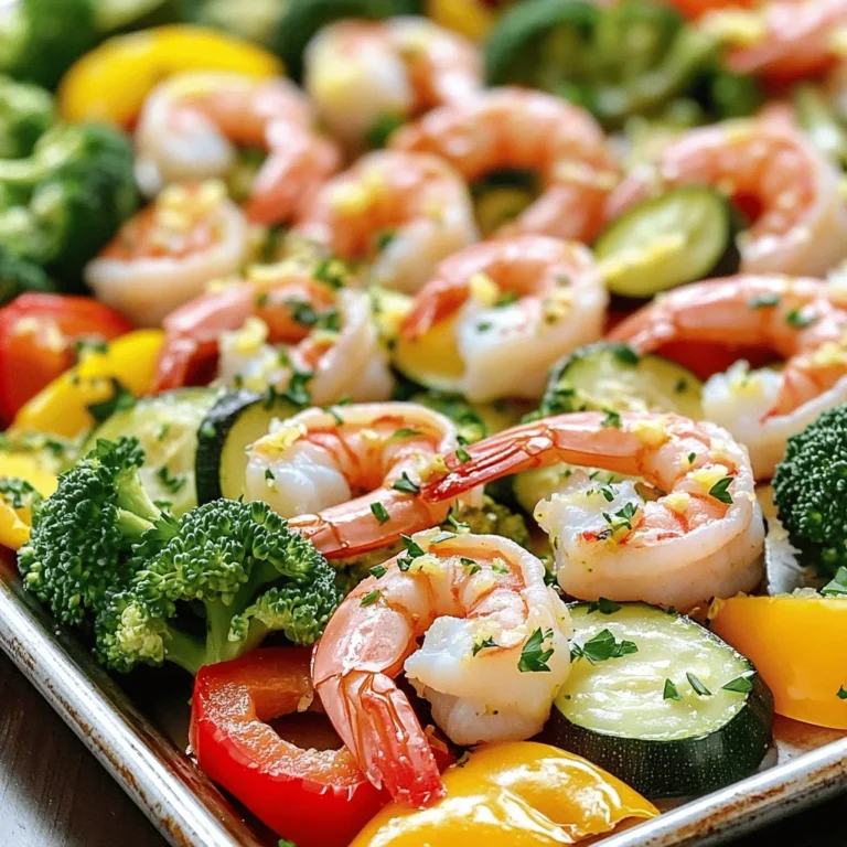 For this dish, use 1 pound of large shrimp. Make sure they are peeled and deveined. This step saves you time and keeps the dish clean. Fresh shrimp taste best, but you can use frozen. Just thaw them before cooking. You’ll need a mix of colorful veggies to make this meal pop. Use: - 2 cups broccoli florets - 1 cup bell peppers (mix red and yellow for brightness) - 1 zucchini, sliced - 1 red onion, cut into wedges These veggies add great flavor and texture. To make the shrimp and veggies shine, gather these ingredients: - 4 cloves garlic, minced - 3 tablespoons olive oil - Juice of 2 lemons - Zest of 1 lemon - 1 teaspoon dried oregano - Salt and pepper to taste - Fresh parsley, chopped (for garnish) This mix of seasonings gives your dish a bright, zesty kick. The lemon juice and zest brighten the shrimp and veggies. The olive oil keeps everything moist and tasty. Don't skip the fresh parsley; it adds a nice touch at the end. First, you need to preheat your oven. Set it to 400°F (200°C). While the oven heats, grab a large sheet pan. Line it with parchment paper. This step helps with cleanup later. In a big mixing bowl, add your shrimp and vegetables. Use 1 pound of shrimp, 2 cups of broccoli, 1 cup of sliced bell peppers, 1 sliced zucchini, and 1 cut red onion. Next, let’s make the sauce. In a small bowl, whisk together 4 minced garlic cloves, 3 tablespoons of olive oil, the juice from 2 lemons, the zest of 1 lemon, 1 teaspoon of dried oregano, and salt and pepper to taste. Pour this mixture over the shrimp and veggies. Toss everything well to coat it evenly. Now, spread the shrimp and veggie mix on the prepared sheet pan. Make sure the shrimp is in a single layer. This helps them cook evenly. Bake in your preheated oven for 12 to 15 minutes. Watch for the shrimp to turn pink and opaque. The veggies should be tender-crisp. Once done, take it out of the oven. Let it cool a bit, then garnish with fresh parsley before serving. Enjoy your meal! When picking shrimp, freshness is key. Look for shrimp that smell clean and sea-like. Avoid any that smell fishy. The shells should look shiny and feel firm. If you can get wild-caught shrimp, that’s a great choice. They often taste better than farm-raised shrimp. Size matters too! Large shrimp work best for this dish. They hold up well during cooking and have a nice bite. To cook shrimp and veggies evenly, spread them out on the pan. Make sure they are not crowded. If they are too close, they may steam instead of roast. It’s also important to place shrimp in a single layer. This helps them cook through without becoming rubbery. Check the shrimp around the 12-minute mark. They should turn pink and opaque. The veggies should be tender-crisp but not mushy. This dish shines on its own, but you can add more flair! Serve it over a bed of rice or quinoa for a filling meal. Adding a sprinkle of feta cheese can give it a nice tang. If you like heat, a dash of red pepper flakes will spice it up. Fresh lemon wedges on the side can enhance the lemon flavor. Garnish with parsley for a pop of color. Enjoy your healthy and tasty meal! {{image_2}} You can make this dish your own by adding different veggies. Think of colorful options like carrots, asparagus, or snap peas. You can also use frozen veggies if fresh ones aren’t available. Just make sure to cut them in similar sizes. This way, they will cook evenly. Adding a variety of vegetables not only boosts the taste but also adds nutrients. If you want to switch things up, try other proteins. Chicken breast or fish works well in this recipe. Cut the chicken into small pieces for even cooking. For fish, choose firm types like cod or salmon. Adjust the cooking time to ensure everything cooks properly. Each protein brings its own flavor, making your meal unique every time. This recipe is already gluten-free, thanks to the simple ingredients. Just be sure to check any sauces or seasonings for hidden gluten. You can also serve this with gluten-free grains like quinoa or rice. This way, you create a filling meal without any gluten worries. Enjoy a delicious dish that everyone can share! Store any leftover Lemon Garlic Shrimp Veggie Sheet Pan in an airtight container. Keep it in the fridge. It stays fresh for up to three days. Make sure it cools down before sealing. This helps prevent excess moisture. To reheat, place the leftovers on a baking tray. Preheat your oven to 350°F. Bake for about 10 minutes. This warms everything evenly and keeps the shrimp juicy. You can also use a microwave. Heat in 30-second bursts until warm. Stir in between to avoid uneven heating. You can freeze this meal for later use. Place cooled leftovers in a freezer-safe bag or container. Remove as much air as possible to prevent freezer burn. It can last up to three months in the freezer. When ready to eat, thaw overnight in the fridge. Reheat as described above for best results. Bake shrimp on a sheet pan for 12-15 minutes. The shrimp should turn pink and opaque. This time works well for large shrimp. Keep an eye on them to avoid overcooking. Overcooked shrimp become tough and rubbery. Yes, you can use frozen shrimp. Just thaw them before cooking. Place the shrimp in cold water for quick thawing. Pat them dry to remove excess moisture. This helps the shrimp cook evenly and absorb the flavors. Great vegetables for a sheet pan meal include: - Broccoli florets - Bell peppers (red and yellow for color) - Zucchini - Red onion Other options are asparagus, carrots, and cherry tomatoes. Choose veggies that roast well and have similar cooking times. This ensures even cooking and tasty results. This post covered all you need to know about making a tasty sheet pan shrimp meal. You learned about the best shrimp and veggies to use. The cooking steps and tips ensure your dish turns out perfect every time. You can switch up ingredients or make it gluten-free too. Easy storage and reheating tips help save any leftovers. Don't hesitate to try new flavors and enjoy. Cooking should be fun and simple!