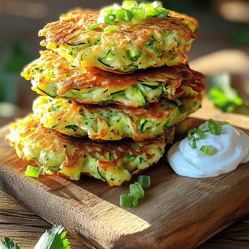 To make crispy zucchini fritters, you need a few simple ingredients. Here is what you will need: - 2 medium zucchinis, grated - 1 teaspoon salt - 1/2 cup all-purpose flour - 1/4 cup cornmeal - 1 large egg - 1/2 cup grated Parmesan cheese - 1/4 cup green onions, finely chopped - 1 clove garlic, minced - 1/2 teaspoon black pepper - 1/2 teaspoon smoked paprika - Olive oil for frying - Greek yogurt or sour cream for serving (optional) These ingredients blend to create a tasty snack or side dish. The zucchini gives it a fresh flavor, while the cheese adds richness. The cornmeal helps with the crunch. Each ingredient plays a role in making these fritters crispy and delicious. Make sure to use fresh zucchinis. They will make your fritters bright and flavorful. Grating the zucchini helps release moisture. This step is key to keeping the fritters crispy. Enjoy gathering these items, as they will make your cooking experience fun and rewarding! - First, grate the zucchinis using a box grater. Aim for nice, fine shreds. - Place the grated zucchini in a clean kitchen towel. Sprinkle the salt over it. - Let the zucchini sit for about 10 minutes. This draws out moisture. - After 10 minutes, wrap the towel around the zucchini. Squeeze it hard to remove extra liquid. This step helps make the fritters crispy! - In a large bowl, combine the drained zucchini with flour and cornmeal. - Add one egg, Parmesan cheese, chopped green onions, and minced garlic. - Finally, mix in black pepper and smoked paprika. Stir until everything is well blended. - Heat a good amount of olive oil in a large skillet over medium heat. You want enough to cover the bottom. - Use a tablespoon to scoop the zucchini mixture. Drop it into the hot oil, pressing down gently. - Fry the fritters in batches. Do not overcrowd the pan. - Cook for 3-4 minutes on each side until they turn golden brown and crispy. - Once done, remove fritters and place them on a paper towel-lined plate to soak up extra oil. To get crispy zucchini fritters, moisture is your enemy. Start by grating the zucchinis and sprinkle them with salt. This draws out excess water. After ten minutes, squeeze the zucchini in a towel to remove this liquid. Trust me, this step is key for crispiness! Next, heat your olive oil properly. Aim for medium heat. Too low, and they will soak up oil. Too high, and they will burn before cooking through. A good test is to drop a small amount of batter into the oil. If it sizzles right away, you're ready to fry! For dipping, I love using Greek yogurt or sour cream. They add a nice tang that pairs well with the fritters. You can also try a spicy aioli for a kick! When it comes to side dishes, a simple salad works great. A fresh garden salad or some roasted veggies will balance the meal. You can even serve these fritters as an appetizer at a gathering! One big mistake is overcrowding the pan. If you fill the pan too much, the fritters will steam instead of fry. This leads to soggy fritters. Always fry in small batches. Another mistake is not using enough oil. The oil should cover the bottom of the pan. This helps create that golden, crispy crust. Don’t be shy with the oil; it’s essential for great flavor and texture! {{image_2}} You can make these fritters gluten-free. Just swap the all-purpose flour with almond flour or a gluten-free flour blend. Both options work well and still give you that nice crunch. Almond flour adds a nutty taste that pairs great with zucchini. Use the same amount of flour as in the recipe. Want a vegan twist? Replace the egg with flaxseed meal. Mix one tablespoon of flaxseed meal with two and a half tablespoons of water. Let it sit for five minutes until it thickens. This acts as a great binder for your fritters. The flavor stays rich and tasty without the egg. You can boost the taste of your fritters by adding herbs or spices. Fresh herbs like parsley or dill can add brightness. If you like heat, sprinkle in some red pepper flakes or cayenne pepper. A teaspoon of Italian seasoning can also add depth. Mix these extras into your batter for a fun flavor twist! To keep your crispy zucchini fritters fresh, store them in an airtight container. Place a paper towel at the bottom to absorb moisture. This helps maintain their crispiness. You can refrigerate them for up to three days. If you notice they are getting soft, don’t worry. You can easily reheat them! To reheat and keep your fritters crispy, use a skillet. Add a little olive oil and heat over medium. Place the fritters in the pan. Cook for about two minutes on each side. This method helps regain that golden, crispy texture. You can also use an oven. Preheat it to 375°F (190°C) and bake them for about 10 minutes. If you want to save some for later, freezing is easy! First, let the fritters cool completely. Then, place them in a single layer on a baking sheet. Freeze for about an hour. Once frozen, transfer them to a freezer bag. This helps prevent them from sticking together. To thaw, just leave them in the fridge overnight before reheating. This method keeps them tasty and ready to enjoy! To make zucchini fritters crispy, remove excess moisture from the zucchini. Grate the zucchini and sprinkle it with salt. Let it sit for 10 minutes. This step helps draw out water. Afterward, wrap the zucchini in a towel and squeeze out as much liquid as you can. The drier the zucchini, the crispier your fritters will be. Also, make sure the oil is hot before frying. This helps create a nice golden crust. Yes, you can freeze crispy zucchini fritters. Let them cool completely after frying. Place them in a single layer on a baking sheet. Freeze for about an hour until firm. Then, transfer them to a freezer-safe bag or container. They can last for up to three months in the freezer. To reheat, bake them in the oven to maintain their crispiness. If you want to replace Parmesan cheese, try using Pecorino Romano. It has a similar texture and sharp taste. Nutritional yeast is a great vegan option. It gives a cheesy flavor without dairy. You can also use any hard cheese you like, such as cheddar or gruyère. Leftover fritters can last about three to four days in the fridge. Store them in an airtight container. To keep them crispy, reheat in an oven instead of a microwave. This helps restore their crunchiness, making them just as good as when you first made them. You can make delicious zucchini fritters by following the steps outlined in this post. Start with fresh ingredients, mix well, and cook them to golden perfection. Remember, squeezing out the zucchini’s moisture is key for crispiness. Try different variations, like gluten-free or vegan options, to suit your taste. With the right tips, you can avoid common mistakes and enjoy these fritters anytime. Overall, zucchini fritters are a fun and tasty way to use this healthy veggie. Enjoy making them for yourself or to share!