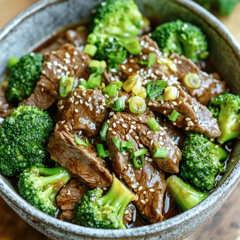 - 1 lb flank steak, thinly sliced against the grain - 4 cups broccoli florets - 3 cloves garlic, minced - 1 inch ginger, grated - 1/4 cup soy sauce or tamari - 2 tablespoons oyster sauce - 1 tablespoon sesame oil - 1 tablespoon brown sugar - 2 tablespoons cornstarch - 1/2 cup beef broth - 2 green onions, sliced - Sesame seeds - Marinating the beef Start by slicing 1 lb of flank steak thinly against the grain. This makes the beef tender. In a bowl, mix the beef with 1/4 cup soy sauce, 2 tablespoons cornstarch, and 1 tablespoon brown sugar. Stir it well to coat the beef. Let it marinate for at least 15 minutes. This adds flavor and helps the beef stay juicy. - Blanching the broccoli While the beef marinates, prepare 4 cups of broccoli florets. Bring a pot of water to a boil. Add the broccoli and blanch it for 2 minutes. This makes the broccoli bright green and tender-crisp. After 2 minutes, drain the broccoli and set it aside. It will blend well with the beef later. - Sautéing the beef Heat 1 tablespoon of vegetable oil in a large skillet or wok over medium-high heat. Once the oil is hot, add the marinated beef in a single layer. Cook it for about 2-3 minutes until it is browned. Stir occasionally to prevent burning. This step gives the beef a nice sear. - Adding aromatics and sauces After the beef is browned, add 3 cloves of minced garlic and 1 inch of grated ginger. Stir for about 30 seconds until you smell the aroma. Then, pour in 1/2 cup of beef broth, 1 tablespoon of sesame oil, and 2 tablespoons of oyster sauce. Mix well and bring the sauce to a simmer. This creates a flavorful base for the dish. - Incorporating broccoli into the dish Now, add the blanched broccoli to the skillet. Stir the mixture to coat the broccoli with the sauce. Cook for another 2-3 minutes until everything is heated through. The sauce should cling to both the beef and broccoli, making it tasty. - Plating the dish Serve the dish hot on a plate or in a bowl. Garnish with sliced green onions and a sprinkle of sesame seeds. This adds a nice crunch and color to the dish. - Optimal temperatures for serving Serve Better Than Takeout Beef and Broccoli at a warm temperature. This enhances the flavors and makes the meal more enjoyable. Enjoy your homemade dish that rivals takeout! Slicing beef against the grain is key. This technique makes the meat tender. If you cut with the grain, the beef gets chewy. Hold the flank steak steady and slice it thinly. Aim for about a quarter-inch thickness. Marination is also important. Combine the sliced beef with soy sauce, cornstarch, and brown sugar. Mix well and let it sit for at least 15 minutes. This step adds flavor and tenderness. You can marinate it longer for a richer taste. Blanching broccoli is easy. Bring a pot of water to a boil. Add the florets and cook for just two minutes. This keeps the color bright and the texture crisp. After that, drain the broccoli and set it aside. If you want to swap out the broccoli, try snap peas or bell peppers. Both bring a nice crunch and flavor. You can mix and match vegetables for variety. To boost flavor, think about adding more seasonings. Try red pepper flakes for heat. You can also add a dash of rice vinegar for tang. These small changes can make a big difference. For a complete meal, serve this dish with rice or noodles. These sides soak up the sauce well. You can also add a fresh salad on the side for a balanced meal. {{image_2}} If you want to change the protein in this dish, you have great options. Chicken is a tasty swap. Use thin slices of chicken breast for a lighter meal. Tofu is another choice. Firm tofu absorbs flavors well. Press it to remove extra water before cooking. This way, you keep the dish flavorful and healthy. You can also mix in different vegetables. Bell peppers add color and crunch. Slice them thin and toss them in with the beef. Snow peas are another fun choice. They cook quickly and add a nice snap. You can even use a mix of your favorite veggies for a colorful twist. For gluten-free options, switch to tamari instead of soy sauce. Tamari has a similar taste and works great. If you want a low-carb meal, skip the brown sugar. You can replace it with a low-carb sweetener if needed. This keeps the dish tasty while meeting your dietary needs. To store leftovers properly, let the dish cool to room temperature. Then, transfer it to an airtight container. This helps keep the flavors fresh. You can store it in the fridge for up to three days. Always check for any signs of spoilage before eating. For long-term storage, you can freeze the beef and broccoli. Place it in a freezer-safe container or bag. Make sure to remove excess air to prevent freezer burn. It can last in the freezer for up to three months. When you're ready to eat, thaw it in the fridge overnight. This helps keep the texture nice. For reheating, the best method is on the stove. Heat it in a skillet over medium heat. Add a splash of water or broth to keep it moist. Stir often to avoid overcooking. If you prefer the microwave, use a microwave-safe dish. Heat it in short intervals, stirring in between. This way, you avoid soggy broccoli and tough beef. Always aim for a warm, delicious meal! I recommend marinating the beef for at least 15 minutes. This time helps the flavors soak in and tenderizes the meat. If you have more time, you can marinate it for up to an hour. Just keep it in the fridge while it soaks up those tasty juices. Yes, you can use frozen broccoli! It makes cooking easier, but there are some things to think about. Benefits of frozen broccoli: - It saves prep time since you don't have to wash or cut it. - It is often picked and frozen at peak freshness, so it retains nutrients. Drawbacks of frozen broccoli: - It may be softer than fresh broccoli after cooking. - The flavor might be less vibrant compared to fresh. So, if you choose frozen, try to thaw and drain it before adding it to the dish. This will help keep the sauce from getting too watery. You have many great options for side dishes! Here are some ideas: - Steamed white or brown rice - Fried rice with veggies and egg - Noodles tossed in soy sauce - A simple side salad with sesame dressing These options will balance the flavors of the beef and broccoli and make your meal even more satisfying. Enjoy your cooking! This article covered a delicious Beef and Broccoli dish. We explored key ingredients like flank steak, broccoli, and bold sauces. You learned how to prepare, cook, and serve with great tips along the way. Experiment with variations like chicken or tofu for a personal twist. Remember, proper storage will keep your leftovers fresh. Enjoy this satisfying meal, whether you stick to the classic recipe or try something new. Happy cooking!