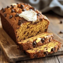 - 1 cup canned pumpkin puree - 1/2 cup vegetable oil - 1 cup brown sugar - 1/2 cup granulated sugar - 3 large eggs - 1 teaspoon vanilla extract I love using canned pumpkin puree for this bread. It gives a smooth texture and rich flavor. Vegetable oil keeps the bread moist and soft. The blend of brown and granulated sugar adds a perfect sweetness. Eggs give structure and help the bread rise. A teaspoon of vanilla extract rounds out the taste beautifully. - 2 cups all-purpose flour - 1 teaspoon baking soda - 1/2 teaspoon baking powder - 1 teaspoon ground cinnamon - 1/2 teaspoon ground nutmeg - 1/2 teaspoon salt All-purpose flour forms the base of this bread. Baking soda and baking powder work together for the right rise. Ground cinnamon and nutmeg add warmth and spice. A little salt helps balance the sweetness and enhances flavor. - 1 cup chocolate chips - 1/2 cup chopped walnuts or pecans (optional) Chocolate chips are a must for me! They melt and create pockets of gooey goodness. If you want a crunch, add chopped walnuts or pecans. This combo adds texture and a nutty flavor, making the bread even more delightful. 1. First, preheat your oven to 350°F (175°C). Grease a 9x5-inch loaf pan or line it with parchment paper. This helps the bread come out easily after baking. 2. In a large bowl, mix the wet ingredients. Add 1 cup of canned pumpkin puree, 1/2 cup of vegetable oil, 1 cup of brown sugar, and 1/2 cup of granulated sugar. Whisk until it looks smooth. 3. Next, add 3 large eggs one at a time. Mix well after each egg. Stir in 1 teaspoon of vanilla extract until it blends in fully. 4. In another bowl, sift together the dry ingredients. Combine 2 cups of all-purpose flour, 1 teaspoon of baking soda, 1/2 teaspoon of baking powder, 1 teaspoon of ground cinnamon, 1/2 teaspoon of ground nutmeg, and 1/2 teaspoon of salt. This helps to mix in air and keeps the bread light. 1. Slowly mix the dry ingredients into the wet mix. Stir gently until just combined. Do not overmix, or the bread may be tough. 2. Now, fold in 1 cup of chocolate chips and, if you want, add 1/2 cup of chopped walnuts or pecans. This adds great texture and flavor. 3. Pour the batter into the prepared loaf pan. Use a spatula to smooth the top. 1. Bake the bread in the preheated oven for 55-65 minutes. Check for doneness by inserting a toothpick into the center. It should come out clean. 2. Once baked, let the bread cool in the pan for about 10 minutes. Then, transfer it to a wire rack to cool completely. 3. For serving, slice the bread once it cools. Enjoy it warm with cream cheese or butter. A sprinkle of cinnamon adds a nice touch! To get the best texture in your chocolate chip pumpkin bread, avoid overmixing. When you blend wet and dry ingredients, mix just until combined. Overmixing adds air, which can make the bread tough. Next, use room temperature ingredients. This helps your batter mix evenly and rise well. Cold eggs or oil can lead to uneven baking. You can boost flavor by adding spices or extracts. Consider extra cinnamon, nutmeg, or even a hint of ginger. These spices enhance the warm, cozy notes of pumpkin. If you want to use fresh pumpkin, roast it until soft and blend it into a puree. Fresh pumpkin has a brighter taste but can be watery. Canned pumpkin is thicker and easier to work with. For serving, spread cream cheese or butter on warm slices. This adds richness and flavor. You can also sprinkle a little cinnamon on top for a delightful finish. For a decorative touch, slice the bread and arrange it on a platter. Add a few chocolate chips or nuts on top. This makes it look special and inviting. {{image_2}} If you want to make this bread gluten-free, use a gluten-free flour mix. Many brands offer good blends that work well in baking. You can also use almond flour or coconut flour, but you might need to adjust the liquids to keep the bread moist. For vegan substitutions, swap the eggs with flaxseed meal. Mix 1 tablespoon of flaxseed meal with 2.5 tablespoons of water for each egg. Let it sit for five minutes to thicken. You can replace the vegetable oil with coconut oil or applesauce for a lighter touch. You can mix in different flavors to make this bread your own. Try adding fruits like diced apples or ripe bananas. Nuts, such as walnuts or pecans, add a nice crunch. Spices can also change the flavor. Try adding ginger or allspice for a warm kick. For seasonal fun, toss in dried cranberries or even chocolate chunks instead of chips. Each variation gives a new taste experience. Instead of making a loaf, you can use this batter to make muffins. Just adjust the baking time to 20-25 minutes. The muffins will be perfect for breakfast or a snack. Pair your chocolate chip pumpkin bread with a warm drink. Coffee or chai tea works well. You can also enjoy it with flavored cream cheese or butter for a tasty treat. To keep your chocolate chip pumpkin bread fresh, store it in an airtight container. This helps lock in moisture and flavor. If you want to refrigerate it, wrap the bread in plastic wrap first. This adds an extra layer of protection. For long-term storage, consider freezing it. Wrap the bread tightly in plastic wrap and then in foil. This will keep it safe from freezer burn. You can freeze it for up to three months. When you're ready to enjoy it, just thaw in the fridge overnight. If you have leftover bread, warming it up is easy. Preheat your oven to 350°F (175°C). Place the bread on a baking sheet and cover it with foil. Heat for about 10-15 minutes. This will revive the bread without drying it out. You can also use a microwave. Just heat a slice for 10-15 seconds. This makes it warm and soft again. Adding a pat of butter on top can boost the flavor, too. At room temperature, your chocolate chip pumpkin bread lasts about four to five days. Keep it in a cool, dry spot. You can tell it’s spoiled if you see mold or if it smells off. The texture might become dry or crumbly. If you notice these signs, it's best to throw it away. Regular checks help you enjoy your treat while it’s still fresh. How can I make my pumpkin bread more moist? To make your pumpkin bread moist, use more pumpkin puree. You can also add a bit of yogurt or applesauce. These ingredients help keep the bread soft and tender. Can I substitute ingredients in this recipe? Yes, you can! For example, use coconut oil instead of vegetable oil. You can also swap brown sugar for white sugar or even honey. Just keep the same amounts. What can I do with leftover pumpkin puree? Leftover pumpkin puree is great in soups, smoothies, or pancakes. You can also freeze it for later use. Just store it in an airtight container. How do I know when my pumpkin bread is done baking? To check if your bread is done, insert a toothpick in the center. If it comes out clean, your bread is ready. If it has batter on it, bake a bit longer. Can I use fresh pumpkin in lieu of canned? Yes, you can use fresh pumpkin. Just cook and mash it until smooth. Make sure to measure the same amount as you would for canned pumpkin. What's the best way to slice this bread? The best way to slice pumpkin bread is to wait until it cools. Use a sharp bread knife for clean, even slices. This helps prevent squishing the bread. How can I avoid my bread getting stale? To keep your bread fresh, wrap it in plastic wrap or foil. Store it at room temperature. You can also freeze it to keep it tasty longer. This blog post covered how to make delicious chocolate chip pumpkin bread. We explored key ingredients, step-by-step baking methods, and helpful tips for great texture and flavor. I also shared fun variations and storage advice to keep your bread fresh. In conclusion, baking can be a rewarding experience. Enjoy experimenting with flavors and sharing your creations. Your kitchen can be filled with tasty treats all season long.