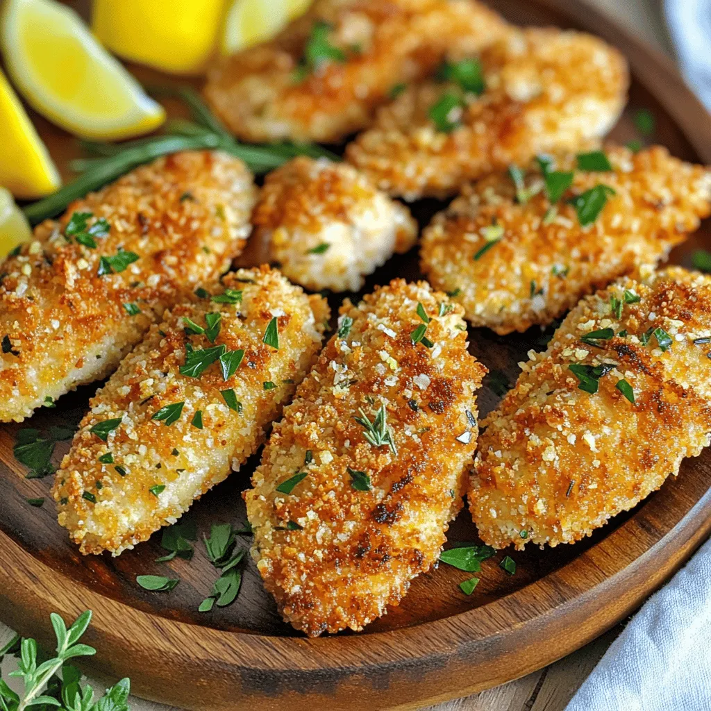 - 2 lbs chicken tenderloins - 1 cup all-purpose flour - 2 large eggs - 1 tablespoon milk - 1 cup breadcrumbs (Panko for extra crispiness) - 1 teaspoon garlic powder - 1 teaspoon onion powder - 1 teaspoon smoked paprika - 1/2 teaspoon black pepper - 1/2 teaspoon salt - 1/4 cup fresh parsley, chopped - 2 tablespoons fresh rosemary, chopped - 4 cloves garlic, minced - Vegetable oil for frying I love using chicken tenderloins for this dish. They cook fast and stay juicy. The all-purpose flour helps create a nice crust. Eggs and milk keep the breading light and fluffy. I prefer Panko breadcrumbs for extra crunch. They give the tenders that perfect crispy texture. For seasonings, I use garlic powder and onion powder for flavor. Smoked paprika adds a nice warmth, while black pepper and salt enhance all the tastes. Fresh herbs like parsley and rosemary bring a bright touch. Minced garlic adds a lovely aroma and flavor. Finally, vegetable oil is essential for frying. It gets hot and helps the chicken turn golden brown. Gather these ingredients, and you’re ready to create something amazing! - In a shallow bowl, whisk together: - 1 cup all-purpose flour - 1 teaspoon garlic powder - 1 teaspoon onion powder - 1 teaspoon smoked paprika - 1/2 teaspoon black pepper - 1/2 teaspoon salt This mix gives your chicken a great flavor. - In another bowl, beat: - 2 large eggs - 1 tablespoon milk Mix well until they blend together. - In a third bowl, combine: - 1 cup breadcrumbs (I love Panko for crunch) - 1/4 cup fresh parsley, chopped - 2 tablespoons fresh rosemary, chopped - 4 cloves garlic, minced This will create a tasty topping for your tenders. - Take each chicken tenderloin and first dip it in the flour mix. Make sure it’s fully coated. - Next, dip it into the egg mix, allowing the excess to drip off. - Finally, coat it in the breadcrumb mix, pressing gently. This helps the breadcrumbs stick well. - In a large skillet, heat about 1/2 inch of vegetable oil over medium heat. - Once the oil is hot, carefully add the breaded chicken tenders in batches. Don’t crowd the pan. - Fry for about 3-4 minutes on each side. Look for a golden brown color. - After cooking, transfer the chicken tenders to a paper towel-lined plate. This will drain any extra oil. Repeat this process with the remaining chicken tenders. Enjoy your crispy garlic herb chicken tenders hot! - Using Panko breadcrumbs: Panko breadcrumbs have a light and airy texture. They fry up crispier than regular breadcrumbs. This gives your chicken tenders a delightful crunch. Make sure to press the Panko onto the chicken well. This step helps the coating stick better. - Correct oil temperature: Heat your oil to medium heat before frying. If the oil is too cold, the chicken will absorb more oil, making it greasy. A hot oil will help seal the coating quickly. Use a thermometer if you have one. Aim for about 350°F (175°C) for the best crispiness. - Marinating chicken for extra flavor: Marinate your chicken tenderloins for at least 30 minutes. Use a mix of olive oil, lemon juice, and herbs. This step adds depth to the flavor. You can also add garlic powder to the marinade for a nice kick. - Recommended dipping sauces: Pair your crispy chicken tenders with tasty sauces. Garlic aioli is a great choice for garlic lovers. Honey mustard adds a sweet touch. You can also try ranch dressing or spicy ketchup for a fun twist. - Plating with garnishes: When serving, arrange the chicken tenders on a platter. Add lemon wedges and fresh herb sprigs. This not only adds color but also enhances the dish's aroma and flavor. A sprinkle of extra parsley on top looks great too. - Pairing with side dishes: These chicken tenders go well with many sides. Serve them with a fresh salad, crispy fries, or roasted veggies. You can also add a side of coleslaw for a crunchy contrast. Enjoy your meal! {{image_2}} You can switch up how you cook these chicken tenders. Baking is one method to try. Preheat your oven to 400°F (200°C). Place the breaded tenders on a baking sheet lined with parchment paper. Spray them lightly with oil. Bake for 20-25 minutes, flipping halfway through. The result will be crispy and golden without frying. Another option is the air fryer. Preheat your air fryer to 375°F (190°C). Arrange the tenders in a single layer. Cook for about 12-15 minutes, flipping halfway. This method uses less oil while still giving a nice crunch. Want to jazz up your chicken tenders? You can add spices to the flour mix. A pinch of cayenne pepper adds heat. Italian seasoning gives it an herby twist. Try experimenting with flavors you love. Switching herbs can change the taste, too. Use thyme or basil instead of parsley and rosemary. Each herb brings its own unique flavor. Feel free to mix and match to find your favorite combination. If you want a healthier choice, consider gluten-free alternatives. You can use almond flour or gluten-free breadcrumbs. These options keep the tenders crispy without gluten. For a low-calorie coating, skip the breadcrumbs. Instead, coat the chicken in crushed cornflakes or ground oats. These choices still give you a satisfying crunch while being lighter. Store leftover chicken tenders in an airtight container. This keeps them fresh and safe. Make sure to let them cool before sealing. The best duration for storage is up to three days. After that, they may lose their flavor and texture. For the best results, use an oven to reheat chicken tenders. Set the oven to 375°F (190°C). Place the tenders on a baking sheet for about 10-15 minutes. This method helps keep them crispy. If using a microwave, heat in short bursts of 30 seconds. The microwave may make them soggy, so be careful. You can freeze chicken tenders for longer storage. Place them in a freezer-safe bag or container. Make sure to remove as much air as possible. They can last up to three months in the freezer. To cook, thaw them overnight in the fridge. Once thawed, reheat in the oven to regain crispiness. Can I use chicken breasts instead of tenderloins? Yes, you can use chicken breasts. Cut them into strips to match tenderloins. This change will still give you tasty results. How can I make these chicken tenders gluten-free? To make them gluten-free, use gluten-free flour and gluten-free breadcrumbs. These swaps keep the crunch while catering to dietary needs. What dipping sauces pair well with this recipe? Many sauces work well! Try garlic aioli, honey mustard, or ranch dressing. Each adds a fun twist to your chicken tenders. How do I know when the chicken tenders are fully cooked? Check the chicken's internal temperature. It should reach 165°F. The meat will also look golden and crispy. What's the best way to keep chicken tenders crispy? To keep them crispy, fry in hot oil and avoid crowding the pan. Drain on paper towels after cooking to remove excess oil. Can I prepare the breaded tenders in advance? Yes, you can bread the tenders ahead of time. Store them in the fridge for up to two hours before frying. What can I substitute for breadcrumbs? You can use crushed cornflakes or ground oats as substitutes. Both add a nice crunch to your chicken tenders. You now have all the steps to make crispy garlic herb chicken tenders. You learned about the key ingredients and how to prepare them. I shared tips to enhance flavor and the best cooking methods. You can even make healthier or gluten-free versions. Remember to store leftovers properly and reheat them to keep them crispy. With this knowledge, you can impress everyone with your cooking. Enjoy your tasty chicken tenders and make them your own!