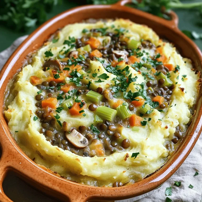 For this Vegan Lentil Shepherd’s Pie, I use 1 cup of green or brown lentils. They provide a hearty base and are full of protein. Rinsing them helps remove any debris. Cook them in 2 cups of vegetable broth for rich flavor and extra nutrients. The vegetable mix makes this dish shine. You need: - 1 medium onion, chopped - 2 cloves garlic, minced - 2 carrots, diced - 2 celery stalks, diced - 1 cup mushrooms, chopped These veggies add depth and color to the pie, making every bite tasty. To enhance the dish, I add 2 tablespoons of tomato paste. This adds a nice tang. For seasoning, use: - 1 teaspoon dried thyme - 1 teaspoon dried rosemary - Salt and pepper to taste The broth and spices blend well, creating a savory filling that warms the soul. Start by rinsing 1 cup of green or brown lentils. In a pot, bring 2 cups of vegetable broth to a boil. Add the rinsed lentils. Reduce the heat to a simmer. Cook for 25-30 minutes until tender. If there's extra liquid, drain it. Set the lentils aside. Grab a large skillet and heat a splash of olive oil over medium heat. Add 1 chopped medium onion and 2 minced garlic cloves. Cook until the onion turns translucent, about 3-4 minutes. Next, add 2 diced carrots, 2 diced celery stalks, and 1 cup of chopped mushrooms. Sauté these for 5-7 minutes until softened. Combine the cooked lentils with the sautéed vegetables in the skillet. Stir in 2 tablespoons of tomato paste, 1 teaspoon of dried thyme, 1 teaspoon of dried rosemary, and salt and pepper to taste. Pour in the remaining vegetable broth and bring it to a gentle simmer. Cook for 10 more minutes so the flavors blend. Preheat your oven to 400°F (200°C). In a baking dish, layer the lentil mixture evenly at the bottom. Top it with 4 cups of mashed potatoes, spreading them out smoothly to cover everything. Put the assembled Shepherd’s Pie in the oven. Bake for 25-30 minutes until the mashed potatoes are slightly golden and crispy. Take it out and let it cool for a few minutes. Serve hot and garnished with chopped fresh parsley for a tasty finish. To make creamy mashed potatoes, start with starchy potatoes. I prefer Yukon Gold or Russet. Boil them until soft, then drain. Add plant-based milk and vegan butter for creaminess. Mash well until smooth. For extra flavor, mix in garlic or nutritional yeast. Keep them warm before adding on top of the lentils. Herbs bring life to your dish. For this shepherd's pie, I use dried thyme and rosemary. These herbs add depth to the lentil mix. You can also try fresh herbs like parsley or sage for a bright touch. Just chop them finely and stir them in before baking. Feel free to experiment with your favorites. To get a crispy topping, spread the mashed potatoes evenly over the lentils. Make peaks and valleys with a fork; these will brown nicely in the oven. Bake at 400°F until golden, about 25-30 minutes. If you like it extra crispy, broil for a few minutes at the end. Keep an eye on it to avoid burning. {{image_2}} To make this pie gluten-free, swap regular ingredients for gluten-free ones. Use gluten-free vegetable broth and check your mashed potatoes. Some brands may add gluten. You can also use gluten-free flour for thickening if needed. Feel free to mix in more veggies. Peas, corn, or bell peppers add color and taste. You can even add spinach for a nutrient boost. Just sauté them with the other vegetables. This makes your dish more colorful and healthy. If you want more protein, try using chickpeas or black beans. You can mash them and mix with lentils. Tofu or tempeh also works well. Just crumble them in with the lentils and vegetables. This gives you a new twist on flavor and texture. Once you finish your meal, let the Vegan Lentil Shepherd's Pie cool down. Transfer any leftovers to an airtight container. Store it in the fridge for up to four days. This dish tastes great even after sitting a bit. To reheat, you can use the oven or microwave. If using the oven, preheat to 350°F (175°C). Cover the pie with foil to keep it from drying out. Bake for about 20 minutes until hot. If using a microwave, place a portion on a plate. Heat for 2-3 minutes, stirring halfway through for even warmth. If you want to save some for later, freezing is a great option. Let the pie cool completely before freezing. Cut it into portions and wrap each piece in plastic wrap. Place the wrapped pieces in a freezer bag. It can last for up to three months in the freezer. To reheat, let it thaw overnight in the fridge. Then, follow the reheating instructions above. Yes, you can use other lentils. Green or brown lentils work best. They hold their shape well. Red lentils cook faster but can become mushy. If you want a firmer bite, stick to green or brown. Absolutely! This vegan lentil shepherd’s pie is great for meal prep. You can make it ahead and store it in the fridge. Just reheat portions when you are ready to eat. The flavors improve after a day in the fridge, making it taste even better. Cooking lentils takes about 25 to 30 minutes. Start by boiling them in vegetable broth. Check for doneness to ensure they are tender but not mushy. Drain any extra liquid before adding them to the pie. This way, you get the best texture in your dish. This blog post covered how to make a delicious Shepherd's Pie with lentils. We explored the key ingredients like lentils, veggies, and spices. I gave step-by-step cooking instructions, shared tips for perfect mashed potatoes, and offered variations like gluten-free options. In the end, this dish is easy to make and fun to customize. You can enjoy it fresh or save leftovers for later. Get cooking and enjoy a tasty meal!