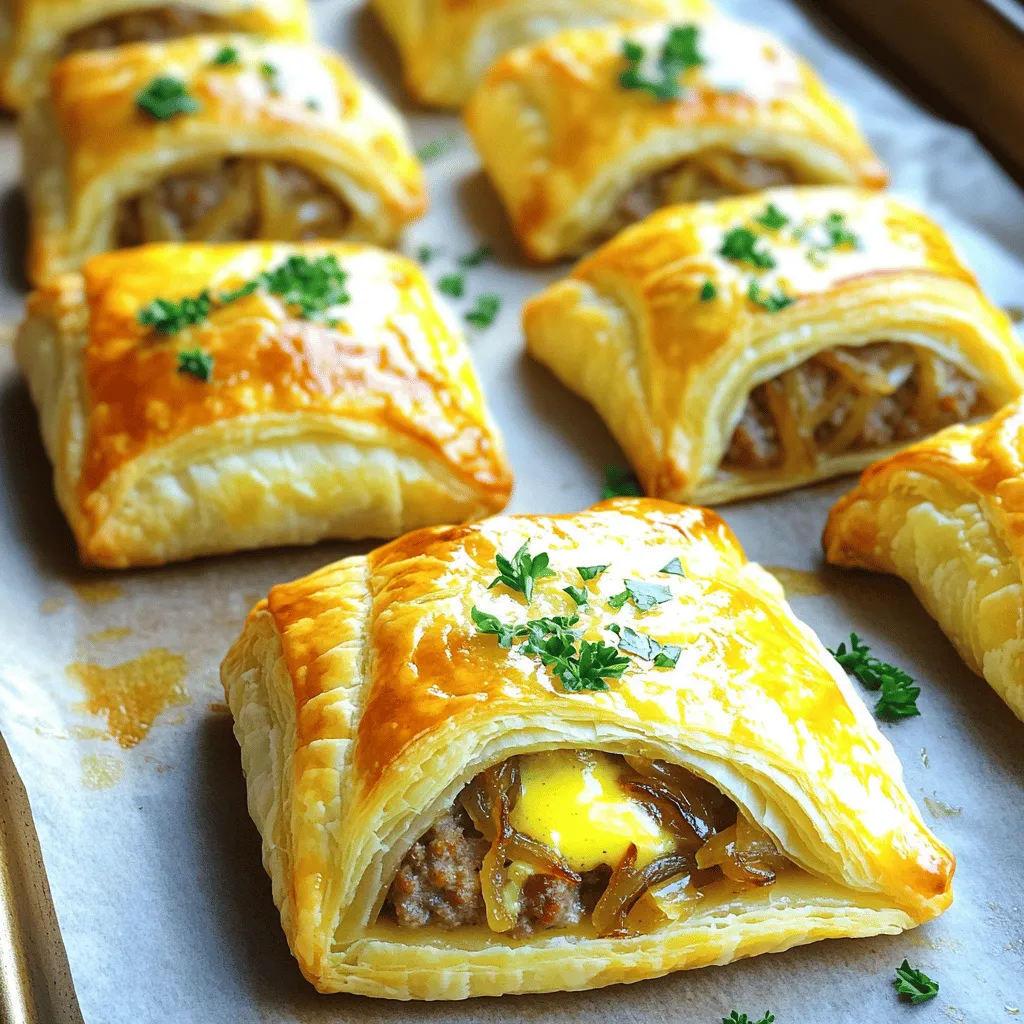 - Caramelized onions: You need 1 cup, about 2 large onions. Cook them slowly to get a sweet flavor. - Ground sausage options: Use 1 lb of your favorite sausage. You can choose spicy or mild. - Gruyère cheese: A must-have for this recipe. Use 1 cup shredded for that creamy taste. - Variations in spice: Add more garlic powder or a pinch of cayenne for heat. - Alternative cheese choices: Try cheddar or mozzarella if you want a different flavor. - Garnishing options: Fresh parsley brightens the dish. You can also use chives or green onions. Start by preheating your oven to 400°F (200°C). This step is key for crispy rolls. Next, grab a baking sheet and line it with parchment paper. This will prevent sticking and make cleanup easy. In a large bowl, combine the ground sausage and caramelized onions. Mix in the Gruyère cheese, Dijon mustard, garlic powder, and thyme. Don’t forget to add salt and pepper! Stir until everything is well mixed. The flavors should blend nicely. On a lightly floured surface, roll the puff pastry into a rectangle about 1/8 inch thick. Cut the pastry into long strips, each about 3 inches wide. Take a generous spoonful of the sausage mixture and place it in the center of each strip. Fold the pastry edges over the filling and press to seal. Use a fork to crimp the edges if you want a pretty look. Place the rolls on the prepared baking sheet. Brush the tops with the beaten egg. This egg wash gives the rolls a nice golden color when baked. Bake them in the preheated oven for 20-25 minutes. Look for a puffed, golden brown finish. Once they are baked, let the rolls cool for a few minutes. This helps the filling set. For a fresh touch, sprinkle some chopped parsley on top before serving. Enjoy the savory goodness! To make great caramelized onions, start with medium heat. Use a heavy pan for even cooking. Stir them every few minutes. This helps them brown evenly and develop flavor. Aim to cook them for about 20 to 30 minutes. You want them soft and golden brown. If they stick, add a splash of water to help release them. When rolling out puff pastry, keep it cold. This helps create those flaky layers. Lightly flour your surface and roll gently. Aim for a thickness of about 1/8 inch. Cut the pastry into strips about 3 inches wide. After baking, the rolls should be golden and puffed. Look for a crispy outer layer for the perfect bite. To store baked rolls, let them cool first. Place them in an airtight container. They stay fresh in the fridge for up to three days. For longer storage, freeze them in a single layer. Wrap each roll in plastic wrap. When you want to eat them, reheat in the oven for the best results. This keeps them crispy and warm. {{image_2}} You can change the flavor of your sausage rolls easily. Try different sausage types. You could use spicy Italian sausage for heat. Or, go with sweet apple sausage for a twist. Each will bring its own taste to the dish. You can also swap cheeses for more variety. Gruyère cheese is rich and creamy, but you can try cheddar or mozzarella. Each cheese offers a new layer of flavor while keeping the rolls tasty. For those who need gluten-free options, look for gluten-free puff pastry. Many stores offer this now. Just ensure it works well with freezing and baking. Your rolls can still be yummy without gluten. If you want vegetarian-friendly rolls, replace the sausage with a plant-based option. You can use lentils or mushrooms as a base. Mix in caramelized onions and cheese for a delicious filling. This way, everyone can enjoy the dish. Pair your rolls with some fun sides. A fresh salad can add crunch and color. You can also serve them with a bowl of soup to warm up a meal. Don’t forget the dipping sauces! A classic choice is mustard. You can also try barbecue sauce or a spicy aioli. Each sauce will add a new flavor that makes the rolls even more enjoyable. To keep your French onion sausage rolls fresh, store them in the fridge. Place them in an airtight container. This method prevents drying and keeps flavors intact. For longer storage, freeze the rolls. Wrap each roll tightly in plastic wrap, then place them in a freezer bag. This protects against freezer burn. In the fridge, these rolls last about 3 to 4 days. If you freeze them, they can last up to 3 months. Always label your bags with the date. This helps you track freshness and avoid waste. When reheating, the oven is best for keeping crispiness. Preheat your oven to 350°F (175°C). Place rolls on a baking sheet and heat for about 10-15 minutes. If you use a microwave, the rolls can get soggy. If you must, heat for only 30 seconds. Check and repeat if needed, but be careful not to overheat. You can use several cheeses in place of Gruyère. Some good choices are: - Emmental cheese - Fontina cheese - Jarlsberg cheese These options share a similar nutty flavor. Each will add a rich taste to your rolls. Yes, you can prepare the filling ahead of time. Here’s how to store it: - Place the filling in an airtight container. - Keep it in the fridge for up to two days. When ready, just mix and fill your pastry. This makes it easy to enjoy fresh rolls anytime! Dipping sauces can elevate your sausage rolls. Here are some great choices: - Sweet chili sauce - Spicy mustard - Ranch dressing These sauces add extra flavor and make each bite even better. Look for these signs to check if your rolls are done: - The pastry should be golden brown. - It should feel puffed and light to the touch. These cues ensure the rolls are crispy and tasty. If they meet these standards, you’re ready to serve! Making French Onion Sausage Rolls is easy and rewarding. You learned about key ingredients like caramelized onions, tasty sausages, and Gruyère cheese. I shared steps from prepping the oven to baking the rolls. You now have tips for perfect caramelized onions and flaky pastry. Don’t forget the variations for flavors and dietary needs. Lastly, I covered how to store and reheat to keep them fresh. Enjoy your delicious rolls and feel free to explore your creativity with flavors!