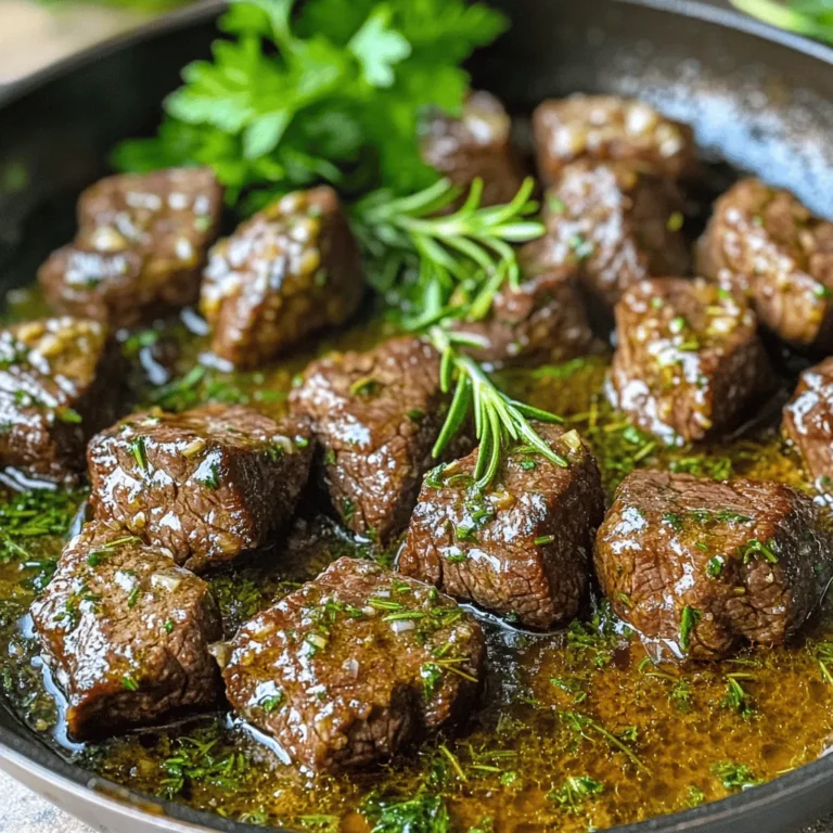 To make Garlic Butter Beef Bites, you will need some simple, fresh ingredients. Each adds its own flavor to this dish. Here is what you’ll need: - 1 pound beef sirloin, cut into bite-sized cubes - 4 tablespoons unsalted butter - 4 cloves garlic, minced - 1 tablespoon fresh rosemary, chopped - 1 tablespoon fresh thyme, chopped - Salt and pepper to taste - 1 tablespoon olive oil - Fresh parsley for garnish This list keeps it easy and straightforward. The beef sirloin gives a nice, tender bite. The unsalted butter and minced garlic create a rich sauce. Fresh herbs like rosemary and thyme add a lovely aroma. Don't forget to season with salt and pepper to enhance the taste. Olive oil helps to cook the beef perfectly. Finally, fresh parsley brightens up the dish as a garnish. Feel free to adjust the herbs based on what you like. Adding more garlic can give a stronger flavor. Each ingredient plays a role in making this meal a delight. To start, gather all your ingredients. Make sure you have: - 1 pound beef sirloin, cut into bite-sized cubes - 4 tablespoons unsalted butter - 4 cloves garlic, minced - 1 tablespoon fresh rosemary, chopped - 1 tablespoon fresh thyme, chopped - Salt and pepper to taste - 1 tablespoon olive oil - Fresh parsley for garnish This will make cooking smooth and easy. 1. Heat a large skillet over medium-high heat. Add the olive oil and let it warm. 2. Season your beef cubes with salt and pepper. This adds great flavor. 3. Once the oil is hot, place the beef in the skillet in a single layer. 4. Cook for 2-3 minutes until one side is browned. 5. Flip the beef bites and brown the other side for another 2-3 minutes. They should be medium-rare at this point. 6. Lower the heat to medium-low and push the beef to one side of the skillet. 7. In the empty space, add the butter, minced garlic, rosemary, and thyme. 8. Let the butter melt and the garlic cook for 1-2 minutes. This will make the kitchen smell amazing. 9. Stir everything together to coat the beef in the garlic butter sauce. 10. Cook for an additional 1-2 minutes. Toss well to mix the flavors. Remove the skillet from the heat. Garnish your beef bites with freshly chopped parsley. This adds a nice pop of color and taste. Serve these bites warm for the best experience. Enjoy your meal! To make the best garlic butter beef bites, focus on the beef. Choose high-quality beef sirloin. It has great flavor and cooks well. Season the beef with salt and pepper right before cooking. This step really helps the meat shine. When the beef hits the hot skillet, it should sizzle. This sound means you are sealing in those tasty juices. You can add a splash of red wine to the garlic butter mix for extra depth. Temperature is key for perfect beef bites. Start with a hot skillet. Medium-high heat works best for browning. Cook each side for about 2-3 minutes. This gives you that nice crust. To avoid overcooking, check the beef with a meat thermometer. Aim for 135°F for medium-rare. If you like it more done, let it reach 145°F. After cooking, let the beef rest for a few minutes. This helps keep it juicy. Serve garlic butter beef bites right from the skillet. They look great and smell amazing. Garnish with fresh parsley for a pop of color. You can pair these bites with crusty bread or rice. They also work well with a side salad for a lighter meal. If you want to impress guests, serve them on skewers as appetizers. You can even drizzle some extra garlic butter on top for added flavor. {{image_2}} You can change the herbs in Garlic Butter Beef Bites for new tastes. Try using fresh basil for a sweet twist. Oregano gives a warm, earthy flavor. For a kick, add crushed red pepper flakes. This will make your dish bold and spicy. Mix and match herbs to find your favorite blend. While sirloin works well, other cuts can shine too. Use tenderloin for a more buttery bite. Flank steak gives a firmer texture and great flavor. Chuck roast is also a budget-friendly option. Just cut the beef into small pieces and adjust cooking time. Each cut brings its own magic. Garlic Butter Beef Bites can be served in two ways. For appetizers, serve them on toothpicks with a dip. This makes a fun starter for parties. As a main course, pair them with rice or mashed potatoes. Add a fresh salad for balance. This way, you create a complete meal that pleases everyone. To store Garlic Butter Beef Bites, let them cool first. Place them in an airtight container. They stay fresh in the fridge for up to three days. Always label the container with the date. This way, you won’t forget when you made them. Reheat your beef bites in a skillet over medium heat. Add a splash of water or broth to keep them moist. Stir occasionally until they are hot all the way through. This usually takes about 5-7 minutes. You can also use a microwave if you're short on time. Heat on medium power for one minute, then check and stir. Add time as needed. If you want to freeze them, cool the beef bites completely. Place them in a freezer-safe bag or container. Remove as much air as possible to avoid freezer burn. They can last up to three months in the freezer. When you're ready to eat, thaw them in the fridge overnight. Reheat as mentioned above for the best taste. It takes about 15 minutes to cook Garlic Butter Beef Bites. You spend 10 minutes to prep the ingredients and 5 minutes to cook. The beef cooks quickly, so watch it closely. You want it tender and juicy, not overcooked. Yes, you can use other meats. Chicken, pork, or even shrimp work well. Just adjust the cooking time based on the meat. Chicken may take longer, while shrimp cooks faster. Each meat brings its own taste and texture to the dish. Garlic Butter Beef Bites pair well with many sides. You can serve them with rice, mashed potatoes, or a fresh salad. Crusty bread is great for soaking up the garlic butter. You can also serve them as appetizers with toothpicks. Each side adds a new twist to your meal. This blog post covered a simple and tasty recipe for Garlic Butter Beef Bites. You learned about essential ingredients, step-by-step cooking, and tips for perfect flavor. We also explored variations and storage tips for your beef bites. Cooking can be fun and rewarding. With a few ingredients, you can make a great dish. Enjoy your cooking journey and try new ideas to keep things interesting!