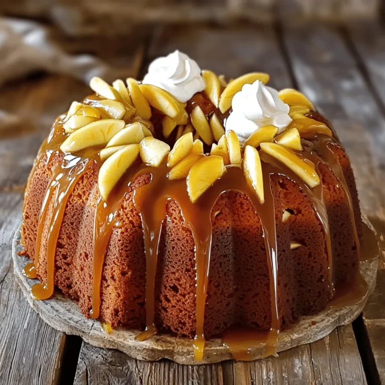 To make this delicious Apple Cider Caramel Bundt Cake, gather these items: - 2 cups all-purpose flour - 1 teaspoon baking powder - 1 teaspoon baking soda - 1/2 teaspoon salt - 1 teaspoon cinnamon - 1/2 teaspoon nutmeg - 1/2 cup unsalted butter, softened - 1 cup granulated sugar - 1/2 cup packed brown sugar - 3 large eggs - 1 cup apple cider - 1 teaspoon vanilla extract - 1 cup diced apples (like Granny Smith) - 1/2 cup caramel sauce (store-bought or homemade) - Optional: extra caramel for drizzling If you need to make swaps, here are some ideas: - You can use whole wheat flour instead of all-purpose flour for a nutty taste. - If you don’t have apple cider, use apple juice. Keep the flavor strong! - Swap granulated sugar for coconut sugar for a hint of caramel. - You can replace the butter with coconut oil for a dairy-free option. - For eggs, use flaxseed meal mixed with water as a vegan choice. Using fresh ingredients makes a big difference. Fresh apples bring a crisp crunch and vibrant flavor. Fresh spices enhance the cake's warmth and aroma. Fresh butter gives a rich taste, making the cake moist. Always check your pantry for the freshest items. This simple step ensures your cake tastes amazing and looks great. Fresh ingredients lead to a better end result, making each slice of your Apple Cider Caramel Bundt Cake an irresistible delight! Start by preheating your oven to 350°F (175°C). Next, grab your Bundt pan. Spray it with non-stick cooking spray. Then, lightly coat it with flour. This helps the cake come out easily after baking. In a medium bowl, whisk together these dry ingredients: - 2 cups all-purpose flour - 1 teaspoon baking powder - 1 teaspoon baking soda - 1/2 teaspoon salt - 1 teaspoon cinnamon - 1/2 teaspoon nutmeg Set this bowl aside. In a large bowl, cream together: - 1/2 cup unsalted butter - 1 cup granulated sugar - 1/2 cup packed brown sugar Use an electric mixer for about 3-4 minutes. Beat until the mix is light and fluffy. Next, add in 3 large eggs, one at a time. Mix well after each egg. Pour in 1 cup of apple cider and 1 teaspoon of vanilla extract. Mix until combined. Gradually add the dry mix to the wet mix. Stir just until combined. Be careful not to over-mix. Finally, gently fold in 1 cup of diced apples. Pour the batter into your prepared Bundt pan. Smooth the top with a spatula. Bake in the oven for 45-55 minutes. To check if it’s done, insert a toothpick into the center. If it comes out clean, your cake is ready. Once baked, let it cool in the pan for 10-15 minutes. Then, transfer it to a wire rack. Let it cool completely before adding caramel sauce. To keep your cake moist, use fresh apple cider. It adds flavor and moisture. Be sure to mix the wet and dry ingredients quickly. Over-mixing can lead to a dry cake. Fold in the diced apples gently. They add texture and moisture. Let the cake cool in the pan for a bit. This helps it stay moist. To stop the cake from sticking, grease the Bundt pan well. Use non-stick spray and dust it with flour. Make sure to coat all the nooks and crannies. After baking, let the cake cool for about 10-15 minutes. This time allows it to set before removing it. Use a knife to gently loosen the edges. Then, flip it onto a wire rack carefully. Serve slices of the cake on dessert plates. Add a thin apple slice on top for color. A dollop of whipped cream makes it feel special. Drizzle extra caramel sauce over the cake. This adds a rich flavor and looks great too. You can also sprinkle some cinnamon on top for a lovely touch. {{image_2}} You can use many apple types for your cake. Granny Smith apples add a tart taste. Honeycrisp apples bring a sweet crunch. Fuji apples are juicy and flavorful. Try a mix of these apples for more depth. Each variety adds its own twist to the cake's flavor. Adding nuts can give your cake a nice crunch. Chopped walnuts or pecans work well. You can also add spices for more flavor. Try ginger or allspice for a warm touch. If you want a sweet note, mix in some raisins or dried cranberries. These small changes can make your cake unique. You can make this cake gluten-free. Swap all-purpose flour for a gluten-free blend. Make sure your baking powder is also gluten-free. Check labels on your caramel sauce too. This way, everyone can enjoy this tasty treat. Simple swaps can help you cater to different diets. To keep your Apple Cider Caramel Bundt Cake fresh, store it in an airtight container. This helps lock in moisture and flavor. Place the cake at room temperature for up to three days. If you live in a hot area, keep it in the fridge to prevent spoilage. Just remember, cold air can dry out the cake. When it's time to enjoy leftover cake, reheating is easy. Preheat your oven to 350°F (175°C). Wrap a slice in foil to keep it moist. Heat for about 10-15 minutes. Check to see if it's warm enough. You can also use a microwave. Place a slice on a microwave-safe plate and heat for 10-15 seconds. This warms the cake without drying it out. If you want to save some cake for later, freezing is a great option. First, let the cake cool completely. Then, wrap it tightly in plastic wrap, followed by aluminum foil. This keeps out air and prevents freezer burn. You can freeze the cake for up to three months. When ready to eat, thaw it in the fridge overnight. Enjoy your delicious cake whenever you like! Yes, you can use apple juice. Apple juice will make the cake sweeter and less tangy. Cider adds depth and a spiced flavor. If you use juice, consider adding a bit of lemon juice to mimic cider's tartness. This small change can enhance the flavor and keep the cake balanced. To make a simple caramel sauce, you need sugar, water, and cream. - Combine 1 cup of sugar and 1/4 cup of water in a pan. - Heat over medium heat until it melts and turns golden. - Remove from heat and stir in 1/2 cup of heavy cream slowly. - Be careful; it may bubble up! - Let it cool before using. Homemade caramel is rich and full of flavor. Serve the cake warm or at room temperature. Slice it into even pieces for easy serving. Drizzle extra caramel sauce on top for a sweet touch. Add thin apple slices and a dollop of whipped cream for a pretty presentation. This makes every slice look delightful and taste even better! Enjoy it with a cup of tea or coffee for a cozy treat. This post covered key points for baking an apple cider caramel Bundt cake. We talked about fresh ingredients and how to swap them if needed. You learned step-by-step how to prep your pan and mix your batter. I shared tips for a moist cake and how to avoid sticking issues. We explored variations, storage tips, and answered common questions. Baking can be fun and rewarding. With these steps, you can create a delicious cake any time. Enjoy the process and happy baking!