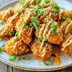 - 2 large chicken breasts, cut into bite-sized pieces - 1 teaspoon garlic powder - 1 teaspoon paprika - Salt and pepper to taste - 1 cup cornstarch - 2 eggs, beaten - 1 cup panko breadcrumbs - Oil for frying - 1/2 cup mayonnaise - 1/4 cup sweet chili sauce - 2 tablespoons sriracha - 1 tablespoon honey - 1 teaspoon lime juice - Chopped green onions, for garnish - Sesame seeds, for garnish Making Bang Bang Chicken is all about the right mix of flavors. The chicken is the star, and the spices add depth. I like to use large chicken breasts to make sure each bite is juicy. Cutting them into small pieces helps with cooking and eating. For seasoning, I use garlic powder, paprika, salt, and pepper. These simple spices really boost the flavor of the chicken. To coat the chicken, you need three bowls. One for cornstarch, one for beaten eggs, and one for panko breadcrumbs. The cornstarch gives a nice crunch. The eggs help the breadcrumbs stick well. Panko adds a light and crispy texture. Now, let’s talk about the Bang Bang sauce. This sauce is creamy, sweet, and a bit spicy. It starts with mayonnaise and sweet chili sauce. These two provide a rich base. I add sriracha for heat. You can adjust it based on how spicy you want it. Honey adds sweetness, and lime juice gives a nice zing. Don't forget the garnishes! Chopped green onions and sesame seeds brighten up the dish. They add color and a bit of crunch too. With these ingredients, you're set to make a tasty Bang Bang Chicken that everyone will love! First, let’s season the chicken pieces. In a bowl, mix garlic powder, paprika, salt, and pepper. Toss the chicken bites in the bowl to coat them well. This adds great flavor to each piece. Next, set up your breading station. You will need three bowls. One bowl holds cornstarch, another has beaten eggs, and the last has panko breadcrumbs. This setup will help you coat the chicken evenly and quickly. Now, let’s coat the chicken. Take a piece of chicken and dip it in the cornstarch. Make sure it is fully coated. Next, dip it in the beaten egg, allowing the excess to drip off. Finally, roll it in the panko breadcrumbs. Press gently to ensure a good coating. For even coating, shake off extra crumbs after each dip. This helps the breading stick better while frying. Next, we fry the chicken. Heat oil in a large frying pan over medium-high heat. You want the oil hot, but not smoking. To check, drop a small piece of bread in. It should sizzle right away. Add the breaded chicken pieces in batches. Avoid overcrowding the pan; this keeps the oil hot. Fry each piece for about 4-5 minutes on each side. They should turn golden brown and be cooked through. After frying, drain them on paper towels. Let’s make the Bang Bang sauce. In a bowl, whisk together mayonnaise, sweet chili sauce, sriracha, honey, and lime juice. Mix until smooth. Adjust the sriracha for heat. If you like it spicy, add more! Now, it’s time to combine the chicken and sauce. Place the fried chicken in a large mixing bowl. Drizzle the Bang Bang sauce over the chicken. Toss gently until every piece is well-coated. This adds flavor to each bite. For garnishing, transfer the sauced chicken to a serving platter. Sprinkle chopped green onions and sesame seeds on top. This adds color and crunch. Serve it hot! Bang Bang Chicken pairs well with rice or a fresh salad. Enjoy your tasty creation! To get that crispy fried chicken, choose the right oil. Use oils with high smoke points, like canola or peanut oil. These oils fry well and do not burn easily. To avoid a greasy finish, do not overcrowd the pan. Fry in small batches for even cooking. Let the chicken rest on paper towels. This step helps absorb extra oil. To boost the taste, add more spices. Try onion powder or cayenne for extra zing. If you want a healthier option, replace mayonnaise with Greek yogurt. You can also use honey substitutes, like agave syrup. These small changes keep flavor high and calories low. You can also make Bang Bang Chicken using an air fryer. Spray the chicken with oil and cook at 400°F for 10-12 minutes. Flip halfway through for even cooking. For a baked version, preheat your oven to 425°F. Place the chicken on a baking sheet and bake for 20-25 minutes. Both methods give you a healthier option without losing taste. {{image_2}} You can make Bang Bang Chicken even spicier! To adjust heat levels in the sauce, start with the sriracha. Use one tablespoon for mild heat. If you want it hotter, add more sriracha. You can also add red pepper flakes to the sauce. This will give it a nice kick! Taste the sauce as you go. This way, you get the heat just right for your taste. I love serving Bang Bang Chicken in bowls. It makes a great meal! Start with a bed of rice or noodles. White rice, brown rice, or even jasmine rice works well. You can also use ramen or udon noodles. Place the sauced chicken on top. Add some veggies like steamed broccoli or carrots. Drizzle more sauce over the top for extra flavor. Garnish with green onions and sesame seeds for a pretty finish. Not a meat eater? No problem! You can make a vegetarian version of Bang Bang Chicken. Try using tofu or tempeh instead of chicken. For tofu, press it to remove moisture. Cut it into cubes, then coat it just like the chicken. Fry until golden brown. For tempeh, steam it first for better texture. Then, slice and coat it. Both options will soak up the sauce well and taste delicious! After you enjoy your Bang Bang Chicken, you may have some left. To store it well, first let it cool down. Place the chicken in an airtight container. You can keep it in the fridge for up to three days. If you want to keep it longer, freezing is a great option. When reheating, you want to keep that crispy texture. The best way is to use an oven. Preheat your oven to 375°F (190°C). Spread the chicken on a baking sheet. Heat it for about 10-15 minutes. This method helps to bring back the crunch. You can also use an air fryer for a quick reheat. Set it to 350°F (175°C) and heat for 5-7 minutes. Freezing Bang Bang Chicken is simple. First, make sure it is completely cool. Then, place the chicken in a freezer-safe bag. Squeeze out any air before sealing. For the sauce, store it in a separate container. You can freeze the chicken and sauce for up to three months. When ready to enjoy, thaw in the fridge overnight. Reheat as mentioned above for the best taste. You can serve Bang Bang Chicken with rice, noodles, or salad. Steamed veggies also pair well. They add color and nutrition to your plate. You can use jasmine rice for a fragrant touch. For a crunchy option, try a fresh cucumber salad. Yes, you can prep Bang Bang Chicken ahead. You can bread the chicken and store it in the fridge. Frying it just before serving keeps it crispy. The sauce can also be made in advance. Store it in the fridge in a sealed container. Bang Bang Sauce is creamy and sweet with a kick. It uses mayonnaise, sweet chili sauce, and sriracha. Other sauces may not have this unique mix. Some may focus on being spicy or tangy, but Bang Bang is a balance of flavors. To adjust for more servings, simply double or triple the ingredients. Make sure to fry in batches to keep the oil temperature steady. This ensures all pieces cook evenly. You can also make extra sauce for more flavor. Yes, you can make Bang Bang Chicken gluten-free. Use gluten-free panko breadcrumbs instead of regular ones. Check that your sauces are gluten-free too. Many brands offer gluten-free sweet chili and sriracha sauces. This recipe covers everything you need for Bang Bang Chicken, from ingredients to cooking tips. You learned about the perfect chicken coating and the flavorful sauce that makes it special. I hope you feel ready to try this at home. Whether you prefer frying, baking, or air frying, there’s a method for you. Enjoy experimenting with flavors and variations, like adding spices or making it vegetarian. With these tips, you can create a dish that impresses others and delights your family. Bang Bang Chicken is both fun to make and delicious to eat!