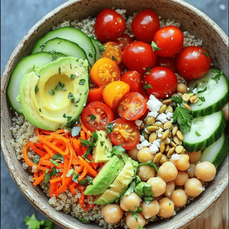 - 1 cup quinoa, rinsed - 2 cups vegetable broth or water - 1 cup cherry tomatoes, halved - 1 cup cucumber, diced - 1 red bell pepper, diced - 1 cup cooked chickpeas (canned or previously prepared) - 1 cup shredded carrots - 1 avocado, sliced - 1/4 cup fresh parsley, chopped - 1/4 cup tahini - 2 tablespoons lemon juice - 1 tablespoon olive oil - 1 teaspoon garlic powder - Salt and pepper to taste - Pumpkin seeds - Feta cheese - Roasted nuts The main ingredients in this dish are packed with nutrients. Quinoa is a great source of protein and fiber. It is gluten-free, making it perfect for many diets. The colorful veggies add vitamins and minerals. Cherry tomatoes bring a sweet burst, while cucumbers add crispness. Red bell peppers provide a sweet crunch too. Chickpeas are full of protein and help keep you full. Carrots add a touch of sweetness and a nice texture. Avocado gives a creamy finish that ties it all together. Fresh parsley adds a pop of color and a fresh taste. For the dressing, tahini is rich and nutty. It pairs well with lemon juice, which adds a bright zing. Olive oil makes the dressing smooth and silky. Garlic powder gives a mild kick, while salt and pepper enhance all the flavors. Feel free to top your bowl with pumpkin seeds, feta cheese, or roasted nuts. These toppings add extra crunch and flavor. You can mix and match to suit your taste. This dish is not only healthy but also fun to make and customize! To cook quinoa, start by bringing 2 cups of vegetable broth or water to a boil in a medium pot. Once it's boiling, add 1 cup of rinsed quinoa. Stir it gently, then lower the heat to low. Cover the pot and let it simmer for 15 minutes. The quinoa will absorb the liquid and become fluffy. While the quinoa cooks, prepare the dressing. In a small bowl, whisk together 1/4 cup of tahini, 2 tablespoons of lemon juice, and 1 tablespoon of olive oil. Add 1 teaspoon of garlic powder, salt, and pepper to taste. Mix until smooth. Feel free to adjust the seasoning to fit your taste. Once the quinoa is cooked, fluff it with a fork in a large bowl. Then, mix in 1 cup of cherry tomatoes, 1 cup of diced cucumber, 1 red bell pepper (diced), 1 cup of cooked chickpeas, and 1 cup of shredded carrots. Stir everything together until it’s well combined. Drizzle the tahini dressing over the quinoa mixture. Toss gently to coat all the ingredients. Now, divide the quinoa mixture into serving bowls. Top each bowl with sliced avocado and chopped parsley. You can add optional toppings like pumpkin seeds, feta cheese, or roasted nuts for extra flavor. Enjoy your veggie-packed quinoa power bowl! To get fluffy quinoa, rinse it well. This removes bitter saponins. Use a 2:1 ratio of liquid to quinoa. Bring your vegetable broth or water to a boil. Then, lower the heat, cover, and let it simmer. Cooking for 15 minutes works well. After cooking, let it sit covered for 5 minutes. Fluff it gently with a fork. This prevents clumping and keeps it light. Adjusting the dressing can change the whole dish. Start with the basic tahini, lemon juice, olive oil, garlic powder, salt, and pepper mix. If you want more flavor, try adding a pinch of cayenne pepper for heat. For a twist, mix in some maple syrup or honey for sweetness. Taste and adjust as you go. This makes the dressing your own. Meal prep can make your week easier. Cook a larger batch of quinoa and store it in the fridge. You can prepare fresh veggies in advance too. Keep them in airtight containers. For serving, use vibrant bowls to make it eye-catching. Layer your quinoa and veggies. Top with avocado and parsley for color. Add toppings like pumpkin seeds or feta for crunch. Enjoy the beautiful presentation! {{image_2}} Quinoa is a great source of protein. It has all nine essential amino acids. This makes it a complete protein for vegetarians and vegans. Quinoa is also high in fiber. Fiber helps with digestion and keeps you feeling full longer. One cup of cooked quinoa has about 8 grams of protein and 5 grams of fiber. This makes it a smart choice for a power bowl. The veggies in this bowl pack a nutritional punch. Cherry tomatoes are high in vitamins C and K. They support your immune system and help with skin health. Cucumbers are refreshing and hydrating. They contain vitamins A and K, plus potassium. Red bell peppers are loaded with vitamin C. They have antioxidants that fight inflammation. Chickpeas add protein and fiber too. They are good for heart health and help keep blood sugar stable. Shredded carrots bring vitamin A to the mix, aiding vision and skin health. Healthy fats play a key role in this recipe. Avocado is a star ingredient. It is rich in monounsaturated fats, which are good for your heart. These fats can lower bad cholesterol levels. Tahini, made from sesame seeds, is also a healthy fat source. It adds creaminess and flavor. Tahini contains healthy minerals like calcium and iron. Together, these fats support brain health and keep you feeling satisfied. You can easily adapt this recipe to fit your diet. For a vegan option, skip any cheese on top. Use plant-based toppings like nuts or seeds instead. If you need it to be gluten-free, rejoice! Quinoa is gluten-free. Just ensure your broth is also gluten-free. For a low-carb version, reduce the chickpeas and skip the avocado. Add more leafy greens instead. Feel free to swap ingredients based on what you have at home. Instead of cherry tomatoes, use diced bell peppers or zucchini. If you want a different protein, try black beans or edamame. For greens, think about adding spinach or kale. You can also replace shredded carrots with beets or cabbage for a new twist. Spice things up with different flavors! Add cumin or smoked paprika for a warm taste. If you like it spicy, toss in some red pepper flakes or chili powder. For dressings, try a yogurt-based sauce or vinaigrette. You can also mix in some fresh herbs like basil or cilantro for a fragrant touch. Each change can make your veggie-packed quinoa power bowl unique and delicious! Yes, you can make this recipe ahead of time. Store the quinoa and veggies in an airtight container. It will last in the fridge for about three to four days. When you want to eat, just reheat the quinoa in the microwave or on the stove. Add a splash of vegetable broth or water to keep it moist. Toss in fresh toppings like avocado just before serving. This keeps your meal fresh and tasty. Quinoa is gluten-free. It is a grain that comes from a seed. Many people with gluten allergies can enjoy it safely. Quinoa can replace wheat, barley, or rye in meals. It also packs lots of nutrients and protein. This makes it a great choice for many diets. To boost protein in your quinoa power bowl, add ingredients like: - Cooked lentils - Grilled chicken or turkey - Tofu or tempeh - Edamame - Nuts or seeds, like almonds or sunflower seeds These options add flavor and extra protein to your meal. Mix and match them to suit your taste! This article covered a tasty quinoa dish that's easy to make and healthy. We detailed key ingredients, dressings, and seasonings. Then we walked through cooking steps and shared tips for perfect quinoa. We also explored its health benefits and possible variations for different diets. Remember, you can customize this meal to fit your taste. Whether you stick to the basics or experiment with new flavors, enjoy the process and the health benefits!