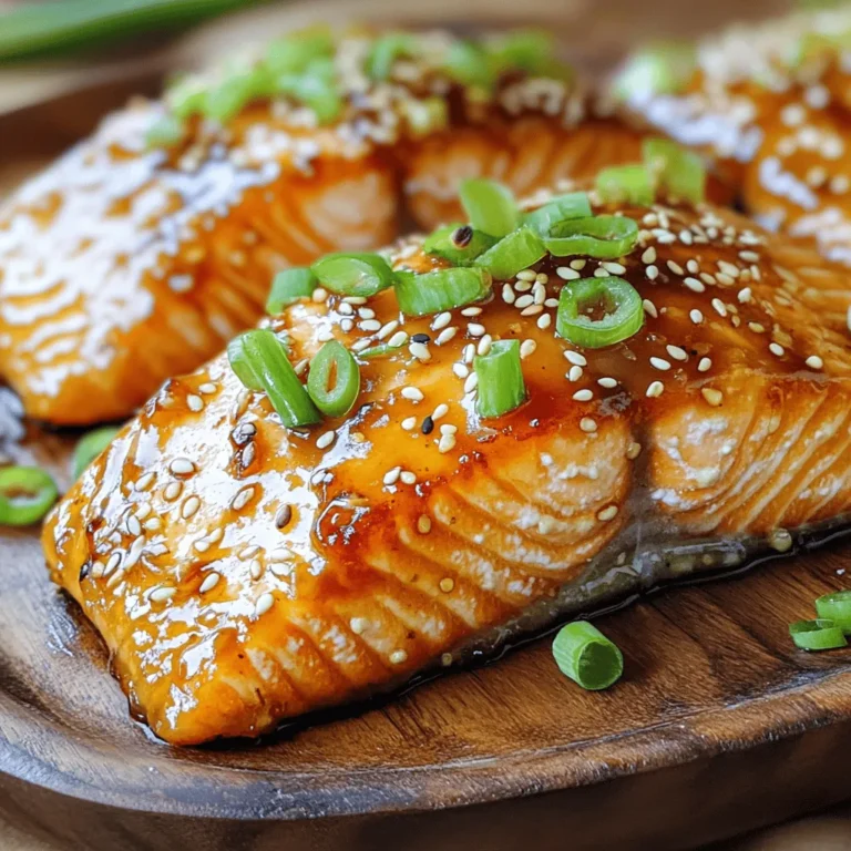 - 4 salmon fillets - 1/4 cup honey - 3 tablespoons soy sauce - 4 cloves garlic, minced - 1 tablespoon fresh ginger, grated To make honey garlic glazed salmon, you need fresh salmon fillets. They should be thick and firm. Honey adds sweetness and helps create a nice glaze. Soy sauce gives the dish a savory touch. Garlic and ginger bring a warm, spicy flavor that makes the glaze shine. - 1 tablespoon sesame seeds - 2 green onions, sliced Garnishes elevate the dish. Sesame seeds add a nutty crunch. Green onions bring freshness and color. Both make your plate look beautiful and appetizing. - Salt - Pepper Seasoning is key! A little salt enhances the taste of the salmon. Pepper adds a mild bite. Adjust these to your liking for the best flavor. 1. Start by grabbing a small bowl. Add 1/4 cup honey, 3 tablespoons soy sauce, 4 minced garlic cloves, and 1 tablespoon of grated ginger. 2. Whisk these ingredients together until they blend well. This mixture creates a sweet and savory glaze. 3. Once mixed, set the glaze aside. It will be used later to flavor the salmon. 1. Heat 1 tablespoon of olive oil in a large non-stick skillet. Set the heat to medium-high. 2. While the skillet heats, season 4 salmon fillets with salt and pepper on both sides. This adds flavor to the fish. 3. When the skillet is hot, place the salmon fillets skin-side down. Cook for about 4 minutes. You want the skin to become crispy. 4. Carefully flip the salmon fillets over. Pour the honey garlic mixture over the salmon. Cook for another 3 to 4 minutes. Baste the salmon with sauce as it cooks. This helps it caramelize and adds flavor. 1. After cooking, remove the salmon from the skillet. Let it rest for a minute. This helps keep it moist. 2. Drizzle any leftover glaze from the skillet over the salmon. This adds even more flavor. 3. Finally, garnish with 1 tablespoon of sesame seeds and sliced green onions. These give a nice crunch and color to the dish. To get crispy skin, start with a hot skillet. Heat your non-stick skillet on medium-high. This heat helps the skin crisp up nicely. Cook the salmon skin-side down for about 4 minutes. You want the skin to turn golden brown. Avoid moving the salmon around too much during this time. Let it sit and cook. Check if the salmon is done by looking for a warm, pink center. It should flake easily with a fork. If it seems too raw, let it cook a bit longer. Basting enhances flavor. Pour the honey garlic glaze over the salmon after flipping it. This adds a rich taste and helps keep the salmon moist. You can add more spices to vary the taste. A pinch of red pepper flakes gives some heat. Lemon zest adds brightness and freshness. Pair the salmon with sides like rice or steamed veggies. These sides balance the sweet glaze and make your meal complete. {{image_2}} To make this dish a bit lighter, try using low-sodium soy sauce. This change cuts back on salt without losing flavor. You can also swap honey for a healthier sweetener, like maple syrup or agave. Both options give a sweet taste and add a unique twist to your glaze. You can boost the taste by adding citrus. A splash of lemon or lime juice brightens the dish. This addition gives it a fresh zing that pairs well with salmon. Don’t be shy about using herbs, either. Fresh cilantro adds a nice touch, making the dish feel vibrant and new. If you want to change how you cook the salmon, consider grilling it. Grilling gives the fish a smoky flavor that’s hard to beat. Simply season the salmon and place it on a hot grill for a few minutes on each side. You can also bake it in the oven. Preheat your oven to 400°F and bake the salmon for about 12-15 minutes. This method allows the salmon to cook evenly and stay moist. To keep your leftover salmon fresh, place it in the fridge. Wrap it tightly in plastic wrap or foil. You can also use an airtight container. This seals in moisture and keeps the salmon tasty. Aim to eat it within 2 to 3 days for the best flavor. When reheating, you want to keep the salmon moist. The best way is to use the oven. Preheat it to 275°F (135°C). Place the salmon in a baking dish and cover it with foil. This helps keep the moisture in. Heat for about 15 minutes or until warm. You can also use a microwave. Place the salmon on a microwave-safe plate. Cover it with a damp paper towel and heat in 30-second bursts. Check often to avoid drying out the fish. To freeze your honey garlic glazed salmon, let it cool first. Wrap each piece tightly in plastic wrap. Then, place the wrapped salmon in a freezer bag. Squeeze out any air before sealing. This prevents freezer burn. You can freeze it for up to 2 months. When ready to eat, thaw it in the fridge overnight. This method helps maintain the flavor and texture. I recommend using wild-caught salmon for its rich flavor. Wild salmon is often firmer and has a better taste compared to farmed salmon. If you choose farmed salmon, look for options that are raised sustainably. Both types will work, but the wild-caught variety shines in this dish. Yes, you can use other fish, like trout or tilapia. Both have mild flavors and cook well with the honey garlic glaze. Just adjust the cooking time so the fish doesn't overcook. You want it flaky but moist. Experimenting with different fish can lead to tasty new meals. This recipe serves four, but you can easily scale it. For two servings, simply halve the ingredients. For six servings, multiply them by one and a half. Just make sure your skillet is big enough to cook all the fish at once. Enjoy your meal without any fuss! You learned how to make honey garlic glazed salmon using simple steps and key ingredients. The recipe highlights salmon, honey, soy sauce, garlic, and ginger, ensuring a tasty dish. I shared tips for cooking and garnishing, plus ways to make it healthier or swap flavors. Remember to store leftovers properly to enjoy them later. This dish can impress anyone with its flavor and ease, making it a wonderful addition to your meals. Enjoy experimenting with variations and sharing your tasty results!