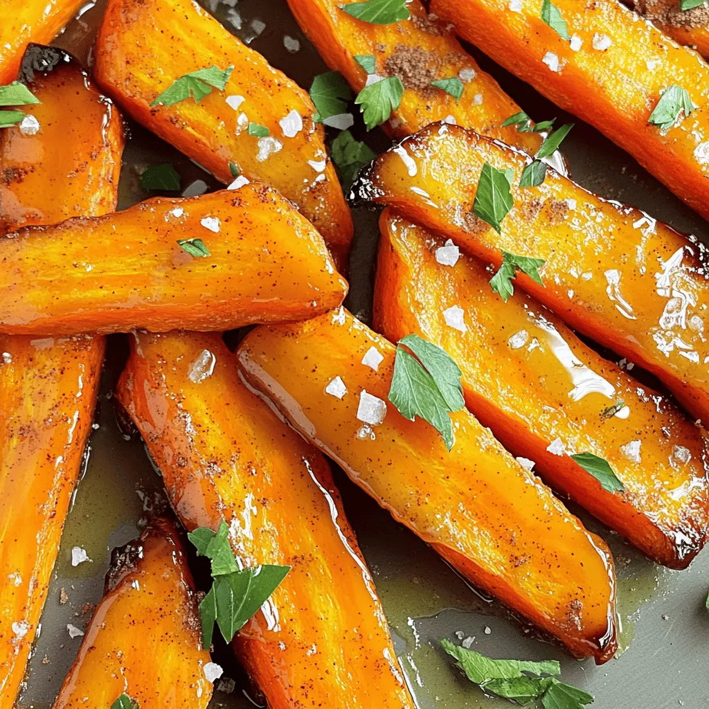 To make these tasty carrot fries, you need a few simple items. Here’s what you will need: - 4 large carrots, peeled and cut into fries - 2 tablespoons olive oil - 3 tablespoons pure maple syrup - 1 teaspoon ground cinnamon - 1/2 teaspoon sea salt - Freshly cracked black pepper, to taste These ingredients blend well to create a sweet and savory taste. Besides the main ingredients, you can enhance the flavor with some extra spices. Here are some great options: - Smoked paprika for a hint of smokiness - Garlic powder for a savory kick - Cayenne pepper for a touch of heat Feel free to mix and match these spices. You can find your favorite flavor. For a lovely finish, add some garnishes to your fries. Here are some ideas: - Fresh parsley, chopped for color - Grated parmesan for a cheesy touch - Toasted nuts like walnuts for crunch These garnishes make the dish even more appealing. They add flavor and texture to your carrot fries. Enjoy experimenting with these options! First, grab four large carrots. Peel them well. Cut each carrot into fry shapes. Aim for even sizes so they cook the same. Place the cut fries in a large mixing bowl. Next, add two tablespoons of olive oil to the bowl. Pour in three tablespoons of pure maple syrup. Add one teaspoon of ground cinnamon and half a teaspoon of sea salt. If you like, add freshly cracked black pepper to taste. Mix everything well until the carrot fries are coated. Now, preheat your oven to 425°F (220°C). Line a baking sheet with parchment paper. Spread the carrot fries on the sheet in a single layer. Make sure they have space. Bake for 20-25 minutes. Flip them halfway through for even cooking. When they are tender and a bit caramelized, take them out. Let them cool for a moment. Garnish with chopped parsley before serving for a fresh look. To get your carrot fries crispy, follow these steps: - Cut Evenly: Make sure you cut the carrots into similar sizes. This helps them cook evenly. - Dry Before Coating: Pat the carrot fries dry with a towel before mixing. Less moisture means more crunch. - Single Layer on Sheet: Spread the fries out on the baking sheet. If they touch, they will steam instead of crisp up. - Flip Halfway: Flipping the fries halfway through baking ensures even browning. It’s a key step for great texture. You can customize the sweetness and spice levels based on your taste: - Maple Syrup: Start with three tablespoons. If you want more sweetness, add a bit more. - Cinnamon Kick: One teaspoon of cinnamon gives a warm, cozy flavor. If you like it spicier, add a pinch of nutmeg or allspice. - Salt Balance: Use sea salt to enhance the natural sweetness of the carrots. Start with half a teaspoon and adjust to your liking. These maple glazed carrot fries are great as a snack or side dish: - Dip Ideas: Try them with yogurt dip or ranch dressing. The cool dip pairs well with the sweet fries. - Garnish: Fresh parsley adds a nice green touch. It also gives a pop of flavor. - Pairing: Serve with grilled chicken or fish for a balanced meal. The sweetness of the carrots complements savory dishes perfectly. {{image_2}} You can make these carrot fries in an air fryer. First, prepare the carrot fries as usual. Preheat your air fryer to 400°F (200°C). Place the seasoned carrot fries in the basket. Cook them for about 15-20 minutes. Shake the basket halfway through to ensure even cooking. The air fryer gives you a crispy texture with less oil. Feel free to mix in other veggies! Sweet potatoes, parsnips, or even zucchini work great. Cut them into similar fry shapes. Adjust the cooking time as needed. Each vegetable brings its own flavor to the dish. This mix can make your snack even more colorful and fun. If you like heat, add some spice! Mix in a pinch of cayenne pepper when you prepare the fries. You can also use chili powder for a different kick. The warmth of the spice pairs well with the sweetness of the maple syrup. This twist adds a zesty surprise to your healthy snack. You can store leftover maple glazed carrot fries in the fridge. Place them in an airtight container. They stay fresh for about 3 days. Make sure they cool down before sealing the container. This keeps them tasty and prevents sogginess. To reheat your carrot fries, use an oven or air fryer. Preheat your oven to 350°F (175°C). Spread the fries on a baking sheet. Heat for about 10 minutes, flipping them halfway. If using an air fryer, set it to 350°F (175°C) and cook for 5-7 minutes. This will help keep them crispy. You can freeze these fries for future snacks. First, let them cool completely. Lay them flat on a baking sheet lined with parchment paper. Freeze for about 1-2 hours until solid. Then, transfer them to a freezer-safe bag. They can last up to 3 months in the freezer. When you're ready to eat, cook them from frozen in the oven. Yes, you can use baby carrots. They are sweet and tender. Just cut them into fry shapes. This will help them cook evenly. Keep in mind that baby carrots may take less time to bake. Check for doneness a few minutes early. The fries take about 20-25 minutes to cook. Bake them at 425°F (220°C). Flip them halfway through for even cooking. Look for a golden color and tender texture. If you want them crispier, add a few extra minutes. You can serve these fries with dips like ranch or yogurt sauce. They also pair well with grilled chicken or fish. A fresh salad adds a nice touch too. Feel free to experiment with your favorite foods. The sweet and savory flavor complements many dishes. Maple glazed carrot fries offer a tasty twist on a classic snack. We explored key ingredients, like fresh carrots and maple syrup, and discussed how to make the glaze. You learned step-by-step how to prep, bake, and add spices. With tips for perfecting crispiness and options like air frying, your skills will shine. Don’t forget about storage and serving ideas to keep the fun going. Enjoy making these flavorful fries, and let your creativity guide you with toppings and variations.