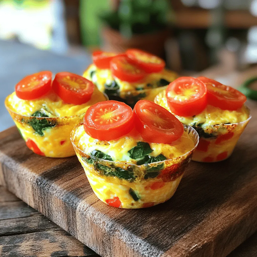 To make veggie-packed egg muffins, gather these ingredients: - 6 large eggs - 1/2 cup bell peppers (any color), diced - 1/2 cup spinach, chopped - 1/4 cup red onion, finely chopped - 1/2 cup cherry tomatoes, halved - 1/4 cup shredded cheese (cheddar or feta) - 1/4 teaspoon garlic powder - 1/4 teaspoon paprika - Salt and pepper to taste - Cooking spray or olive oil for greasing Each ingredient adds flavor and nutrition. The eggs serve as the base, while the veggies boost the dish's health. Cheese adds creaminess, and spices give it a kick. You can easily swap out ingredients based on your taste. Here are some ideas: - Use egg whites instead of whole eggs for a lighter option. - Replace bell peppers with zucchini or mushrooms for a different flavor. - Try kale instead of spinach for a heartier green. - Use different cheeses, like mozzarella or goat cheese, for new tastes. These substitutions keep the recipe flexible. You can adjust it based on what you have at home. Want to enhance the taste? Here are some optional ingredients: - Fresh herbs like parsley or basil for added freshness. - A dash of hot sauce for a spicy kick. - Cooked bacon or sausage for a meaty version. Feel free to mix and match these options to find your favorite combo. These choices let you make the muffins unique to your taste. 1. Start by preheating your oven to 375°F (190°C). This helps cook the muffins evenly. 2. Lightly grease a muffin tin with cooking spray or olive oil. This keeps the muffins from sticking. 3. In a large mixing bowl, crack the 6 large eggs. Whisk them well until they blend fully. 4. Add 1/2 cup diced bell peppers, 1/2 cup chopped spinach, and 1/4 cup finely chopped red onion to the bowl. 5. Toss in 1/2 cup halved cherry tomatoes, 1/4 cup shredded cheese, 1/4 teaspoon garlic powder, and 1/4 teaspoon paprika. 6. Season with salt and pepper to taste. Stir everything until it mixes well. 7. Carefully pour the egg mix into the muffin tin. Fill each cup about 3/4 full. This allows space for the muffins to rise. 8. Place the muffin tin in the preheated oven. Bake for 18-20 minutes. Watch for a golden top and firm texture. 9. Once baked, take the muffin tin out of the oven. Let it cool for a few minutes. 10. Use a knife to gently loosen the muffins. Remove them from the tin. 11. Serve warm for a tasty treat or cool completely. Store in an airtight container in the fridge for up to 5 days. To make the best veggie-packed egg muffins, use fresh ingredients. Fresh veggies add more flavor and nutrients. Dice your bell peppers and chop the spinach small. This helps them cook evenly. Whisk the eggs well to mix the yolks and whites completely. This step adds fluffiness to your muffins. Fill each muffin cup about 3/4 full. This allows room for the muffins to rise. If you want a more intense flavor, add more garlic powder or paprika. Experiment with spices to find what you like best. After baking, let the muffins cool for a few minutes. This makes them easier to remove from the pan. Use a knife to gently loosen the edges. Store leftover muffins in an airtight container in the fridge. They will stay fresh for up to five days. For longer storage, freeze them. Place them in a freezer-safe bag. When you're ready to eat, reheat them in the microwave. Just a minute or two will warm them up nicely. If your muffins sink in the middle, you may have filled them too high. Next time, fill them only 3/4 full. If they are too dry, try adding a splash of milk to the egg mixture. This will make them moister. If they stick to the pan, ensure you grease it well before adding the mixture. You can also try using silicone muffin cups. They make removal easy and clean-up a breeze. {{image_2}} You can boost the nutrition of your egg muffins by adding more veggies. Here are some great options: - Zucchini: Grate it for a moist texture. - Mushrooms: Sauté them first for better flavor. - Broccoli: Chop it finely for a healthy crunch. - Carrots: Shred them for a touch of sweetness. These add-ins keep the muffins colorful and tasty. You can mix and match based on what you have. Use any vegetable you love! If you want to add some protein, consider these meat choices: - Cooked bacon: Crumble it for a salty bite. - Sausage: Cook and chop it for a hearty flavor. - Ham: Dice it up for a classic touch. - Turkey: Use lean turkey for a healthier option. These meats work well with the eggs and veggies. Choose what fits your taste for an extra boost! Cheese adds creaminess and flavor. Here are some great options to try: - Cheddar: A classic choice for its sharp taste. - Feta: Crumbly and tangy, it adds a Mediterranean flair. - Mozzarella: Use shredded for a gooey texture. - Goat cheese: Its tanginess makes the muffins special. Feel free to experiment with different cheeses. Each one brings a unique taste and texture to your muffins! After you cook your veggie-packed egg muffins, let them cool. Once cool, place muffins in an airtight container. Store them in the fridge for up to five days. This keeps them fresh and tasty. Make sure to keep them sealed well to avoid drying out. If you want to save some for later, freezing is easy. Wrap each muffin in plastic wrap. Then, place them in a freezer-safe bag. Label the bag with the date. They can stay in the freezer for up to three months. This way, you have a quick meal ready when you need one. To reheat, take out a muffin and remove the wrap. You can use a microwave or oven. For the microwave, heat for about 30 seconds. For the oven, preheat to 350°F (175°C) and bake for 10 minutes. This will make the muffins warm and delicious again! Yes, you can use egg substitutes. Common options include flax eggs or aquafaba. Flax eggs are made by mixing one tablespoon of ground flaxseed with three tablespoons of water. Let it sit for a few minutes to thicken. Aquafaba is the liquid from canned chickpeas. Use three tablespoons of aquafaba for each egg. Both options work well in this recipe. They add moisture and help bind the ingredients. The muffins stay fresh for up to five days. Store them in an airtight container in the fridge. If you want them to last longer, consider freezing them. They freeze well and can keep for up to three months. Just make sure to wrap them tightly to avoid freezer burn. Yes, you can easily make these muffins gluten-free. The main ingredient is eggs, which are naturally gluten-free. Use gluten-free cooking spray for the muffin tin. If you want extra texture, add gluten-free grains like quinoa or brown rice. These additions can enhance flavor while keeping the muffins gluten-free. This blog post covered all you need to know about baking muffins. We looked at ingredients, substitutions, and optional add-ins for extra flavor. I shared step-by-step instructions and offered tips to perfect your muffins. You also learned about storing and reheating them, plus answers to common questions. Now, you're ready to create the best muffins ever. Use this guide to experiment and enjoy delicious treats!