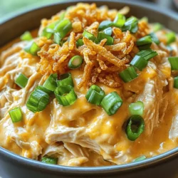 To make Slow Cooker Crack Chicken, you need the following: - 4 boneless, skinless chicken breasts - 1 packet (1 oz) ranch seasoning mix - 8 oz cream cheese, cubed - 1 cup shredded cheddar cheese These ingredients create a creamy and savory dish that is hard to resist. The chicken breasts cook to tender perfection, soaking up all the ranch flavor. You can make your dish even better with these garnishes: - Chopped green onions - Crispy fried onions Adding these toppings gives your meal a nice crunch and fresh taste. They also make your dish look pretty for serving. To enhance the flavor, include these items: - 1 cup chicken broth - Salt and pepper, to taste The chicken broth adds moisture and richness. Salt and pepper let you control the flavor to your liking. 1. Placing chicken in the slow cooker Start by placing four boneless, skinless chicken breasts at the bottom of your slow cooker. Make sure they lay flat. 2. Adding ranch seasoning and cream cheese Next, sprinkle one packet of ranch seasoning mix evenly over the chicken. Then, add eight ounces of cubed cream cheese on top. This will give the dish its creamy flavor. 3. Pouring chicken broth Pour one cup of chicken broth over the chicken and the other ingredients. This helps to keep everything moist while cooking. 4. Cooking times for low and high settings Cover the slow cooker. If you choose the low setting, cook for six to seven hours. For the high setting, three to four hours will do. The chicken should be cooked through and easy to shred. 5. Shredding the cooked chicken Once the cooking time is up, use two forks to shred the chicken right in the slow cooker. This makes it easier to mix everything together. 6. Mixing in cheese and seasoning to taste Stir in one cup of shredded cheddar cheese. Let it melt into the dish. Taste and add salt and pepper as needed. This will enhance the flavor. Enjoy your creamy, savory Crack Chicken! To keep your chicken moist, use boneless, skinless breasts. They cook evenly and stay juicy. Make sure you don't overcook them. For the best shredding, use two forks. Pull the chicken apart gently right in the slow cooker. This keeps all the tasty juices inside. To make your dish pop, you can try adding spices like garlic powder or smoked paprika. They add great depth. If you want to take it up a notch, consider using homemade ranch seasoning. It tastes fresh and brightens the dish. For this recipe, I recommend using a 6-quart slow cooker. It’s the perfect size for this meal. To prevent overcooking, set the timer and check the chicken after a few hours. If it pulls apart easily, it’s done. Trust your slow cooker, but keep an eye on the time! {{image_2}} You can easily switch up some ingredients in this recipe. For a fun twist, try different cheeses. Instead of cheddar, use pepper jack for a bit of heat. Cream cheese also has alternatives. You can use goat cheese or even ricotta. If you want to change the chicken, consider using thighs instead of breasts. Thighs have more fat and flavor. They also stay juicy, making your dish even better. Want some spice? Add sliced jalapeños to the mix. They will give your dish a nice kick. You can also make a Southwest-style Crack Chicken. Just add some taco seasoning and black beans. Top it with avocado and salsa. It’s a great way to switch things up. If you are watching carbs, you can make this dish low-carb. Skip the cream cheese and use cauliflower instead. It blends well and keeps it creamy. For those who need dairy-free options, use coconut cream. It adds a nice taste without the dairy. These variations make the recipe fun and customizable. Enjoy experimenting! To store leftovers, let the Crack Chicken cool down. Then, place it in an airtight container. Glass or plastic containers work best. Make sure to seal them tightly to keep moisture in. This keeps the chicken fresh and tasty. Leftovers can stay in the fridge for up to four days. You can freeze cooked Crack Chicken for later use. First, let it cool completely. Then scoop it into freezer-safe bags or containers. Make sure to remove as much air as possible to prevent freezer burn. It keeps well for up to three months. To reheat, simply thaw it in the fridge overnight. Then heat it on the stove or microwave until hot. Crack Chicken lasts about four days in the fridge. If you freeze it, it stays good for three months. After this time, it may lose flavor and texture. Always check for any signs of spoilage before eating. Crack Chicken is a creamy and flavorful dish made with chicken, ranch seasoning, and cheese. It gets its name from its addictive taste. The dish likely originated from a mix of classic comfort food and ranch-style flavors. People love it for its rich texture and ease of preparation. Yes, you can make Crack Chicken ahead of time. This dish is perfect for meal prep. Just cook it, shred the chicken, and store it in the fridge. It will stay fresh for about 3 to 4 days. You can also freeze it for up to three months. Just thaw and reheat when you are ready to eat. To adjust the serving size, you can easily scale the recipe. If you want to serve more people, just double the ingredients. If you need less, cut them in half. The cooking time will stay the same, so you do not need to worry about that. Crack Chicken pairs well with many sides. Here are some great options: - Rice or quinoa for a filling meal - Steamed veggies for a healthy touch - Fresh salad for a light crunch - Buns for sliders or sandwiches These sides help balance the rich flavors of the chicken. Enjoy experimenting with different combinations! This blog post covered the key ingredients and steps to make Slow Cooker Crack Chicken. You learned about essential and optional components. We explored tips for texture and flavor, plus ideas for variations and storage. In summary, this dish is simple and versatile. Feel free to customize it based on your taste. Enjoy your cooking adventure and make this easy meal your own!